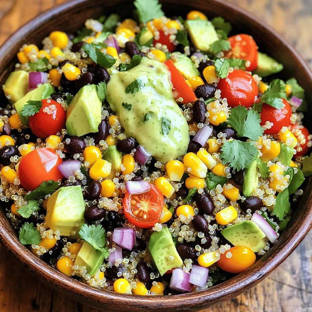 To make a delightful Southwestern Quinoa Salad, gather these fresh ingredients: - 1 cup quinoa, rinsed - 2 cups vegetable broth - 1 cup black beans, drained and rinsed - 1 cup corn, fresh or frozen - 1 red bell pepper, diced - 1 avocado, diced - 1/2 cup cherry tomatoes, halved - 1/4 cup red onion, finely chopped - 1/4 cup fresh cilantro, chopped - 1 lime, juiced - 2 tablespoons olive oil - 1 teaspoon cumin - Salt and pepper to taste Quinoa is a superfood packed with protein. It has all nine essential amino acids. This makes it a complete protein source, great for vegans and vegetarians. Quinoa is also high in fiber, which helps digestion. It can lower cholesterol and keep you full longer. Plus, it has iron and magnesium, which are good for your body. Fresh ingredients make a big difference in flavor and nutrition. Fresh vegetables add crunch and vibrant colors to your salad. They also provide vitamins and minerals that are important for health. Using fresh herbs, like cilantro, boosts flavor without extra calories. Always choose the best quality ingredients for the best results. You’ll taste the difference in every bite! First, rinse one cup of quinoa in a fine mesh strainer. This step helps remove bitter flavors. Next, in a medium saucepan, combine the rinsed quinoa with two cups of vegetable broth. Bring the mixture to a boil over medium heat. Once it boils, lower the heat to a simmer. Cover the pot and let it cook for about 15 to 20 minutes. You want the liquid to be absorbed and the quinoa to be fluffy. After it's done, remove it from the heat and let it cool. While the quinoa cools, grab a large bowl. Add one cup of black beans, which should be drained and rinsed. Then, toss in one cup of corn; fresh or frozen works well. Next, add a diced red bell pepper for crunch and color. Don’t forget one diced avocado for creaminess. Also, include half a cup of cherry tomatoes, halved for bite-sized pieces. Add in a quarter cup of finely chopped red onion and a quarter cup of fresh cilantro. Gently mix all these ingredients together. In a small bowl, whisk together the juice of one lime, two tablespoons of olive oil, and one teaspoon of cumin. Don’t skip the salt and pepper; add them to taste. This dressing brings all the flavors together. After whisking, pour it over the salad mixture. Finally, add the cooled quinoa to the bowl. Toss everything gently to combine. Be careful not to mash the avocado. Let the salad sit for at least ten minutes so the flavors can meld. Enjoy your fresh and nutritious meal! To make fluffy quinoa, rinse it well before cooking. This step removes any bitter taste. Use a medium saucepan and combine one cup of rinsed quinoa with two cups of vegetable broth. Bring the mixture to a boil over medium heat. Once boiling, reduce the heat to low, cover, and simmer for about 15 to 20 minutes. When the liquid is absorbed, remove it from heat. Let it cool for a few minutes, then fluff it with a fork to separate the grains. To boost the flavor of your salad, use fresh herbs. Fresh cilantro adds a bright taste. You can also try adding lime juice for a zesty kick. Cumin gives the dish a warm flavor. For a little heat, add diced jalapeños. Adjust the salt and pepper to your liking. Mixing different ingredients like black beans, corn, and bell peppers creates a vibrant flavor profile. This salad shines as a main dish or a side. Serve it chilled or at room temperature. Add slices of grilled chicken or shrimp for extra protein. You can also pair it with tortilla chips for a crunchy contrast. For a fun twist, serve it in avocado halves or lettuce wraps. Enjoy the colorful presentation and the fresh taste! {{image_2}} You can boost your Southwestern Quinoa Salad with protein. Adding grilled chicken or shrimp makes it heartier. If you prefer plant-based protein, try chickpeas or diced tofu. These options add texture and flavor. They also make the meal more filling and nutritious. Feel free to swap ingredients based on what you have. Instead of black beans, use pinto beans or kidney beans. If you can’t find red bell pepper, yellow or orange peppers work well too. You can even change up the herbs. Try parsley or green onions instead of cilantro for a fresh twist. The dressing can change the whole salad experience. You can use a simple vinaigrette made of olive oil and vinegar. For a creamy option, add yogurt or avocado to your dressing. Spicy lovers might enjoy a kick with hot sauce or chipotle in adobo. Each dressing brings a new flavor, so don’t hesitate to experiment! Store any leftover Southwestern quinoa salad in an airtight container. This keeps it fresh. You can keep it in the fridge for up to three days. If you add avocado, eat it sooner. The avocado can brown quickly. For meal prep, divide the salad into individual containers. This makes it easy to grab and go. You can also store the dressing separately. This way, it stays fresh and the salad won’t get soggy. Combine them just before eating. You can eat the salad cold or warm. If you like it warm, heat it in the microwave. Use a microwave-safe dish and cover it. Heat for about 30 seconds, then stir. Check the temperature. If it’s not warm enough, heat it for another 30 seconds. Make sure not to overheat; it can change the texture. Yes, quinoa is gluten-free. It is a seed, not a grain. Many people with gluten issues enjoy quinoa. You can use quinoa in many dishes instead of wheat. It adds protein and flavor to meals. Yes, you can make this salad ahead of time. It keeps well in the fridge. The flavors blend nicely when it sits. Just add the avocado and dressing right before serving. This keeps them fresh and tasty. Some great toppings are sliced jalapeños, feta cheese, or crushed tortilla chips. You can also add extra cilantro or lime wedges. These toppings add crunch and flavor. Mix and match to find your favorite combo! This blog post covers all you need to make a delicious Southwestern Quinoa Salad. We explored the key ingredients, how to cook and mix them, and tips for fluffy quinoa. I shared tasty variations and smart storage tips. In closing, fresh ingredients make a big difference. Experiment with flavors and toppings to find your perfect mix. Enjoy your time creating this healthy dish!