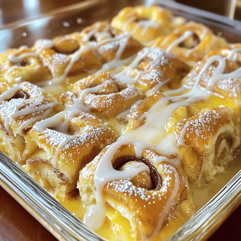 To make the Cinnamon Roll French Toast Casserole, gather the following items: - 4 cans of refrigerated cinnamon rolls - 6 large eggs - 1 cup milk - 1 teaspoon vanilla extract - 1 teaspoon ground cinnamon - 1/4 teaspoon nutmeg - 1/4 cup maple syrup - Optional: powdered sugar for dusting These ingredients work together to create a warm, sweet dish. The cinnamon rolls provide a soft base. Eggs and milk bind everything, giving it a custard-like texture. Vanilla extract adds depth, while cinnamon and nutmeg bring warmth. Maple syrup sweetens the dish and enhances the flavor. You can also dust with powdered sugar for extra sweetness. This dish is perfect for breakfast or brunch. It feeds a crowd and makes mornings feel special. - Preheat your oven to 350°F (175°C). Grease a 9x13 inch baking dish. - Open the cans of cinnamon rolls. Cut each roll into quarters and place them in the dish. - In a large bowl, whisk together 6 eggs, 1 cup of milk, and 1 teaspoon of vanilla extract. - Add 1 teaspoon of ground cinnamon, 1/4 teaspoon of nutmeg, and 1/4 cup of maple syrup to the bowl. Mix until everything is combined. - Pour this egg mixture over the cinnamon roll pieces. Make sure every piece gets soaked. Let it sit for 10-15 minutes so the rolls can absorb the liquid. - Bake the casserole in the preheated oven for 25-30 minutes. Look for a golden brown top and set filling. - While it bakes, prepare the icing from the cinnamon rolls following the package directions. - Once baked, take it out and let it cool for a few minutes. Drizzle the icing over the top. Enjoy warm with extra maple syrup on the side. To make your casserole perfect, ensure even soaking. Cut the cinnamon rolls into quarters. Spread them out in the baking dish. This way, every piece gets soaked well. When you pour the egg mixture, do it slowly. Make sure each piece is covered. Let it sit for 10-15 minutes. This helps the rolls soak up the flavors. Avoiding overbaking is key. Keep an eye on the casserole while it bakes. Check for a golden brown top. It should be set in the middle. If you bake too long, it can dry out. Aim for 25-30 minutes in the oven. For the best flavor, serve with maple syrup. Drizzle it on top right before eating. Powdered sugar adds a nice touch too. Just dust a little on top after baking. This dish is perfect for breakfast or brunch. It’s great for family gatherings or special occasions. You can also serve it as a fun dessert. Warm pieces with a scoop of ice cream work wonders. Enjoy the blend of cinnamon and sweet syrup! {{image_2}} You can easily change the taste of your Cinnamon Roll French Toast Casserole. Adding fruits like berries or bananas brings freshness. You can also mix in nuts like walnuts or pecans for crunch. If you want a fun twist, try using alternative spice blends. Instead of just cinnamon, add pumpkin spice for a warm flavor. You could even use cardamom for a unique taste. To make this dish vegan, replace the eggs with flax eggs. Use almond milk instead of regular milk. You can find dairy-free cinnamon rolls in stores. If you need a gluten-free option, choose gluten-free cinnamon rolls. This way, everyone can enjoy this tasty casserole. To keep your Cinnamon Roll French Toast Casserole fresh, store it in the fridge. Place any leftovers in an airtight container. This way, it stays moist and tasty. It can last in the fridge for up to three days. If you want to keep it longer, freezing is a great option. For freezing, cut the casserole into single servings. Wrap each piece in plastic wrap, then place them in a freezer bag. Label the bag with the date so you know how long it’s been there. It can stay in the freezer for up to two months. When you’re ready to enjoy your casserole again, reheating is easy. The best method is to use the oven. Preheat it to 350°F (175°C). Place the casserole or individual pieces in an oven-safe dish. Cover with foil to keep it from drying out. Heat for about 15-20 minutes or until warmed through. You can also use the microwave for quick reheating. Just place a piece on a microwave-safe plate. Heat for 30 seconds to one minute. Check to see if it’s warm enough. The oven method keeps the texture nice, while the microwave is quick and handy. Enjoy your delicious leftovers! Can I make this casserole the night before? Yes, you can! Prepare the casserole the night before. Just cover it and keep it in the fridge. In the morning, bake it straight from the fridge. This saves time and makes breakfast easy. What can I substitute for cinnamon rolls? If you don’t have cinnamon rolls, try brioche or challah bread. These breads work well because they soak up the egg mixture nicely. You can also use store-bought or homemade sweet rolls. How do I know when it’s fully cooked? Check if the top is golden brown and firm. You can insert a knife in the center. If it comes out clean, it’s done. The casserole should not be wobbly. What drinks pair well with Cinnamon Roll French Toast Casserole? Coffee or chai tea makes a great match. You can also serve it with fresh orange juice. These drinks balance the sweetness of the casserole well. Can I serve this as a dessert? Absolutely! This casserole works as a sweet dessert too. Just add a scoop of vanilla ice cream on top. It will be a hit at any gathering. This Cinnamon Roll French Toast Casserole is simple and fun to make. We covered ingredients, preparation steps, and baking tips. You can add your own twist with fruits or nuts or adjust for dietary needs. Store leftovers for easy reheating later. I hope you feel inspired to try this tasty dish for breakfast or brunch. It’s a real crowd-pleaser that you can customize for any occasion. Enjoy every bite!