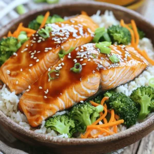 - 2 salmon fillets (about 6 oz each) - 1/4 cup teriyaki sauce - 1 tablespoon honey - Salt and pepper to taste - 1 cup jasmine rice - 2 cups water - 1 cup broccoli florets - 1/2 cup shredded carrots - 1 tablespoon olive oil - 1/4 cup sliced green onions - 1 tablespoon sesame seeds The ingredients for teriyaki salmon rice bowls are simple yet delightful. You start with salmon fillets, which give a rich, buttery taste. The teriyaki sauce adds a sweet and savory kick. Honey enhances that sweetness, bringing balance to the dish. Don't forget to season with salt and pepper, which highlights all the flavors. For the rice, jasmine is a perfect choice. Its fragrant aroma pairs well with the salmon. You&rsquo;ll need just two cups of water to cook it. Next, we have bright, fresh vegetables. Broccoli florets add crunch. Shredded carrots introduce color and sweetness. A touch of olive oil brings everything together when you saut&eacute; the veggies. To add the finishing touch, we use green onions and sesame seeds. They provide a pop of freshness and texture that makes this dish truly special. With these ingredients, you&rsquo;ll create a bowl that is not just tasty but also pleasing to the eye. Start by rinsing the jasmine rice. Place it in a fine mesh strainer. Rinse under cold water until the water runs clear. This step removes excess starch. It helps keep the rice from getting sticky. Next, add the rinsed rice to a medium saucepan. Pour in 2 cups of water. Bring this to a boil over high heat. Once boiling, lower the heat to low. Cover the pan with a lid and let it simmer for 15 minutes. After 15 minutes, turn off the heat. Let it sit covered for 5 minutes. Finally, fluff the rice with a fork before serving. While the rice cooks, prepare the salmon. In a small bowl, mix 1/4 cup of teriyaki sauce with 1 tablespoon of honey. Whisk this until it blends well. Place the salmon fillets in a shallow dish. Pour the marinade over the salmon. Let it sit for about 15 minutes to soak in the flavors. Heat a large skillet over medium heat. Add 1 tablespoon of olive oil. Once hot, toss in the broccoli florets and shredded carrots. Saut&eacute; for about 3-4 minutes. You want them to be tender but still bright in color. Season with salt and pepper to taste. Once done, remove the veggies from the skillet and set them aside. In the same skillet, remove any excess oil. You want just a light coating left. Place the marinated salmon fillets in the skillet skin-side down. Cook for about 4-5 minutes on each side. You want the salmon to be fully cooked and have a nice glaze. If you like, add any leftover marinade during the last minute of cooking for more flavor. To assemble your bowls, start with a scoop of jasmine rice. Next, add the saut&eacute;ed broccoli and carrots. Place one salmon fillet on top. Drizzle any extra teriyaki sauce over everything for added taste. For the final touch, sprinkle sliced green onions and sesame seeds on top. This adds crunch and flavor. Serve your teriyaki salmon rice bowls warm for the best taste. Enjoy! To cook salmon just right, aim for an internal temperature of 145&deg;F. Use a meat thermometer for accuracy. This ensures your fish is safe to eat and remains juicy. To keep salmon moist, marinate it for at least 15 minutes. The teriyaki sauce and honey add flavor and moisture. Also, cook salmon skin-side down first. This helps lock in the juices. For seasoned rice, add a pinch of salt to the water while cooking. You can also add a splash of teriyaki sauce for extra flavor. If you want variety, try brown rice or quinoa. They offer different textures and nutrients. Jasmine rice is great, but other grains work well too. To make your meal even better, consider adding toppings. Sliced avocado, radishes, or edamame add color and taste. You can also pair your rice bowl with extra sauces. Try spicy mayo or a drizzle of sesame oil. Each adds unique flavors to your dish. {{image_2}} You can swap salmon for other proteins. Tofu, chicken, or shrimp work well. If you choose tofu, press it first to remove moisture. For chicken, use boneless, skinless thighs. Shrimp should be peeled and deveined. Each protein needs a different marination time. Tofu takes about 30 minutes. Chicken should marinate for 1 hour. Shrimp needs just 15 minutes. Adjust these times for the best flavor. Feel free to change the veggies in your rice bowl. You can use bell peppers, snap peas, or zucchini. These vegetables add great color and taste. Seasonal veggies are always a great choice. In spring, use asparagus or peas. In fall, add squash or kale. This keeps your meal fresh and exciting. Experiment with different sauces or spices to change the flavor. You might try sriracha for heat or hoisin for sweetness. Adding ginger or garlic can give a nice kick too. Want more sweetness? Add a splash of orange juice or maple syrup. The key is to find a balance that you enjoy. Explore different flavors to make your rice bowl unique. To keep your teriyaki salmon rice bowls fresh, store them in an airtight container. Place the salmon, rice, and vegetables separately if possible. This helps maintain texture. You can refrigerate leftovers for up to three days. After that, the taste may fade. When reheating, I recommend using the microwave or a skillet. If using the microwave, heat in short bursts to avoid overcooking. For the skillet, warm on low heat and cover to keep moisture. This way, the salmon stays juicy. Yes, you can freeze teriyaki salmon rice bowls! To freeze, let everything cool completely. Then, place portions in freezer-safe containers. Make sure to label them with the date. They can last up to three months in the freezer. When ready to eat, thaw in the fridge overnight before reheating. To make teriyaki salmon rice bowls, start by cooking jasmine rice. Rinse the rice until the water is clear. Boil it with water, then simmer until soft. While the rice cooks, marinate the salmon in teriyaki sauce and honey for 15 minutes. Cook broccoli and carrots in olive oil until tender. Next, cook the salmon in the same pan until it glazes. Finally, assemble the bowls with rice, veggies, and salmon. Yes, you can use brown rice. Brown rice is chewier and has a nuttier taste. It takes longer to cook, about 40-45 minutes. Jasmine rice is softer and has a light floral aroma. The choice depends on your texture and flavor preference. Both options provide a healthy base. You can serve teriyaki salmon rice bowls with various sides. A simple green salad pairs well. Pickled vegetables add a nice crunch. Edamame or miso soup can enhance the meal too. You can also try steamed bok choy or saut&eacute;ed snap peas for more greens. Yes, teriyaki salmon rice is healthy. Salmon is rich in omega-3 fatty acids, good for heart health. The dish includes broccoli and carrots, adding fiber and vitamins. Using brown rice instead of white can boost the fiber content even more. Just watch the amount of teriyaki sauce, as it can add sugar and sodium. To check if the salmon is cooked, use a food thermometer. The safe internal temperature is 145&deg;F. The fish should flake easily with a fork and appear opaque. If it's still translucent in the center, it needs more time to cook. Always cook it until it's firm yet moist. In this blog post, we explored how to make delicious teriyaki salmon rice bowls. We covered essential ingredients, step-by-step cooking instructions, and helpful tips. You learned about marinating salmon, cooking perfect rice, and enhancing flavors with vegetables and garnishes. In conclusion, this dish is both tasty and easy to prepare. It&rsquo;s a great way to enjoy healthy food at home. Try different proteins and vegetables to make it your own. Enjoy the flavors and make this meal a family favorite!