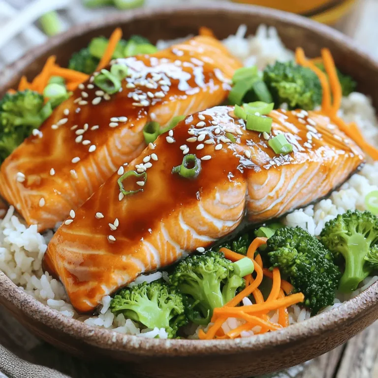- 2 salmon fillets (about 6 oz each) - 1/4 cup teriyaki sauce - 1 tablespoon honey - Salt and pepper to taste - 1 cup jasmine rice - 2 cups water - 1 cup broccoli florets - 1/2 cup shredded carrots - 1 tablespoon olive oil - 1/4 cup sliced green onions - 1 tablespoon sesame seeds The ingredients for teriyaki salmon rice bowls are simple yet delightful. You start with salmon fillets, which give a rich, buttery taste. The teriyaki sauce adds a sweet and savory kick. Honey enhances that sweetness, bringing balance to the dish. Don't forget to season with salt and pepper, which highlights all the flavors. For the rice, jasmine is a perfect choice. Its fragrant aroma pairs well with the salmon. You’ll need just two cups of water to cook it. Next, we have bright, fresh vegetables. Broccoli florets add crunch. Shredded carrots introduce color and sweetness. A touch of olive oil brings everything together when you sauté the veggies. To add the finishing touch, we use green onions and sesame seeds. They provide a pop of freshness and texture that makes this dish truly special. With these ingredients, you’ll create a bowl that is not just tasty but also pleasing to the eye. Start by rinsing the jasmine rice. Place it in a fine mesh strainer. Rinse under cold water until the water runs clear. This step removes excess starch. It helps keep the rice from getting sticky. Next, add the rinsed rice to a medium saucepan. Pour in 2 cups of water. Bring this to a boil over high heat. Once boiling, lower the heat to low. Cover the pan with a lid and let it simmer for 15 minutes. After 15 minutes, turn off the heat. Let it sit covered for 5 minutes. Finally, fluff the rice with a fork before serving. While the rice cooks, prepare the salmon. In a small bowl, mix 1/4 cup of teriyaki sauce with 1 tablespoon of honey. Whisk this until it blends well. Place the salmon fillets in a shallow dish. Pour the marinade over the salmon. Let it sit for about 15 minutes to soak in the flavors. Heat a large skillet over medium heat. Add 1 tablespoon of olive oil. Once hot, toss in the broccoli florets and shredded carrots. Sauté for about 3-4 minutes. You want them to be tender but still bright in color. Season with salt and pepper to taste. Once done, remove the veggies from the skillet and set them aside. In the same skillet, remove any excess oil. You want just a light coating left. Place the marinated salmon fillets in the skillet skin-side down. Cook for about 4-5 minutes on each side. You want the salmon to be fully cooked and have a nice glaze. If you like, add any leftover marinade during the last minute of cooking for more flavor. To assemble your bowls, start with a scoop of jasmine rice. Next, add the sautéed broccoli and carrots. Place one salmon fillet on top. Drizzle any extra teriyaki sauce over everything for added taste. For the final touch, sprinkle sliced green onions and sesame seeds on top. This adds crunch and flavor. Serve your teriyaki salmon rice bowls warm for the best taste. Enjoy! To cook salmon just right, aim for an internal temperature of 145°F. Use a meat thermometer for accuracy. This ensures your fish is safe to eat and remains juicy. To keep salmon moist, marinate it for at least 15 minutes. The teriyaki sauce and honey add flavor and moisture. Also, cook salmon skin-side down first. This helps lock in the juices. For seasoned rice, add a pinch of salt to the water while cooking. You can also add a splash of teriyaki sauce for extra flavor. If you want variety, try brown rice or quinoa. They offer different textures and nutrients. Jasmine rice is great, but other grains work well too. To make your meal even better, consider adding toppings. Sliced avocado, radishes, or edamame add color and taste. You can also pair your rice bowl with extra sauces. Try spicy mayo or a drizzle of sesame oil. Each adds unique flavors to your dish. {{image_2}} You can swap salmon for other proteins. Tofu, chicken, or shrimp work well. If you choose tofu, press it first to remove moisture. For chicken, use boneless, skinless thighs. Shrimp should be peeled and deveined. Each protein needs a different marination time. Tofu takes about 30 minutes. Chicken should marinate for 1 hour. Shrimp needs just 15 minutes. Adjust these times for the best flavor. Feel free to change the veggies in your rice bowl. You can use bell peppers, snap peas, or zucchini. These vegetables add great color and taste. Seasonal veggies are always a great choice. In spring, use asparagus or peas. In fall, add squash or kale. This keeps your meal fresh and exciting. Experiment with different sauces or spices to change the flavor. You might try sriracha for heat or hoisin for sweetness. Adding ginger or garlic can give a nice kick too. Want more sweetness? Add a splash of orange juice or maple syrup. The key is to find a balance that you enjoy. Explore different flavors to make your rice bowl unique. To keep your teriyaki salmon rice bowls fresh, store them in an airtight container. Place the salmon, rice, and vegetables separately if possible. This helps maintain texture. You can refrigerate leftovers for up to three days. After that, the taste may fade. When reheating, I recommend using the microwave or a skillet. If using the microwave, heat in short bursts to avoid overcooking. For the skillet, warm on low heat and cover to keep moisture. This way, the salmon stays juicy. Yes, you can freeze teriyaki salmon rice bowls! To freeze, let everything cool completely. Then, place portions in freezer-safe containers. Make sure to label them with the date. They can last up to three months in the freezer. When ready to eat, thaw in the fridge overnight before reheating. To make teriyaki salmon rice bowls, start by cooking jasmine rice. Rinse the rice until the water is clear. Boil it with water, then simmer until soft. While the rice cooks, marinate the salmon in teriyaki sauce and honey for 15 minutes. Cook broccoli and carrots in olive oil until tender. Next, cook the salmon in the same pan until it glazes. Finally, assemble the bowls with rice, veggies, and salmon. Yes, you can use brown rice. Brown rice is chewier and has a nuttier taste. It takes longer to cook, about 40-45 minutes. Jasmine rice is softer and has a light floral aroma. The choice depends on your texture and flavor preference. Both options provide a healthy base. You can serve teriyaki salmon rice bowls with various sides. A simple green salad pairs well. Pickled vegetables add a nice crunch. Edamame or miso soup can enhance the meal too. You can also try steamed bok choy or sautéed snap peas for more greens. Yes, teriyaki salmon rice is healthy. Salmon is rich in omega-3 fatty acids, good for heart health. The dish includes broccoli and carrots, adding fiber and vitamins. Using brown rice instead of white can boost the fiber content even more. Just watch the amount of teriyaki sauce, as it can add sugar and sodium. To check if the salmon is cooked, use a food thermometer. The safe internal temperature is 145°F. The fish should flake easily with a fork and appear opaque. If it's still translucent in the center, it needs more time to cook. Always cook it until it's firm yet moist. In this blog post, we explored how to make delicious teriyaki salmon rice bowls. We covered essential ingredients, step-by-step cooking instructions, and helpful tips. You learned about marinating salmon, cooking perfect rice, and enhancing flavors with vegetables and garnishes. In conclusion, this dish is both tasty and easy to prepare. It’s a great way to enjoy healthy food at home. Try different proteins and vegetables to make it your own. Enjoy the flavors and make this meal a family favorite!