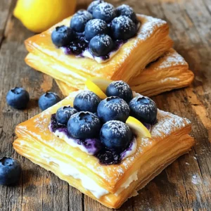 - 1 sheet of puff pastry (thawed) - 8 oz cream cheese, softened - 1/3 cup powdered sugar - 1/2 teaspoon vanilla extract - 1 cup fresh blueberries (or frozen) - 1 tablespoon lemon juice - 1 egg (for egg wash) - 1 tablespoon milk (for egg wash) - Additional powdered sugar for dusting (optional) - Use high-quality cream cheese for rich taste. - Fresh blueberries give a burst of flavor. Frozen blueberries work too, but may be softer. - Baking sheet to hold your danishes. - Parchment paper to prevent sticking. - Mixing bowls for combining ingredients. - Pastry brush for applying egg wash. - Thaw the puff pastry in your fridge overnight. - On a floured surface, roll out the pastry into a rectangle. Aim for about 1/8 inch thick. - In a mixing bowl, combine 8 oz of softened cream cheese, 1/3 cup of powdered sugar, and 1/2 teaspoon of vanilla extract. - Blend the mixture until smooth and creamy. - For the blueberry filling, mix 1 cup of fresh blueberries with 1 tablespoon of lemon juice in a small bowl. - Place a square of the rolled pastry on a baking sheet. Spoon a generous tablespoon of cream cheese mixture onto the center of each square. - Top the cream cheese with a few spoonfuls of the blueberry mixture. - To shape the danish, fold the corners of the pastry towards the center. Pinch them slightly to seal, leaving the center exposed. - Preheat your oven to 400°F (200°C) and prepare a baking sheet with parchment paper. - In a small bowl, whisk together 1 egg and 1 tablespoon of milk for the egg wash. Brush the tops of the danishes with it for a golden finish. - Bake for 15-20 minutes or until the pastry puffs and turns golden brown. Check them often to avoid burning. - Rolling out puff pastry without sticking: Start with a clean, lightly floured surface. Keep your rolling pin floured too. This helps the pastry slide easily. Roll gently from the center outward for even thickness. - Achieving the perfect puffiness: Ensure your oven is fully preheated. Bake your danishes at 400°F for a good rise. The heat makes the layers of pastry puff up nicely. - Overfilling the pastry: Avoid adding too much filling. A tablespoon of cream cheese and a few blueberries work best. Too much filling can cause spills and prevent puffing. - Not brushing enough egg wash: Use a good coat of egg wash on top. This gives your danish a golden color. Don’t skip this step for that beautiful finish. - Best ways to serve warm: Serve your danishes right out of the oven for a warm treat. They taste best when fresh and warm. - Pairing options, like coffee or tea: Enjoy your danish with a cup of coffee or tea. The flavors blend perfectly, making each bite more delightful. {{image_2}} You can easily change the taste of your Blueberry Cream Cheese Danish. Try adding spices like cinnamon or nutmeg to the cream cheese mix. These spices give a warm flavor that pairs well with blueberries. You can also swap out the blueberries for other fruits. Strawberries or raspberries work great too. Each fruit brings its unique taste and color, making your danish fun and fresh. If you need gluten-free options, you can find gluten-free puff pastry at many stores. This type of pastry works just as well as regular puff pastry. For those who avoid dairy, dairy-free cream cheese is a great choice. Brands like Tofutti or Kite Hill make tasty options that fit right into this recipe. Make your Blueberry Cream Cheese Danish even more special. You can drizzle a simple glaze over the top for extra sweetness. To make a glaze, mix powdered sugar with a bit of milk until smooth. Serve your danish with a side of whipped cream for a delightful touch. It adds creaminess and a lovely presentation. To keep your Blueberry Cream Cheese Danish fresh, place it in the fridge. Use an airtight container to lock in moisture. If you don't have one, wrap it tightly in plastic wrap. This prevents the pastry from drying out. You can freeze the danish both before and after baking. To freeze before baking, assemble the danish but do not egg wash or bake. Place them on a baking sheet and freeze until firm, then transfer to a freezer bag. For after baking, let them cool completely. Wrap each danish in plastic wrap and place in a freezer bag. When ready to enjoy, reheat baked danish in the oven at 350°F (175°C) for about 10-15 minutes. This helps restore its crispness. In the fridge, the danish lasts about 3-4 days. Check for signs of spoilage before enjoying. If you see mold, or if it smells off, it’s best to toss it. Always trust your senses when it comes to food safety. To make Blueberry Cream Cheese Danish from scratch, follow these basic steps: - Preheat your oven to 400°F (200°C). - Roll out one sheet of thawed puff pastry into a thin rectangle. - Cut the pastry into six 4x4 inch squares. - Mix softened cream cheese, powdered sugar, and vanilla until smooth. - Prepare the blueberry filling by mixing fresh blueberries with lemon juice. - Place a square of pastry on a baking sheet and add cream cheese. - Top with blueberries and fold the corners of the pastry. - Brush with an egg wash before baking for a golden finish. - Bake for 15-20 minutes until golden brown. Yes, you can use frozen blueberries! They work well in this recipe. Just remember: - Thaw the blueberries first to avoid excess moisture. - Pat them dry with a paper towel if needed. - They may burst during baking, so expect some juicy goodness. If you need an alternative to cream cheese, consider these options: - Ricotta cheese offers a similar texture and mild flavor. - Greek yogurt can work for a lighter option. - Vegan cream cheese is great for a dairy-free choice. Typically, it takes about 15-20 minutes to bake Blueberry Cream Cheese Danish. Watch for: - A puffed and golden brown pastry as a sign of doneness. - Your oven may vary, so keep an eye on them. Yes, you can prepare the danish in advance! Here are some best practices: - Assemble the danish and keep them in the fridge for up to 24 hours. - You can also freeze unbaked danish. Just thaw before baking. - Bake them fresh for the best taste and texture. In this post, we explored making a Blueberry Cream Cheese Danish from scratch. We covered the key ingredients, tools, and step-by-step instructions. I also shared helpful tips and common mistakes to avoid. With tasty variations and storage tips, you can enjoy this treat any time. Remember, using fresh ingredients will improve your flavor. Now, go ahead and give this recipe a try! Enjoy delicious pastries at home that impress everyone.