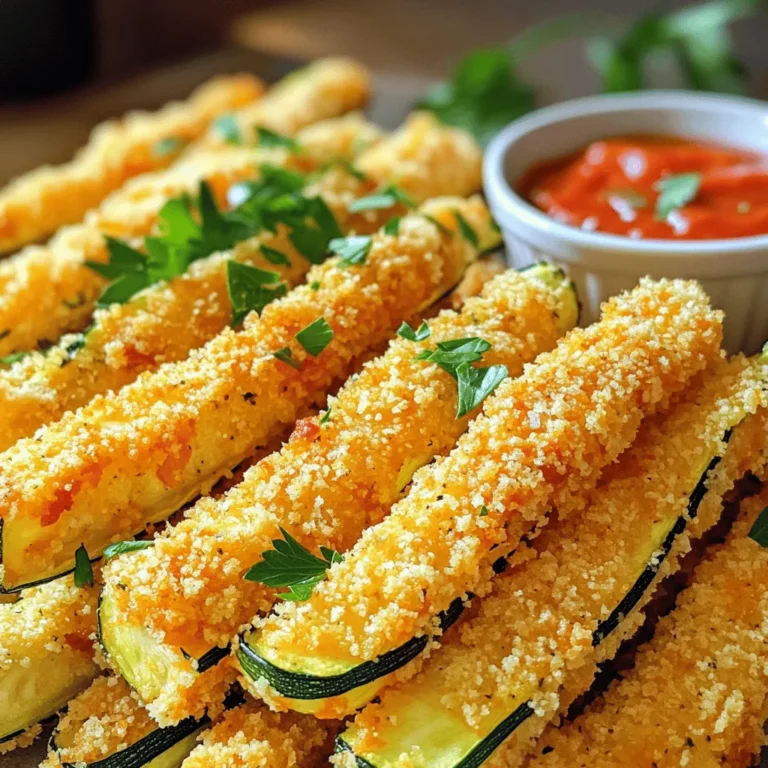 - 2 medium zucchinis - 1 cup all-purpose flour - 2 large eggs - 1 cup breadcrumbs (preferably panko for extra crunch) - 1 cup grated Parmesan cheese - 1 teaspoon garlic powder - 1 teaspoon onion powder - 1 teaspoon Italian seasoning - Salt and pepper to taste - Cooking spray or olive oil for baking - For a gluten-free option, use almond flour or gluten-free breadcrumbs. - To make it dairy-free, try nutritional yeast or dairy-free cheese. - For low-carb, use crushed pork rinds instead of breadcrumbs. When I make crispy Parmesan zucchini fries, I love to play with the ingredients. Zucchini is so versatile! You can adjust the recipe to meet dietary needs. If you want a gluten-free treat, almond flour works great. It gives a nice texture. For those avoiding dairy, nutritional yeast adds cheesy flavor without the milk. Low-carb eaters can use crushed pork rinds. They add crunch and keep the fries light. I often switch things up based on what I have at home. This keeps the recipe fun and fresh. Plus, it makes cooking more accessible for everyone. 1. Preheat your oven to 425°F (220°C). This ensures the fries cook evenly. 2. Line a baking sheet with parchment paper. This helps with easy clean-up. 3. Cut the zucchinis into fry-shaped sticks. Aim for about 1/4 inch thick. 4. Place the zucchini sticks on a towel. Sprinkle salt over them. 5. Let them sit for about 15 minutes. This draws out moisture. 6. Pat the zucchini dry with paper towels. This helps them become crispy. 1. Set up your breading station with three shallow dishes. 2. In the first dish, add the flour. 3. In the second dish, beat the eggs until mixed well. 4. In the third dish, combine breadcrumbs, Parmesan cheese, garlic powder, onion powder, Italian seasoning, salt, and pepper. 5. Take a zucchini stick and dredge it in the flour. Make sure it is coated evenly. 6. Tap off any extra flour to avoid clumping. 7. Next, dip the floured zucchini into the beaten eggs. Let the excess egg drip off. 8. Finally, coat the zucchini sticks in the breadcrumb mix. Press lightly to make it stick. 1. Place the breaded zucchini fries on the prepared baking sheet. Arrange them in a single layer. 2. If you like, lightly spray the tops with cooking spray or drizzle olive oil. This adds extra crunch. 3. Bake in your preheated oven for 20-25 minutes. Flip them halfway through for even cooking. 4. Look for a golden brown color and crispy texture. 5. Once baked, remove them from the oven. Let them cool slightly before serving. For crispy zucchini fries, choosing the right breadcrumbs is key. I recommend using panko breadcrumbs. They are lighter and create more crunch than regular breadcrumbs. If you can’t find panko, regular breadcrumbs work too, but the crunch will be less. To ensure an even coating, start with a dry surface. Dust the zucchini sticks with flour first. This helps the egg stick better. After dipping in the egg, press the zucchini into the breadcrumb mix. Make sure to cover every part. This will help them crisp up nicely in the oven. Dipping sauces can really enhance your zucchini fries. Marinara sauce is a classic choice. It pairs well with the cheesy flavor. Ranch dressing is another favorite. You can even try a spicy aioli for a kick. These fries also go well as a side dish. Serve them alongside grilled chicken or burgers. They add a nice crunch to any meal. One common mistake is overcooking the zucchini. Keep an eye on them while baking. If they turn too dark, they may taste bitter. Another mistake is not drying the zucchini enough. Salting them before cooking helps draw out moisture. After 15 minutes, be sure to pat them dry. This step is vital for achieving that perfect crispiness. {{image_2}} You can make your crispy Parmesan zucchini fries even tastier. Try adding spices to the breadcrumb mix. For a kick, add a pinch of cayenne pepper or paprika. You can also mix in some dried herbs like thyme or oregano. These spices boost the flavor and add a nice touch. Incorporate different cheeses for a fun twist. Cheddar or mozzarella can replace some Parmesan. This change adds a new taste and melts beautifully. You can even try a blend of cheeses for a gourmet feel. Air frying gives you a quick and healthy option. Set your air fryer to 400°F (200°C). Place the breaded zucchini fries in a single layer. Cook for about 10-15 minutes, shaking halfway for even crispiness. You can also pan-fry the zucchini fries if you prefer. Heat some oil in a skillet over medium heat. Fry the zucchini sticks in batches, turning until golden brown. This method gives you a crunchy outside and soft inside. In summer, you can use summer squash instead of zucchini. This variety has a slightly sweeter taste and cooks well. Just slice it the same way and follow the recipe. You can also incorporate fresh herbs for extra flavor. Try adding chopped basil or parsley to the breadcrumb mix. The herbs bring freshness and a colorful touch to your fries. To keep your crispy Parmesan zucchini fries fresh, store them properly. Place any leftovers in an airtight container. Keep them in the fridge for up to three days. If you want to store them longer, freeze them. First, let them cool completely. Then, place them in a freezer-safe bag or container. They can last in the freezer for about two months. When it’s time to enjoy your leftovers, here are two great ways to reheat them: - Microwave: Place a few fries on a microwave-safe plate. Cover them with a paper towel to keep moisture in. Heat for about 30 seconds to one minute. Check if they are warm enough. If not, heat them for another 15 seconds. - Oven: Preheat your oven to 375°F (190°C). Spread the fries on a baking sheet in a single layer. Bake for about 10-15 minutes. This method keeps them crispy and tasty. Refrigerated, crispy zucchini fries last for three days. To keep them crunchy, avoid stacking them. Use parchment paper between layers if you need to. When freezing, remember they last for two months. Be sure to thaw them in the fridge before reheating for the best taste. To make crispy zucchini fries, follow these steps: 1. Preheat your oven to 425°F (220°C). 2. Cut two medium zucchinis into fry-shaped sticks, about 1/4 inch thick. 3. Sprinkle the cut zucchinis with salt. Let them sit for 15 minutes to remove moisture. 4. Pat the zucchini dry with paper towels. 5. Set up a breading station with flour in one dish, beaten eggs in another, and a mix of breadcrumbs, Parmesan, garlic powder, onion powder, Italian seasoning, salt, and pepper in a third. 6. Dredge each zucchini stick in flour, dip in eggs, and coat with the breadcrumb mix. 7. Place them on a baking sheet and bake for 20-25 minutes, flipping halfway through. This method gives you crispy fries that are golden brown and tasty. Yes, you can make zucchini fries in an air fryer! Here’s how: 1. Prepare the zucchini as above, following the same cutting and drying steps. 2. Preheat your air fryer to 400°F (200°C). 3. Arrange the coated zucchini fries in a single layer in the basket. 4. Spray lightly with cooking spray for extra crispiness. 5. Cook for 12-15 minutes, shaking the basket halfway through. Air-fried zucchini fries are just as crispy and delicious! Crispy Parmesan zucchini fries pair well with many dips. Here are some great options: - Marinara sauce - Ranch dressing - Garlic aioli - Spicy ketchup You can also serve them alongside burgers, grilled chicken, or a fresh salad for a complete meal. - Can I use other cheeses? Yes, try cheddar or mozzarella for a different flavor. - What if I don’t have panko breadcrumbs? Regular breadcrumbs work too, but panko gives extra crunch. - For gluten-free fries, use gluten-free flour and breadcrumbs. - If you need dairy-free options, substitute the Parmesan with nutritional yeast or a dairy-free cheese. - For a low-carb version, consider using almond flour and crushed pork rinds for the coating. This blog post covers how to make crispy Parmesan zucchini fries. We explored ingredient choices, preparation steps, and cooking methods. You learned about substitutions for dietary needs, tips for perfect crispiness, and common mistakes to avoid. Remember to store your leftovers properly for the best taste. Now you can enjoy a tasty snack or side dish anytime. Using this guide makes cooking simple and fun! Make these fries your own by trying variations and serving them with your favorite dips. Enjoy your cooking adventure!