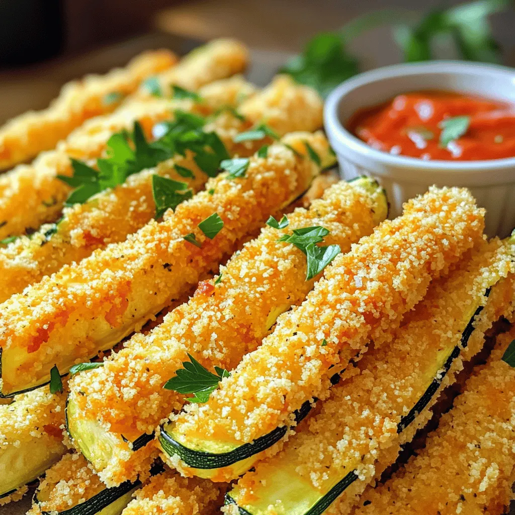 - 2 medium zucchinis - 1 cup all-purpose flour - 2 large eggs - 1 cup breadcrumbs (preferably panko for extra crunch) - 1 cup grated Parmesan cheese - 1 teaspoon garlic powder - 1 teaspoon onion powder - 1 teaspoon Italian seasoning - Salt and pepper to taste - Cooking spray or olive oil for baking - For a gluten-free option, use almond flour or gluten-free breadcrumbs. - To make it dairy-free, try nutritional yeast or dairy-free cheese. - For low-carb, use crushed pork rinds instead of breadcrumbs. When I make crispy Parmesan zucchini fries, I love to play with the ingredients. Zucchini is so versatile! You can adjust the recipe to meet dietary needs. If you want a gluten-free treat, almond flour works great. It gives a nice texture. For those avoiding dairy, nutritional yeast adds cheesy flavor without the milk. Low-carb eaters can use crushed pork rinds. They add crunch and keep the fries light. I often switch things up based on what I have at home. This keeps the recipe fun and fresh. Plus, it makes cooking more accessible for everyone. 1. Preheat your oven to 425°F (220°C). This ensures the fries cook evenly. 2. Line a baking sheet with parchment paper. This helps with easy clean-up. 3. Cut the zucchinis into fry-shaped sticks. Aim for about 1/4 inch thick. 4. Place the zucchini sticks on a towel. Sprinkle salt over them. 5. Let them sit for about 15 minutes. This draws out moisture. 6. Pat the zucchini dry with paper towels. This helps them become crispy. 1. Set up your breading station with three shallow dishes. 2. In the first dish, add the flour. 3. In the second dish, beat the eggs until mixed well. 4. In the third dish, combine breadcrumbs, Parmesan cheese, garlic powder, onion powder, Italian seasoning, salt, and pepper. 5. Take a zucchini stick and dredge it in the flour. Make sure it is coated evenly. 6. Tap off any extra flour to avoid clumping. 7. Next, dip the floured zucchini into the beaten eggs. Let the excess egg drip off. 8. Finally, coat the zucchini sticks in the breadcrumb mix. Press lightly to make it stick. 1. Place the breaded zucchini fries on the prepared baking sheet. Arrange them in a single layer. 2. If you like, lightly spray the tops with cooking spray or drizzle olive oil. This adds extra crunch. 3. Bake in your preheated oven for 20-25 minutes. Flip them halfway through for even cooking. 4. Look for a golden brown color and crispy texture. 5. Once baked, remove them from the oven. Let them cool slightly before serving. For crispy zucchini fries, choosing the right breadcrumbs is key. I recommend using panko breadcrumbs. They are lighter and create more crunch than regular breadcrumbs. If you can’t find panko, regular breadcrumbs work too, but the crunch will be less. To ensure an even coating, start with a dry surface. Dust the zucchini sticks with flour first. This helps the egg stick better. After dipping in the egg, press the zucchini into the breadcrumb mix. Make sure to cover every part. This will help them crisp up nicely in the oven. Dipping sauces can really enhance your zucchini fries. Marinara sauce is a classic choice. It pairs well with the cheesy flavor. Ranch dressing is another favorite. You can even try a spicy aioli for a kick. These fries also go well as a side dish. Serve them alongside grilled chicken or burgers. They add a nice crunch to any meal. One common mistake is overcooking the zucchini. Keep an eye on them while baking. If they turn too dark, they may taste bitter. Another mistake is not drying the zucchini enough. Salting them before cooking helps draw out moisture. After 15 minutes, be sure to pat them dry. This step is vital for achieving that perfect crispiness. {{image_2}} You can make your crispy Parmesan zucchini fries even tastier. Try adding spices to the breadcrumb mix. For a kick, add a pinch of cayenne pepper or paprika. You can also mix in some dried herbs like thyme or oregano. These spices boost the flavor and add a nice touch. Incorporate different cheeses for a fun twist. Cheddar or mozzarella can replace some Parmesan. This change adds a new taste and melts beautifully. You can even try a blend of cheeses for a gourmet feel. Air frying gives you a quick and healthy option. Set your air fryer to 400°F (200°C). Place the breaded zucchini fries in a single layer. Cook for about 10-15 minutes, shaking halfway for even crispiness. You can also pan-fry the zucchini fries if you prefer. Heat some oil in a skillet over medium heat. Fry the zucchini sticks in batches, turning until golden brown. This method gives you a crunchy outside and soft inside. In summer, you can use summer squash instead of zucchini. This variety has a slightly sweeter taste and cooks well. Just slice it the same way and follow the recipe. You can also incorporate fresh herbs for extra flavor. Try adding chopped basil or parsley to the breadcrumb mix. The herbs bring freshness and a colorful touch to your fries. To keep your crispy Parmesan zucchini fries fresh, store them properly. Place any leftovers in an airtight container. Keep them in the fridge for up to three days. If you want to store them longer, freeze them. First, let them cool completely. Then, place them in a freezer-safe bag or container. They can last in the freezer for about two months. When it’s time to enjoy your leftovers, here are two great ways to reheat them: - Microwave: Place a few fries on a microwave-safe plate. Cover them with a paper towel to keep moisture in. Heat for about 30 seconds to one minute. Check if they are warm enough. If not, heat them for another 15 seconds. - Oven: Preheat your oven to 375°F (190°C). Spread the fries on a baking sheet in a single layer. Bake for about 10-15 minutes. This method keeps them crispy and tasty. Refrigerated, crispy zucchini fries last for three days. To keep them crunchy, avoid stacking them. Use parchment paper between layers if you need to. When freezing, remember they last for two months. Be sure to thaw them in the fridge before reheating for the best taste. To make crispy zucchini fries, follow these steps: 1. Preheat your oven to 425°F (220°C). 2. Cut two medium zucchinis into fry-shaped sticks, about 1/4 inch thick. 3. Sprinkle the cut zucchinis with salt. Let them sit for 15 minutes to remove moisture. 4. Pat the zucchini dry with paper towels. 5. Set up a breading station with flour in one dish, beaten eggs in another, and a mix of breadcrumbs, Parmesan, garlic powder, onion powder, Italian seasoning, salt, and pepper in a third. 6. Dredge each zucchini stick in flour, dip in eggs, and coat with the breadcrumb mix. 7. Place them on a baking sheet and bake for 20-25 minutes, flipping halfway through. This method gives you crispy fries that are golden brown and tasty. Yes, you can make zucchini fries in an air fryer! Here’s how: 1. Prepare the zucchini as above, following the same cutting and drying steps. 2. Preheat your air fryer to 400°F (200°C). 3. Arrange the coated zucchini fries in a single layer in the basket. 4. Spray lightly with cooking spray for extra crispiness. 5. Cook for 12-15 minutes, shaking the basket halfway through. Air-fried zucchini fries are just as crispy and delicious! Crispy Parmesan zucchini fries pair well with many dips. Here are some great options: - Marinara sauce - Ranch dressing - Garlic aioli - Spicy ketchup You can also serve them alongside burgers, grilled chicken, or a fresh salad for a complete meal. - Can I use other cheeses? Yes, try cheddar or mozzarella for a different flavor. - What if I don’t have panko breadcrumbs? Regular breadcrumbs work too, but panko gives extra crunch. - For gluten-free fries, use gluten-free flour and breadcrumbs. - If you need dairy-free options, substitute the Parmesan with nutritional yeast or a dairy-free cheese. - For a low-carb version, consider using almond flour and crushed pork rinds for the coating. This blog post covers how to make crispy Parmesan zucchini fries. We explored ingredient choices, preparation steps, and cooking methods. You learned about substitutions for dietary needs, tips for perfect crispiness, and common mistakes to avoid. Remember to store your leftovers properly for the best taste. Now you can enjoy a tasty snack or side dish anytime. Using this guide makes cooking simple and fun! Make these fries your own by trying variations and serving them with your favorite dips. Enjoy your cooking adventure!