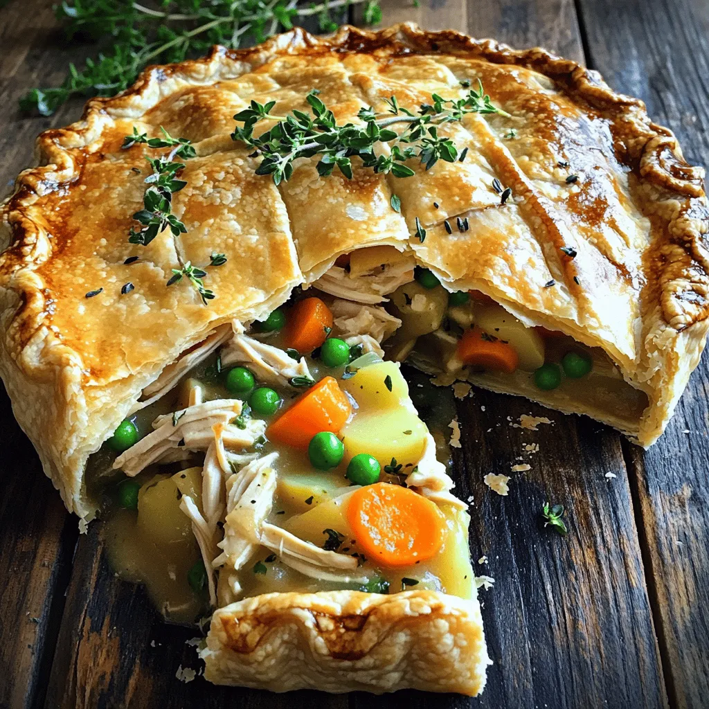 For this classic dish, you will need: - 2 cups cooked chicken, shredded - 1 cup carrots, diced - 1 cup peas (fresh or frozen) - 1 cup potatoes, diced - 1/2 cup onion, chopped - 3 cloves garlic, minced - 1/3 cup all-purpose flour - 1 cup chicken broth - 1/2 cup milk - 1 teaspoon thyme - 1 teaspoon rosemary - Salt and pepper to taste - 1 teaspoon olive oil - 1 package refrigerated pie crust (or homemade) - 1 egg, beaten (for egg wash) These ingredients make a rich filling. The chicken gives protein, while the veggies add color and taste. The herbs bring out the flavors. You can mix things up with a few optional ingredients: - Add corn for sweetness. - Use celery for extra crunch. - Swap out chicken for turkey if you have leftovers. - Use vegetable broth for a vegetarian option. These swaps keep the dish fresh and exciting. To make your pot pie, gather these tools: - Large skillet - 9-inch pie dish - Rolling pin (if making crust) - Mixing spoon - Knife and cutting board These tools help you create a delicious and comforting meal. Having the right equipment makes cooking easier and more fun. Start by gathering all your ingredients. You will need: - 2 cups cooked chicken, shredded - 1 cup carrots, diced - 1 cup peas (fresh or frozen) - 1 cup potatoes, diced - 1/2 cup onion, chopped - 3 cloves garlic, minced - 1/3 cup all-purpose flour - 1 cup chicken broth - 1/2 cup milk - 1 teaspoon thyme - 1 teaspoon rosemary - Salt and pepper to taste - 1 teaspoon olive oil - 1 package refrigerated pie crust (or homemade) - 1 egg, beaten (for egg wash) Heat a large skillet over medium heat. Add the olive oil. Once hot, add the chopped onion and minced garlic. Sauté for about 3-4 minutes until soft. Next, add the diced carrots and potatoes. Cook for another 5 minutes until they start to soften. Now, stir in the shredded chicken and peas. Add thyme, rosemary, salt, and pepper to taste. Mix everything well. Sprinkle the flour over the mixture, stirring to coat. Pour in the chicken broth and milk. Keep stirring until the mixture thickens, which should take about 5-7 minutes. Remove from heat. Roll out one pie crust and place it in a 9-inch pie dish. Pour the chicken filling into the crust, spreading it evenly. Roll out the second pie crust and lay it on top of the filling. Trim any extra crust and pinch the edges to seal. Cut a few slits in the top crust. This allows steam to escape while baking. Preheat your oven to 425°F (220°C). Brush the top crust with the beaten egg for a nice golden color. Place the pot pie in the oven and bake for 25-30 minutes. Look for a golden brown crust and bubbling filling. Once done, let it cool for about 10 minutes. Now, it’s ready to slice and serve. Enjoy! To get that perfect golden crust, start with an egg wash. This gives the pie a nice shine. Simply beat one egg and brush it over the top crust. Make sure to cover all areas. This helps with browning. Also, use a good quality pie crust. If you can, make your own for the best taste. Roll it out thinly but not too thin. A thicker crust can burn before the filling cooks through. Thickening the filling is key for a good chicken pot pie. Use flour to help bind the sauce. After you cook the chicken and veggies, sprinkle 1/3 cup of flour over the mix. Stir it well to coat everything. Then, add 1 cup of chicken broth and 1/2 cup of milk. Keep stirring until the mix gets thick, about 5-7 minutes. If your filling is still too runny, add a bit more flour mixed with water. This will help it thicken up nicely. For busy cooks, I have some great time-saving tips. First, use rotisserie chicken. Shredding it saves a lot of time. You can also chop your veggies ahead of time. Store them in the fridge until you are ready to cook. Additionally, consider using store-bought pie crusts. They are quick and easy. You get a great taste without all the work. Lastly, prep your filling the night before. Just heat it up when you're ready to bake the pie. {{image_2}} You can make a great vegetarian version of chicken pot pie. Start by replacing the chicken with a mix of hearty veggies. I love using mushrooms, chickpeas, and lentils. These add texture and protein. Use vegetable broth instead of chicken broth. You can also add extra herbs like basil or oregano for more flavor. Seasonal vegetables can boost your pot pie's taste. In spring, try asparagus and peas. In summer, use zucchini and corn. Fall is perfect for adding squash or sweet potatoes. Winter calls for root veggies like carrots and parsnips. Mix and match your favorites to keep it fresh and fun. If you need a gluten-free pot pie, swap the flour for cornstarch or gluten-free flour. Make sure to check your pie crust for gluten-free options. Many brands offer great alternatives. You can even make a crust using almond flour or chickpea flour. This way, everyone can enjoy your hearty meal! Once you finish your meal, let the chicken pot pie cool. Cover it tightly with plastic wrap or foil. You can also use an airtight container. Store it in the fridge for up to three days. Make sure to keep it away from strong-smelling foods to avoid flavor changes. To freeze your chicken pot pie, first cool it completely. Wrap it tightly in plastic wrap, then in aluminum foil. This helps prevent freezer burn. You can freeze it for up to three months. When you are ready to eat, thaw it in the fridge overnight before baking. To reheat the pot pie, preheat your oven to 350°F (175°C). Remove the cover and place the pie on a baking sheet. Heat for about 20-30 minutes or until it’s hot all the way through. If the crust browns too fast, cover it with foil. This keeps it from burning while the filling heats up. Enjoy your comforting meal! You can use turkey instead of chicken. It gives a similar taste. If you prefer a vegetarian option, use mushrooms or tofu. Both options add great flavor and texture. For a heartier twist, try chickpeas or lentils. They make a filling and nutritious choice. Yes, you can use a homemade pie crust. Making your own crust can boost flavor. Just ensure it is rolled out evenly and fits your pie dish. Use our recipe for a flaky crust, or try a simple butter and flour mix. Homemade crusts can enhance the taste of your pot pie. Classic Chicken Pot Pie lasts about 3 to 4 days in the fridge. Store it in an airtight container. This keeps it fresh and safe to eat. When reheating, check that it is heated all the way through. You want every bite to be warm and delicious. Yes, you can prepare the filling ahead of time. Store it in the fridge for up to two days. You can also assemble the pie and freeze it. Just bake it straight from the freezer, adding extra time. Making it ahead helps save time on busy days. Classic chicken pot pie combines simple ingredients and easy steps. You learned about the main and optional ingredients, essential tools, and how to cook the filling. We explored tips for a perfect crust, thickening methods, and time-saving hacks. You also found tasty variations for different diets and storage advice. By following these steps and tips, you can create a satisfying meal. Enjoy making this dish and make it your own by trying new ingredients. Happy cooking!
