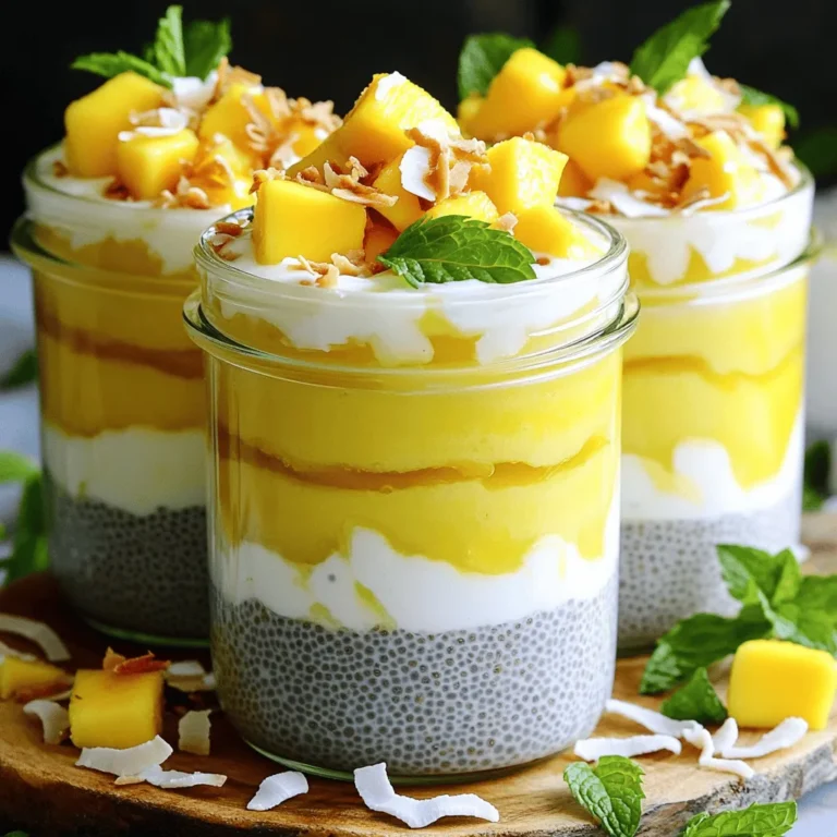 - 1 cup coconut milk (canned or carton) - 1/2 cup chia seeds - 2 tablespoons honey or maple syrup - 1 ripe mango, diced - 1/2 teaspoon vanilla extract - Pinch of salt - Toasted coconut flakes (for garnish) - Fresh mint leaves (for garnish) When creating mango coconut chia pudding, you need simple, fresh ingredients. Each one plays a key role. Coconut milk gives a creamy base. It adds a subtle sweetness and rich flavor. You can use canned or carton coconut milk. Both work well, but canned offers a thicker texture. Chia seeds are the heart of this pudding. They soak up liquid and expand, creating a lovely texture. They are full of fiber, protein, and healthy fats. Just half a cup is enough for four servings. Honey or maple syrup adds sweetness. You can adjust the amount to your taste. If you prefer a lighter touch, you can use just one tablespoon. A ripe mango brings freshness. Its bright color and juicy taste make the pudding pop. Dice it just before serving for the best flavor. Vanilla extract adds warmth. It enhances the overall taste without taking over. A pinch of salt balances the sweetness and richness. Toasted coconut flakes make a great garnish. They add crunch and a burst of flavor. Fresh mint leaves are a lovely touch. They give a refreshing finish. Coconut milk has healthy fats that support heart health. It also contains vitamins and minerals like magnesium and potassium. These help keep you energized. Chia seeds are tiny powerhouses. They are rich in omega-3 fatty acids, which are good for your brain. Plus, they have high fiber content. This helps with digestion and keeps you feeling full. Mango is not just tasty; it is also packed with vitamins. It has vitamin C, which boosts your immune system. Plus, it contains vitamin A, good for your skin and eyes. Enjoying mango in this pudding makes it a smart choice for your health. In a medium bowl, I start by whisking together one cup of coconut milk and two tablespoons of honey or maple syrup. This mix adds sweetness and creaminess. Next, I add half a teaspoon of vanilla extract and a pinch of salt. The salt enhances all the flavors. Now, I slowly sprinkle in half a cup of chia seeds while whisking continuously. This step is key! Whisking helps prevent the seeds from clumping together. Once they are fully mixed in, I let the mixture sit for about five minutes. After that, I whisk again to break up any clumps that may have formed. Keeping the mix smooth makes the final pudding texture perfect. I cover the bowl and place it in the refrigerator. I let it chill for at least four hours or overnight. This allows the chia seeds to absorb the liquid and thicken the pudding. When I am ready to serve, I stir the pudding again to ensure it is well-mixed. Then, I divide the chia pudding into serving bowls or jars. I top it with diced mango and garnish it with toasted coconut flakes and fresh mint leaves. This adds a lovely touch to the dish. To get the best texture, whisk the coconut milk well. Mix it with honey or maple syrup, vanilla, and salt. Whisk until smooth. When adding chia seeds, sprinkle them slowly. Keep whisking to avoid lumps. Let the mixture sit for about 5 minutes. This helps the seeds absorb liquid. Whisk again to break any clumps. For the best results, refrigerate the pudding for at least 4 hours. Overnight is even better. This allows the chia seeds to thicken and create a creamy texture. To sweeten your pudding, you can try different options. Honey and maple syrup are great, but consider agave syrup too. If you want a twist, add spices like cinnamon or nutmeg. These spices add warmth and depth to the flavor. For a tropical touch, mix in a dash of cardamom. Feel free to experiment with flavors to find your favorite. Presentation makes your dish more inviting. Layer the pudding in clear jars for a beautiful look. This way, you can see the layers of mango and chia. For a colorful touch, top with a slice of fresh mango. Garnish with toasted coconut flakes for crunch. Add fresh mint leaves for a pop of color and freshness. This not only looks great but also enhances the taste. {{image_2}} You can change the coconut milk for almond or cashew milk. Both add a nice twist. Almond milk gives a nutty taste, while cashew milk is creamy. These options are great for those who want dairy-free choices. They keep the pudding light and tasty. Seasonal fruits can brighten your pudding. Try adding berries like strawberries, blueberries, or raspberries. They add a sweet and tangy flavor. You can also mix fruits together. Mango and berries create a colorful, flavorful combo. Fresh fruit makes your dessert healthy and fun. If you want to make this recipe vegan, replace honey with agave syrup or maple syrup. Both options keep it sweet without any animal products. You can also skip the sweetener if you prefer a less sweet taste. Adjusting these ingredients helps meet various diets and keeps everyone happy. Mango coconut chia pudding keeps well in the fridge for about five days. Store it in a sealed container. Glass jars work great for this. They keep the pudding fresh and let you see the layers. Yes, you can freeze mango coconut chia pudding! It stays good in the freezer for up to three months. When you’re ready to eat it, move it to the fridge to defrost overnight. This keeps the taste and texture nice. Leftover coconut milk is perfect for smoothies or soups. You can also use it in baking to add creaminess. Leftover chia seeds can be added to oatmeal or yogurt. They boost your breakfast with extra fiber and protein. Can I make chia pudding in advance? Yes, you can make chia pudding ahead of time. It needs at least 4 hours to thicken. I often prepare it the night before. This way, it’s ready for breakfast or a snack. How can I adjust the sweetness of the pudding? You can change the sweetness by adding more or less honey or maple syrup. Taste as you mix. This lets you find the perfect flavor for your liking. Is chia pudding healthy for weight loss? Yes, chia pudding can aid weight loss. Chia seeds are high in fiber. They help you feel full longer. The healthy fats in coconut milk also support a balanced diet. What can I substitute for coconut milk? You can use almond milk or oat milk instead. These nut milks provide a light flavor. They keep the pudding creamy without coconut. Are there any nut-free options? Yes, if you need nut-free options, use rice milk or soy milk. Both work well in chia pudding. They keep the texture smooth and delicious. What dishes pair well with chia pudding? Chia pudding goes well with fresh fruit or granola. You can also serve it with yogurt for added creaminess. It makes a great breakfast or dessert. How to serve at a gathering or brunch? Serve chia pudding in clear cups or jars. This shows off the layers. Add fresh mango and toasted coconut on top for a colorful touch. It’s a visual delight that impresses guests. This blog shows how to make mango coconut chia pudding. We discussed the key ingredients, health benefits, and easy steps to whip it up. You learned tips for the best texture and flavor, along with storage advice. Whether you stick to the recipe or try variations, this pudding is a tasty, healthy choice. Enjoy making it your own and impressing others with your delicious creation!