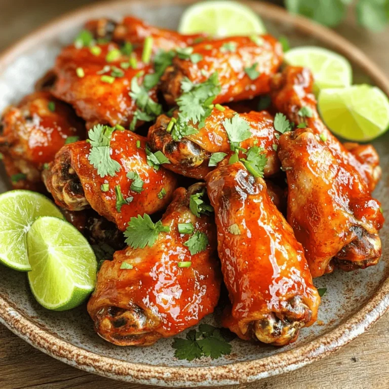 The key to bold and flavorful Sriracha Lime Chicken Wings lies in the perfect mix of ingredients. Here’s what you need: - 2 lbs chicken wings - 1/4 cup Sriracha sauce - 1/4 cup honey - 2 tablespoons olive oil - Juice of 2 limes - Zest of 1 lime - 3 cloves garlic, minced - 1 teaspoon ground cumin - 1/2 teaspoon salt - 1/4 teaspoon black pepper - Fresh cilantro, chopped (for garnish) - Lime wedges (for serving) Each ingredient adds its own flair. The chicken wings serve as the canvas, absorbing all the flavors. Sriracha sauce brings heat, while honey adds sweetness. Olive oil ensures moisture and helps with crispiness. Lime juice and zest brighten the dish, and garlic adds depth. Ground cumin gives a warm note, while salt and pepper enhance the overall taste. For garnishing, cilantro adds freshness, and lime wedges offer a tangy kick when served. First, gather all your marinade ingredients in a large bowl. You need: - 1/4 cup Sriracha sauce - 1/4 cup honey - 2 tablespoons olive oil - Juice of 2 limes - Zest of 1 lime - 3 cloves garlic, minced - 1 teaspoon ground cumin - 1/2 teaspoon salt - 1/4 teaspoon black pepper Mix these ingredients together well. You want a smooth mixture, so stir until everything blends nicely. The zesty lime and spicy Sriracha will give your wings a bold kick! Next, it's time to coat the chicken wings. Add the 2 lbs of chicken wings to the marinade. Make sure each wing gets a good coating. This step is key for flavor. Cover the bowl with plastic wrap. Let the wings marinate in the fridge for at least 1 hour. For more flavor, you can marinate them overnight. Now, preheat your oven to 425°F (220°C). This temperature helps the wings cook evenly and get crispy. Line a baking sheet with parchment paper or foil for easy cleanup. Place a wire rack on top of the baking sheet. This setup allows hot air to circulate around the wings, making them crispy. Arrange the marinated wings on the wire rack in a single layer. Leave space between each wing. This will help them crisp up nicely. Bake in the oven for 35-40 minutes. Remember to turn the wings halfway through cooking. This ensures they brown evenly. Once golden brown and crispy, remove them from the oven. Let them rest for a few minutes before serving. To get crispy wings, spacing is key. When you place your wings on the rack, leave space between them. This allows hot air to circulate. If the wings touch, they won’t crisp up well. You can also try other cooking methods. Frying gives wings a nice crunch. Grilling adds smoky flavor and great texture. Both methods work well with the Sriracha lime taste. To kick up the flavor, think about adding spices. Paprika gives a nice smoky taste. Cayenne pepper can add more heat. You can mix these into the marinade for added depth. If you want to adjust the heat level, play with the Sriracha amount. Add more for a fiery blast. Use less if you prefer a milder taste. Balance is important, so find what you enjoy best. {{image_2}} You can change the flavor of your wings with different sauces. - Sweet chili sauce: This sauce adds a sweet and spicy kick. Just swap it for Sriracha in the marinade. It gives a nice glaze when baked. - Buffalo sauce substitutes: If you like heat, try buffalo sauce. Use it in place of Sriracha for a classic kick. You can mix it with butter for added richness. There are other ways to cook these wings if you want to try something new. - Air fryer method: Preheat your air fryer to about 400°F (200°C). Cook the wings for 25-30 minutes. Shake the basket halfway through for even cooking. They will come out crispy and delicious! - Slow cooker adaptation: For a hands-off approach, use a slow cooker. Marinate your wings as usual. Then, place them in the slow cooker on low for 4-6 hours. This method makes them tender and juicy, though they won’t be crispy. You can also make these wings fit your diet. - Gluten-free options: Make sure to use gluten-free Sriracha and honey. Most brands are gluten-free, but check the labels to be safe. - Low-sugar substitutions: To cut sugar, use less honey or try a sugar substitute. You can also add more lime juice for balance. This keeps the flavor bright without the extra sweetness. To keep your leftover wings fresh, place them in an airtight container. You can also wrap them tightly in plastic wrap or aluminum foil. This helps prevent them from drying out. Store the wings in the fridge. They will stay good for up to three days. After that, they may lose their taste and texture. For the best taste, reheating wings in the oven works well. Preheat your oven to 350°F (175°C). Place the wings on a baking sheet lined with foil. Heat them for about 10-15 minutes. This method keeps them crispy. You can also use a microwave, but it may make them a bit soggy. If you choose the microwave, heat them for 1-2 minutes. Remember to check that they are hot all the way through. Enjoy your tasty wings again! For the best flavor, marinate chicken wings for at least one hour. If you can, let them sit overnight. This longer time allows the flavors to soak into the meat well. It makes the wings taste amazing! Yes, you can freeze Sriracha Lime Chicken Wings. First, let them cool completely. Then, place them in an airtight container or freezer bag. Make sure to remove as much air as possible to avoid freezer burn. These wings can last up to three months in the freezer. These wings taste great with many sides. Here are some ideas: - Fresh vegetable sticks like carrots and celery - Creamy ranch or blue cheese dip - Crispy French fries or sweet potato fries - A light salad with lime dressing - Corn on the cob for a sweet touch Feel free to mix and match! These sides will balance the spice and flavor of your wings. You now have a great recipe for Sriracha Lime Chicken Wings. We covered the ingredients needed, from chicken wings to garnishes. I provided clear steps for marinating and baking, ensuring you achieve crispy wings. I shared tips for flavor and variations, plus how to store and reheat your leftovers. Enjoy your wings with family and friends. Experiment with different sauces and cooking methods. Keep these tips in mind for tasty results every time. You’ll impress everyone at your next gathering!