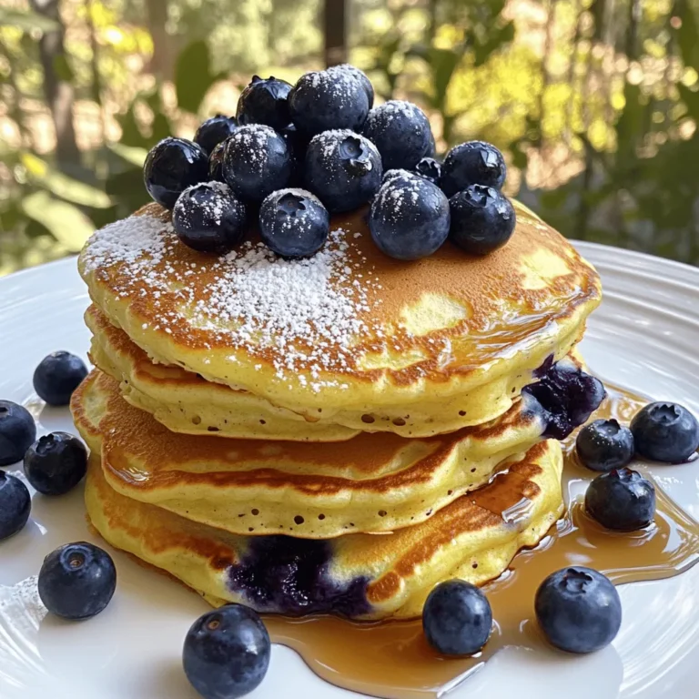 To make delicious blueberry lemon ricotta pancakes, you need the right ingredients. Here’s a list to get started: - 1 cup ricotta cheese - 2 large eggs - 1/4 cup milk (or plant-based milk) - Zest of 1 lemon - 1 tablespoon fresh lemon juice - 1 cup all-purpose flour - 2 tablespoons sugar - 1 tablespoon baking powder - 1/2 teaspoon salt - 1 cup fresh blueberries (plus extra for serving) - Butter or oil for cooking Each ingredient plays a key role. The ricotta makes the pancakes fluffy and rich. The eggs help bind everything together. Milk adds moisture, while lemon zest and juice give a bright flavor. The flour is the base, and sugar sweetens the mix. Baking powder is essential for fluffiness. Salt balances flavors, and blueberries add a burst of sweetness. Using fresh ingredients will make a big difference in taste. I always recommend using seasonal blueberries if you can. You can also substitute milk with a plant-based option for a dairy-free version. Enjoy gathering these ingredients! - Step 1: Combine wet ingredients In a large bowl, add 1 cup of ricotta cheese, 2 large eggs, 1/4 cup of milk, the zest of 1 lemon, and 1 tablespoon of fresh lemon juice. Whisk until smooth. This gives the pancakes a rich flavor. - Step 2: Mix dry ingredients In another bowl, mix 1 cup of all-purpose flour, 2 tablespoons of sugar, 1 tablespoon of baking powder, and 1/2 teaspoon of salt. This mix adds the right texture to your pancakes. - Step 3: Combine both mixtures Gradually add the dry ingredients to the wet mix. Stir gently until just combined. Don’t overmix. Overmixing can lead to tough pancakes. - Step 4: Fold in blueberries Gently fold in 1 cup of fresh blueberries. This step adds bursts of sweetness in every bite, making your pancakes extra delicious. - Step 5: Cook pancakes Heat a non-stick skillet over medium heat and lightly grease it with butter or oil. Pour about 1/4 cup of batter for each pancake. Cook for 2-3 minutes or until bubbles form on top. - Step 6: Serving suggestions Carefully flip the pancakes and cook for another 2-3 minutes until golden brown. Stack them high on a plate, add some extra blueberries, and drizzle with maple syrup or whipped cream if you like. Enjoy these tasty pancakes! How to avoid overmixing the batter To keep your pancakes fluffy, mix gently. Combine the wet and dry ingredients just until they blend. A few lumps are okay. Overmixing makes pancakes tough. Tips for achieving the fluffiest pancakes Use ricotta cheese in the batter. It adds moisture and makes pancakes light. Let the batter rest for 5 minutes before cooking. This helps the baking powder work better. Best cooking temperature for pancakes Cook pancakes on medium heat. If it's too hot, the outside will burn before the inside cooks. A good way to test is to sprinkle a drop of water on the skillet. If it dances and evaporates, you're ready! Ideas for toppings: maple syrup, blueberries, whipped cream Top your pancakes with maple syrup for sweetness. Fresh blueberries add a burst of flavor. Whipped cream makes it extra special. Mix and match to find your favorite! Presentation tips for an appealing dish Stack pancakes high on a plate. Add extra blueberries on top for color. Dust with powdered sugar for a nice touch. A drizzle of syrup makes it look tasty and inviting. {{image_2}} You can easily change the fruits or flavors in these pancakes. Try using raspberries, strawberries, or even peaches. Each fruit gives a new taste. If you want a twist, add a touch of vanilla or almond extract. If you're looking for dairy-free options, swap ricotta cheese with a plant-based ricotta. Many brands make coconut or almond-based versions. For milk, use your favorite plant milk like almond, soy, or oat. These swaps keep the pancakes tasty and creamy. Want to make this dish gluten-free? You can use gluten-free all-purpose flour. Many brands have blends that work well. Just check the package for baking ratios. If you're vegan, you can replace eggs with flaxseed meal. Mix 1 tablespoon of flaxseed meal with 2.5 tablespoons of water. Let it sit for a few minutes until it thickens. Use plant-based milk and a dairy-free ricotta, and you'll have a great vegan pancake! To keep your blueberry lemon ricotta pancakes fresh, store them properly. Place cooled pancakes in an airtight container. You can refrigerate them for up to three days. If you want to store them longer, freezing is a great option. To freeze pancakes, stack them with parchment paper between each one. This helps prevent sticking. Wrap the stack in plastic wrap or aluminum foil. Place the wrapped pancakes in a freezer-safe bag. They can last for up to two months in the freezer. When it’s time to enjoy your pancakes again, you can easily reheat them. The best method is using a skillet. Heat the skillet over medium-low heat. Place the pancakes in the skillet for a couple of minutes on each side. This keeps them soft and warm. You can also use a microwave. Place a pancake on a microwave-safe plate. Cover it with a damp paper towel to keep it moist. Heat for about 20-30 seconds. Check to see if it’s warm enough. If not, heat it a bit longer. Enjoy your pancakes just like they were freshly made! How do I make pancakes that don’t stick to the pan? To prevent pancakes from sticking, use a non-stick skillet. Heat it over medium heat and grease it with butter or oil. Make sure the skillet is hot before adding the batter. This way, pancakes will flip easily. Can I make the batter ahead of time? Yes, you can make the batter ahead of time. Store it in the fridge for up to 2 hours. Just give it a quick stir before using. This helps the flavors blend well. What are the variations for add-ins in the batter? You can add many things to your batter. Try chocolate chips, nuts, or other fruits like bananas. Each add-in gives a new taste and fun twist to your pancakes. Overview of calories, carbs, and protein per serving Each serving of these blueberry lemon ricotta pancakes has about 250 calories. It provides around 35 grams of carbs and 8 grams of protein. This makes it a tasty yet balanced breakfast option. Tips for balancing the dish with healthier sides Pair these pancakes with fresh fruit or a side of yogurt. This adds nutrients and keeps your meal balanced. You can also serve them with a scoop of nut butter for extra protein. For the full recipe, check this [link to Full Recipe](#). You can print it easily for your kitchen! This blog post covered a tasty pancake recipe using simple ingredients. You learned how to mix wet and dry items, fold in blueberries, and cook fluffy pancakes. With tips for cooking and serving, you'll impress anyone at breakfast. Don't forget about the variations for dietary needs! Whether you store or reheat them, these pancakes stay delicious. Now, you're ready to create a fun, tasty dish that can please any crowd. Enjoy making your pancakes and sharing them with family or friends!