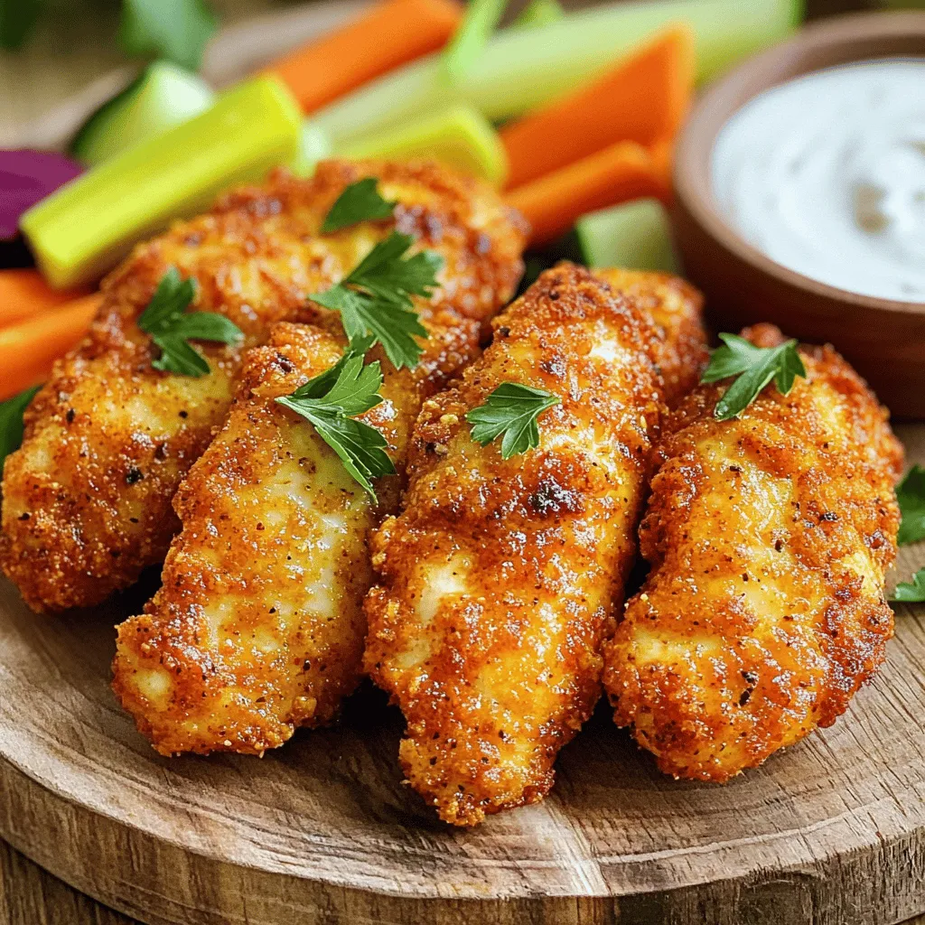 - 1 lb chicken tenderloins - 1 cup buttermilk - 4 cloves garlic, minced - 1 tablespoon hot sauce (adjust to taste) These main ingredients create a juicy and flavorful base. The chicken tenderloins are perfect for this recipe. They cook quickly and stay tender. Buttermilk adds moisture and depth, while garlic gives a rich taste. Hot sauce brings a kick, which you can adjust to your liking. - 1 teaspoon smoked paprika - 1 teaspoon cayenne pepper (adjust to taste) - 1 teaspoon onion powder - 1 teaspoon salt - 1/2 teaspoon black pepper Spices make this dish pop! Smoked paprika adds a subtle smokiness. Cayenne pepper gives you that heat, so feel free to adjust it. Onion powder adds flavor without being too strong. Salt and black pepper enhance everything, bringing out the best in your chicken. You can add extra flavors to make these chicken tenders your own. Try adding: - Fresh herbs like parsley or cilantro for brightness. - Grated Parmesan cheese mixed with the flour for a cheesy twist. - Lemon zest for a fresh citrus touch. These options allow you to play with the dish. Get creative and find what you love most! To start, I mix the marinade in a large bowl. I add 1 cup of buttermilk. Then I throw in 4 minced garlic cloves. Next, I add 1 tablespoon of hot sauce, 1 teaspoon of smoked paprika, and 1 teaspoon of cayenne pepper. I also include 1 teaspoon of onion powder, 1 teaspoon of salt, and 1/2 teaspoon of black pepper. I stir it all well to blend the flavors. I then add 1 pound of chicken tenderloins to the bowl. I make sure they are fully covered in the marinade. I cover the bowl and put it in the fridge. I let it marinate for at least 1 hour, but overnight makes it even better. After marinating, I take the chicken out of the fridge. I preheat the air fryer to 400°F (200°C) for about 5 minutes. While it heats, I grab a shallow dish. I put 1 cup of all-purpose flour in it. I season the flour with a pinch of salt and black pepper. Next, I take each chicken tenderloin and dredge it in the flour. I shake off any extra flour. This helps create a nice crust. I then lightly spray the air fryer basket with cooking spray. I place the coated chicken tenders in a single layer in the basket. I make sure they do not overlap. To make the chicken crispy, I spray the tops lightly with olive oil. I set the air fryer to cook the chicken for about 10 to 12 minutes. I flip the tenders halfway through cooking. I check that the internal temperature reaches 165°F (75°C). Once they are golden brown, I take them out of the air fryer. I let the chicken tenders rest for a few minutes before serving. This helps keep them juicy. For a great presentation, I serve them on a wooden platter. I add a side of ranch dipping sauce and fresh veggies. I also like to sprinkle some chopped parsley on top for color. To get great taste, marinate the chicken well. Mix buttermilk, garlic, and hot sauce in a bowl. This mix will soak into the chicken. Let the chicken sit in the fridge for at least one hour. For even better flavor, try marinating overnight. The longer you let it soak, the richer the taste. For crispy chicken tenders, the coating is key. Dredge the marinated chicken in seasoned flour. Be sure to shake off any excess flour. Lightly spray the air fryer basket and chicken tenders with cooking spray. This helps them get that golden brown color. Air fry at 400°F for 10-12 minutes. Flip them halfway for even cooking. If you have dietary needs, there are easy swaps. Use gluten-free flour instead of all-purpose flour. For dairy-free options, try almond milk in place of buttermilk. You can also use your favorite hot sauce to adjust spice levels. These changes keep the dish tasty while fitting your diet. {{image_2}} You can adjust the heat of your chicken tenders. If you love spice, add more cayenne pepper. For a milder taste, reduce the hot sauce and cayenne. You can even try different hot sauces. A sweet chili sauce gives a nice twist. For a smoky flavor, include extra smoked paprika. Experiment with flavors to find your perfect balance! The air fryer gives you crispy chicken tenders without much oil. Yet, you can also use your oven. Preheat your oven to 425°F (220°C). Place the chicken tenders on a baking sheet lined with parchment paper. Bake for about 15-20 minutes, flipping halfway. The result is still delicious, but the air fryer gives a crunchier finish. Choose what works best for you! These spicy garlic chicken tenders shine with the right sides. Serve them with ranch dipping sauce for a creamy contrast. Fresh veggies like carrots or celery add crunch and color. You can also pair them with a light salad or coleslaw. Want something heartier? Try serving with sweet potato fries or rice. Each side enhances the meal and makes it more satisfying! To keep your spicy garlic chicken tenders fresh, let them cool down. Place them in an airtight container. Make sure to store them in the fridge. They will last for about 3 to 4 days. If you want to keep them longer, consider freezing. To reheat, use the air fryer for the best results. Set it to 350°F (175°C). Heat the chicken tenders for 5 to 7 minutes. This will help them stay crispy. You can also use an oven if you prefer. Just place them on a baking sheet and heat at 350°F (175°C) for about 10 minutes. To freeze, wrap each tender in plastic wrap. Place them in a freezer bag or container. You can store them for up to 3 months. When ready to eat, let them thaw in the fridge overnight. Then, reheat as mentioned above for that crispy finish. Marinate the chicken for at least 1 hour. However, if you have time, let it sit overnight. This makes the chicken more juicy and flavorful. The longer it marinates, the better the taste gets. The buttermilk helps tenderize the meat. The garlic and spices soak in deeply, creating a bold flavor. Yes, you can use chicken breasts! Just cut them into strips to match the size of tenders. Chicken breasts will cook a bit longer, so check them at about 12-15 minutes. Ensure they reach an internal temperature of 165°F (75°C). The breading method stays the same, ensuring a crispy outside. I love serving these tenders with ranch dressing. The cool ranch balances the heat. Other great choices are honey mustard or blue cheese dressing. For something bolder, try a spicy sriracha mayo. Each sauce adds a fun twist to your meal. Enjoy experimenting with different flavors! In this article, we explored how to make Air Fryer Spicy Garlic Chicken Tenders. We covered key ingredients, step-by-step cooking instructions, and tips for best flavor. You learned how to customize the recipe and store leftovers. For the best results, remember to marinate the chicken well and choose your favorite spices. Enjoy experimenting with different cooking methods and flavors. With these tips, you can make tasty tenders anytime. Happy cooking!