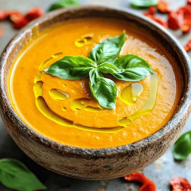 To make this soup, you will need a few key ingredients. Here’s what to gather: - 4 large red bell peppers, roasted and peeled - 1 medium onion, chopped - 3 garlic cloves, minced - 2 cups vegetable broth - 1 cup coconut milk - 1 teaspoon smoked paprika - 1 tablespoon olive oil - Salt and pepper to taste - Fresh basil leaves for garnish These ingredients give the soup its rich flavor and creamy texture. The roasted peppers are the star. They bring sweetness and depth. The coconut milk adds creaminess without dairy. You can change things up based on what you have or like. Here are some ideas: - Use chicken broth instead of vegetable broth for a heartier taste. - Swap coconut milk with heavy cream for extra richness. - Add a pinch of cayenne for heat if you like spice. - Try fresh thyme or oregano for added herbal notes. These options let you play with flavors. Feel free to get creative based on your taste. This soup is not just tasty, but it can also be healthy. Here’s a quick look at the nutrition: - Calories: About 200 per serving - Protein: 3 grams - Fat: 14 grams (mostly from coconut milk) - Carbohydrates: 20 grams - Fiber: 3 grams This soup offers a good mix of nutrients. The bell peppers provide vitamin C, while coconut milk adds healthy fats. It’s comforting and nourishing, making it a great choice for any meal. First, I roast the red bell peppers. You start by preheating your oven to 450°F (230°C). Take the whole peppers and place them on a baking sheet. Roast them for about 25 to 30 minutes. Make sure to turn them occasionally. You want the skin to be charred and blistered. Once done, remove them from the oven and let them cool. After they cool, peel off the skin and remove the seeds. This step gives the soup a sweet and smoky flavor. Now, let’s make the base. In a large pot over medium heat, add 1 tablespoon of olive oil. Once hot, toss in the chopped onion. Sauté it for 5 to 7 minutes until it turns translucent. Next, add the minced garlic and 1 teaspoon of smoked paprika. Cook this mix for another 1 to 2 minutes. Stir it often to prevent burning. This step builds a strong flavor base for your soup. After the base is ready, it’s time to blend everything together. Add the roasted red peppers to the pot along with 2 cups of vegetable broth. Bring this mixture to a simmer and let it cook for about 10 minutes. This helps to blend all the flavors. Now, use an immersion blender to puree the soup until it’s smooth. If you don’t have one, you can use a regular blender in batches. Once blended, stir in 1 cup of coconut milk. Season with salt and pepper to taste. Heat the soup gently for a few more minutes. Your creamy roasted red pepper soup is now ready to serve! Roasting peppers can bring out their sweet flavor. Start by preheating your oven to 450°F (230°C). Place whole red bell peppers on a baking sheet. Roast them for 25-30 minutes. Turn them every 10 minutes, so they cook evenly. When the skin is charred and blistered, remove them from the oven. Let them cool before peeling off the skin and removing the seeds. This step ensures a smoky, rich taste in your soup. A smooth soup needs a good blending technique. You can use an immersion blender right in the pot. This method makes it easy and less messy. If you prefer a regular blender, work in batches. Fill the blender halfway to avoid spills. Blend until creamy and smooth. Adding coconut milk at this stage enhances the creaminess and adds a nice flavor. To make your soup even tastier, try adding a few extras. A pinch of cayenne can add heat. For a savory twist, mix in some fresh herbs like thyme or rosemary. You can also swap coconut milk for heavy cream for a richer taste. Always taste your soup before serving. Adjust salt and pepper as needed. This step allows you to control the final flavor. {{image_2}} You can easily add protein to your creamy roasted red pepper soup. Chicken works great here. Cook and shred some chicken breast before adding it to the soup. You can stir it in before serving. For a plant-based option, try tofu. Use firm tofu, press it to remove water, and cut it into cubes. Sauté the tofu until golden brown, and then mix it into the soup. Both options add flavor and heartiness. If you want a dairy-free soup, coconut milk is a fantastic choice. It gives a rich and creamy texture. If you need more thickness, try adding pureed white beans or cashews. Soak cashews in water, then blend them until smooth. This method adds creaminess without dairy. You can also use almond milk for a lighter soup. Each option keeps the flavors rich but free from dairy. To give your soup a kick, consider adding some heat. Red pepper flakes or diced jalapeños can spice things up. Add them while cooking the onions and garlic for the best flavor. For a smoky taste, you might want to add more smoked paprika. You could also toss in some chipotle peppers in adobo sauce for a deeper flavor. These variations will make the soup even more exciting and bold. You can keep leftover creamy roasted red pepper soup in the fridge. First, let it cool down to room temperature. Then, transfer it to an airtight container. It will stay fresh for about 3 to 4 days. Make sure to label the container with the date. This way, you can track how long it has been stored. If you want to save the soup for later, freezing is a great option. Pour the cooled soup into freezer-safe bags or containers. Leave some space at the top because soup expands when frozen. You can store it for up to 3 months. When you’re ready to eat it, just thaw it in the fridge overnight. To reheat the soup, pour it into a pot over low heat. Stir it often to help it warm evenly. If the soup looks too thick, add a splash of vegetable broth or coconut milk. This keeps the flavor rich and creamy. Avoid using the microwave as it may change the texture. Enjoy your comforting soup! Yes, you can make this soup ahead of time. The flavors get better as it sits. I often prepare it a day before serving. Store it in an airtight container in the fridge. When you're ready, just reheat it on the stove. This soup pairs well with many sides. I enjoy serving it with crusty bread or grilled cheese sandwiches. A fresh salad also works great to balance the flavors. You can even add a sprinkle of cheese or some croutons on top for extra texture. The soup lasts about 3 to 4 days in the fridge. Make sure to store it in a sealed container. If you want to keep it longer, consider freezing it. Just remember to leave some space in the container for expansion. In this blog post, we covered how to make creamy roasted red pepper soup. You learned about key ingredients and how to prepare roasted peppers. I shared step-by-step cooking instructions and helpful tips for the best flavor and texture. We also explored variations, storage tips, and answered common questions. This soup is easy to make and versatile. You can change it based on your taste. Whether you keep it simple or add your twist, enjoy this delicious dish!