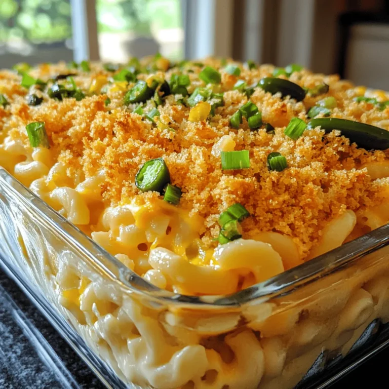 - 8 oz elbow macaroni - 4 cups sharp cheddar cheese, shredded - 1 cup cream cheese, softened - 1 cup milk - 1 cup diced jalapeños (fresh or pickled) - 1/2 cup panko breadcrumbs - 1/2 cup crispy fried onions - 1/4 cup chopped green onions - Seasonings: garlic powder, onion powder, smoked paprika, salt, and pepper - 2 tablespoons butter To make a great Jalapeño Popper Mac and Cheese, you need good ingredients. The elbow macaroni forms the base of the dish. The sharp cheddar cheese gives it a rich flavor. Cream cheese adds creaminess. You can use fresh or pickled jalapeños for that spicy kick. Panko breadcrumbs and crispy fried onions create a crunchy topping. Green onions add a nice pop of color and flavor. Don't forget the seasonings! They bring everything together and enhance the taste. If you want to change things up, you have options. You can swap elbow macaroni for shells or cavatappi. For cheese, try gouda or pepper jack for different flavors. If fresh jalapeños are too spicy, use canned or pickled ones. They work well, too. Each serving has around 400 to 500 calories. It also has about 25 grams of fat and 20 grams of protein. This dish is rich and filling, making it perfect for comfort food lovers. Start by bringing a large pot of water to a boil. Add a generous amount of salt; this adds flavor to the pasta. Once the water is boiling, add the elbow macaroni. Cook it according to the package instructions until it's al dente. This means it should be firm but not hard. Drain the pasta and set it aside for later. In a medium saucepan, melt the butter over medium heat. Next, add the milk and cream cheese. Whisk them together until smooth. Gradually stir in the shredded cheddar cheese. Keep mixing until the cheese melts and the sauce gets creamy. This creates a rich base for your mac and cheese. In a large mixing bowl, combine the cooked macaroni and diced jalapeños. Pour the cheese sauce over the mixture. Mix well to coat every piece of pasta with the sauce. Then, transfer it to a greased 9x13 baking dish. Spread it out evenly. Preheat your oven to 350°F (175°C). Now, for the topping, mix panko breadcrumbs with crispy fried onions in a small bowl. Sprinkle this mixture on top of the mac and cheese. Bake for 20 to 25 minutes, until the top turns golden and crispy. To avoid clumping, melt your butter first. Next, add the milk and cream cheese slowly. Whisk constantly as you heat it. This method keeps your sauce smooth. When you add cheddar cheese, do it gradually. Stir until it melts completely. This ensures a creamy texture that coats every bite. You can adjust the spice by changing the jalapeño amount. If you like it hot, add more diced jalapeños. For a milder taste, use less. You can also try adding spices like cayenne pepper or chili powder for extra heat. This way, you make the dish just right for your taste. Garnish your dish with chopped green onions for color. You can also sprinkle extra panko breadcrumbs on top after baking for crunch. Serve with a fresh salad or garlic bread for a complete meal. These sides add balance to the rich mac and cheese. {{image_2}} You can easily add meat to your Jalapeño Popper Mac and Cheese for extra flavor. Bacon is a great choice. Its smokiness pairs well with the cheese and spice. Just cook the bacon until crispy, crumble it, and mix it in. You can also try sausage. Cook it, then slice it before adding it to the dish. If you want a seafood twist, shrimp or crab work well too. For shrimp, sauté it in garlic and butter. This adds a nice depth to the dish. For crab, use lump crab meat for a sweet finish. Both options will take your mac and cheese to the next level. You can enjoy a meat-free version of this dish. Swap the dairy for non-dairy options. Use plant-based cream cheese and almond milk. Nutritional yeast can add a cheesy flavor without the dairy. You can also add vegetables for extra nutrition. Spinach, bell peppers, or corn can add color and taste. Sauté them before mixing them in. This not only boosts flavor but also makes your dish healthier. Not all pasta shapes are created equal. Different shapes hold the sauce differently. Elbow macaroni is classic, but you can try cavatappi or shell pasta too. These shapes have grooves that catch more cheese sauce, making every bite delicious. However, thinner pasta may not hold the sauce as well. Spaghetti or angel hair can get lost in the cheese. So, stick to pasta shapes that can hold their own with creamy sauces for the best results. To store leftovers, let the mac and cheese cool down. Then, place it in an airtight container. This helps keep it fresh. You can store it in the fridge for up to three days. After that, the taste and texture may change. If you want to freeze it, portion it into smaller containers. Make sure to leave some space for expansion. You can freeze it for up to three months. When you're ready to eat, thaw it in the fridge overnight. To reheat, place it in the oven at 350°F (175°C) until warm. This keeps the texture nice and creamy. The best serving temperature is warm, around 160°F (70°C). After reheating, check the temperature with a food thermometer. If it's not warm enough, heat it a bit longer. To refresh the dish, add a splash of milk. This will help restore the creamy texture. Yes, you can make this dish in advance. Here’s how: - Cook the Pasta: Prepare the elbow macaroni and cheese sauce as directed. - Prepare for Baking: Mix everything in the baking dish, but don’t bake yet. - Cover and Chill: Wrap the dish tightly in plastic wrap and store it in the fridge. To reheat: - Oven Method: Preheat to 350°F (175°C). Unwrap and bake for about 30-35 minutes until hot. - Microwave Method: Cover loosely and heat in short bursts, stirring in between. Yes, this dish can be kid-friendly with a few tweaks. - Adjust the Spice: If your kids dislike heat, reduce the jalapeños. You can use less or even skip them. - Mild Cheese Option: Choose a mild cheddar cheese instead of sharp cheddar. Let your kids taste as you go. They might enjoy helping in the kitchen too! You can easily make this dish gluten-free. Here are some tips: - Pasta Options: Use gluten-free elbow macaroni. Many brands offer great taste and texture. - Flour Modifications: If you use any flour in the sauce, replace it with a gluten-free blend. Always double-check labels to ensure all ingredients are gluten-free. Enjoy the creamy comfort without worry! This blog post covered how to make Jalapeño Popper Mac and Cheese. We talked about the key ingredients, step-by-step cooking methods, and tips for success. Customizing spice levels and variations help make it fit your taste. Storing leftovers is easy, and reheating keeps the dish tasty. Overall, this recipe shines as comfort food. Enjoy your cooking journey!