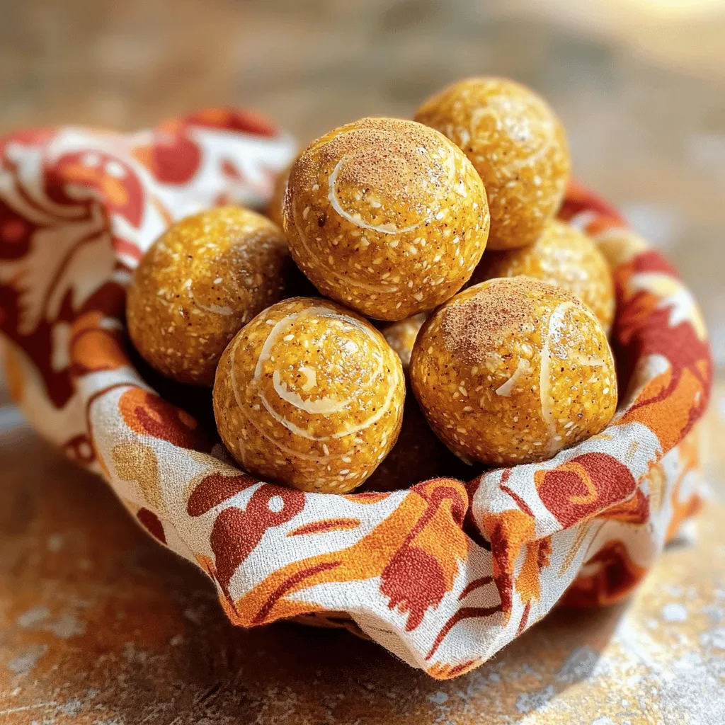 For the Pumpkin Spice Energy Balls, you will need: - 1 cup rolled oats - 1/2 cup almond butter - 1/2 cup canned pumpkin puree - 1/4 cup honey or maple syrup - 1 teaspoon pumpkin pie spice - 1/2 teaspoon vanilla extract - 1/4 cup ground flaxseed - 1/4 cup mini chocolate chips (optional) - Pinch of salt These ingredients blend to create a tasty and nutritious snack. The oats give a hearty base. The almond butter adds creaminess and healthy fats. Pumpkin puree brings moisture and flavor. Honey or maple syrup sweetens the mix. The pumpkin pie spice adds a warm, cozy taste. Flaxseed boosts fiber and nutrition. The chocolate chips, if you use them, add a sweet treat. If you need substitutes, here are some options: - Rolled oats: You can use quick oats or ground oats for a finer texture. - Almond butter: Peanut butter or sunflower seed butter work well too. - Canned pumpkin puree: You can use fresh pumpkin puree if you prefer. - Honey or maple syrup: Agave syrup or brown rice syrup can be good sweeteners. - Flaxseed: Chia seeds can replace flaxseed for a similar texture. These swaps can help you make this recipe fit your taste or what you have on hand. Each energy ball is packed with nutrition. Here’s a quick look at what you get per ball: - Calories: About 100 - Protein: 3 grams - Fat: 4 grams - Carbohydrates: 14 grams - Fiber: 2 grams - Sugar: 3 grams These energy balls are not just tasty; they also offer a good balance of nutrients. They provide energy, healthy fats, and fiber, making them a great snack for any time of the day. Making pumpkin spice energy balls is easy and fun. You need some basic tools. Grab a large mixing bowl and a smaller one. You will also want a spatula and your hands for mixing. This whole process takes about 45 minutes, but the prep time is just 15 minutes. You will create 12 to 15 tasty balls. First, gather your dry ingredients. In your large mixing bowl, add: - 1 cup rolled oats - 1/4 cup ground flaxseed - 1 teaspoon pumpkin pie spice - Pinch of salt Stir these together well. This step helps blend the flavors. You want the spices to spread evenly. It makes the energy balls taste great. Now, it's time for the wet ingredients. In your smaller bowl, mix together: - 1/2 cup almond butter - 1/2 cup canned pumpkin puree - 1/4 cup honey or maple syrup - 1/2 teaspoon vanilla extract Stir until it's all smooth. Then, pour this mixture into your dry ingredients. Use your spatula or hands to combine everything. Mix until you can't see any dry bits. If you want, fold in 1/4 cup of mini chocolate chips for a sweet twist. Once mixed, take small portions of the mixture. Roll them into balls about 1 inch wide. Place them on a plate or baking sheet lined with parchment paper. Repeat this until you have used all the mixture. Finally, refrigerate the energy balls for at least 30 minutes. This helps them firm up and makes them easier to eat. Enjoy your tasty and nutritious snack! You can easily change the flavor of these energy balls. Try different spices, like cinnamon or nutmeg. You can also swap the pumpkin puree for applesauce. It gives a nice twist! If you love nuts, add chopped walnuts or pecans. For a sweeter taste, mix in more chocolate chips or dried fruits. Each option makes your snack unique. Getting the right texture is key. If the mixture is too dry, add a splash of almond milk. If it’s too wet, mix in more oats or flaxseed. Use your hands to roll the balls. This ensures they hold together well. If you find them crumbly, let them chill longer in the fridge. They will firm up nicely! To save time, prep your ingredients ahead of time. Measure out oats and flaxseed a day before. You can also mix the wet ingredients in a blender for a quick job. When forming the balls, use a cookie scoop. This keeps them all the same size and helps you work faster. Make a big batch and store extras for later! {{image_2}} You can make your Pumpkin Spice Energy Balls even better with some healthy add-ins. Try adding: - Chia seeds for extra fiber and omega-3s. - Dried fruit like cranberries or raisins for sweetness. - Nuts like walnuts or pecans for healthy fats. - Protein powder for a protein boost. These add-ins not only change the flavor but also add nutrition. Look at what you have at home. You can mix and match to find your favorite combo. Want to switch up the taste? You can play with flavors. Here are some ideas: - Chocolate: Add cocoa powder or swap chocolate chips for dark chocolate. - Coconut: Mix in shredded coconut for a tropical twist. - Nutty: Use different nut butters, like peanut or cashew, for a new taste. - Spiced: Add a pinch of cinnamon or nutmeg for a warm kick. These options keep your energy balls fun and fresh. Experiment to find what you love best! Energy balls work great as snacks or treats. Here are some ways to enjoy them: - On-the-go: Pack a few in your bag for a quick snack. - Post-workout: They make a perfect recovery bite after exercise. - Lunchbox treat: Kids will love finding these in their lunch. - Party snack: Arrange them on a tray for your next gathering. These ideas help you enjoy your energy balls anytime. They are tasty, healthy, and easy to eat! Store your Pumpkin Spice Energy Balls in the fridge. They will stay fresh for up to one week. Keep them in a sealed container or a zip-top bag. This helps keep them moist and tasty. When you want a quick snack, just grab one from the fridge! For longer storage, freezing is a great option. Place the energy balls in a single layer on a baking sheet. Freeze them for about an hour. Once they are firm, transfer them to a freezer-safe bag. Make sure to label the bag with the date. They will stay good for up to three months in the freezer. When you want one, just take it out and let it thaw. Use airtight containers for storing your energy balls. Glass jars or plastic containers work well. If you have a lot, stack them in layers with parchment paper between. This prevents them from sticking together. Choose containers that fit your fridge or freezer space. This way, your Pumpkin Spice Energy Balls stay fresh and ready to enjoy! Pumpkin Spice Energy Balls last about one week in the fridge. If you store them in an airtight container, they stay fresh longer. You can also freeze them for three months. Just thaw them in the fridge overnight before eating. Yes, you can use other nut butters. Peanut butter works well and adds a nice flavor. Cashew butter or sunflower seed butter are great options too. Just keep in mind that this may change the taste a bit. Absolutely! These energy balls are a fun snack for kids. They are healthy and packed with nutrients. The sweetness from honey or maple syrup makes them tasty. Plus, you can involve your kids in making them! This blog post covered how to make tasty Pumpkin Spice Energy Balls. We looked at key ingredients and tasty substitutes, plus their nutrition facts. You learned step-by-step how to mix and form the balls. We shared tips for adding flavors and perfecting texture. You can also explore fun variations and storage tips. Simple, fun, and healthy snacks like these can fit into any diet. Give them a try today!