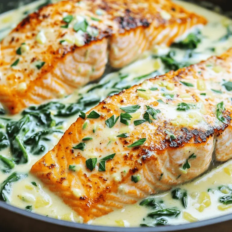 - 4 salmon fillets (about 6 oz each) - 1 cup heavy cream - 1 cup grated Parmesan cheese - 4 cloves garlic, minced - 1 teaspoon Italian seasoning - Juice of 1/2 lemon - Fresh parsley, chopped - 1 cup baby spinach To make creamy garlic parmesan salmon, you need key ingredients first. Salmon fillets are your main star. They should be fresh for the best taste. Heavy cream gives the sauce its rich and creamy texture. Parmesan cheese adds a savory punch that makes this dish shine. Next, you will need seasonings. Garlic brings a robust flavor. Use fresh, minced garlic for the best results. Italian seasoning adds warmth and depth. Don't forget the lemon juice; it will brighten the dish and balance the creaminess. For optional garnishes, fresh parsley adds color and freshness. Baby spinach is a great way to add greens. It wilts nicely in the sauce and makes the dish look appealing. Gather these ingredients, and you’re ready to cook a meal that’s both tasty and impressive. First, season the salmon fillets. Sprinkle salt and black pepper on both sides. This adds flavor. Next, choose a large skillet. A heavy skillet works best. It heats evenly and keeps the salmon from sticking. Now, heat olive oil in the skillet over medium-high heat. When the oil is hot, place the salmon fillets skin-side down. Cook for about 4 to 5 minutes. You want the skin crispy. After that, carefully flip the fillets. Cook for another 3 to 4 minutes until they are done. The fish should flake easily with a fork. Remove the salmon from the skillet and set it aside. In the same skillet, add minced garlic. Sauté the garlic for about 1 minute. You want it to smell great, not burn. Then, pour in the heavy cream. Stir it all together and bring to a simmer. Add the grated Parmesan cheese next. Stir constantly until the cheese melts. The sauce should be smooth and creamy. Now, add the baby spinach to the sauce. Cook for 2 to 3 minutes until it wilts. Then, squeeze in the juice from half a lemon. This adds a nice zing. Finally, return the salmon to the skillet. Spoon some creamy sauce over the top. Let it simmer for another minute to heat through. - Check internal temperature: Cook the salmon until it reaches 145°F. Use a meat thermometer for accuracy. This ensures it's safe and delicious. - Tips for crispy skin: Start with a hot skillet. Dry the skin well before cooking. This helps it get that perfect golden crisp. - Adding more cheese: For a richer flavor, add extra Parmesan cheese. This makes the sauce even creamier. - Modifying cream thickness: If you like a thicker sauce, simmer it longer. This reduces the cream and intensifies the flavor. - Pairing sides like salad or garlic bread: A fresh salad or warm garlic bread pairs well. They balance the rich flavors of the salmon. - Plating for visual appeal: When serving, spoon the creamy sauce over the salmon. Add a sprinkle of parsley for color. This makes the dish look as good as it tastes! {{image_2}} - Alternative fish options: You can swap salmon for trout or tilapia. These fish cook well and have a mild taste, making them great for this dish. Choose fillets about the same size for even cooking. - Dairy-free variations: If you want a dairy-free option, use coconut milk or almond milk. Both give a creamy texture. For cheese, try a plant-based parmesan. This keeps the dish rich without dairy. - Adding herbs like dill or basil: Fresh herbs can brighten the dish. Dill pairs well with fish, adding a fresh, light flavor. Basil brings a sweet note. You can mix them in the sauce or sprinkle on top before serving. - Introducing other vegetables: You can add vegetables for more color and nutrition. Cherry tomatoes, bell peppers, or asparagus work great. Just toss them into the skillet with the spinach, letting everything cook together. - Oven-baked version: To bake, season the salmon and place it in a baking dish. Cover with the creamy sauce and bake at 375°F for about 15-20 minutes. This method keeps the salmon moist and lets the flavors blend nicely. - Grill preparation: For a smoky flavor, grill the salmon. Season and grill each side for about 4-5 minutes. After grilling, you can add the creamy sauce in a separate pan. This method gives a nice char and keeps the salmon juicy. To keep your creamy garlic parmesan salmon fresh, store leftovers in the fridge. Place the salmon in an airtight container. This helps prevent it from drying out. Make sure to store it within two hours of cooking. Leftovers stay good for up to three days. Choose glass or plastic containers with tight lids. They help keep the salmon moist. Avoid using metal containers, as they can affect the taste. If you have a lot, divide the salmon into smaller portions. This makes it easier to reheat later. When you want to enjoy your salmon again, reheat it gently. The best methods are using the stove or microwave. If using the stovetop, place the salmon in a pan over low heat. Add a splash of cream to keep the sauce creamy. Heat until warm, about 5-7 minutes. To keep the sauce from getting too thick, stir in a little extra cream or broth. This helps maintain the smooth texture. If microwaving, use a microwave-safe plate. Cover it with a damp paper towel. Heat for 1-2 minutes, checking often. Yes, you can freeze creamy salmon! However, the texture may change a bit after thawing. For best results, freeze the salmon without the sauce. Wrap each fillet in plastic wrap, then place in a freezer bag. Label the bags with the date. Use within three months for the best taste. To thaw, place the salmon in the fridge overnight. Avoid thawing in the microwave. It can cook the salmon unevenly. Once thawed, you can warm it up following the reheating instructions above. Creamy garlic parmesan salmon lasts about 3 to 4 days in the fridge. Store it in an airtight container to keep it fresh. Look for signs of spoilage like an off smell or slimy texture. If you notice either, it's best to toss it out. Keeping your dish properly stored helps it stay tasty for longer. Yes, you can make parts of this recipe ahead of time. You can prepare the salmon fillets and sauce in advance. Store them separately in the fridge. When you're ready to eat, reheat the salmon in a skillet over low heat. Warm the sauce gently to keep it creamy. This way, you save time and still enjoy a delicious meal. If you need a substitute for heavy cream, try using half-and-half or coconut milk. Both will change the flavor slightly but still work well. If you use half-and-half, the sauce may be less thick. When substituting, adjust the amount of cheese to keep it rich and creamy. This way, you can still enjoy a delightful dish! You learned how to prepare creamy garlic Parmesan salmon with easy steps. We covered key ingredients, cooking methods, and helpful tips for the perfect dish. You can make variations or substitute ingredients to fit your taste. Proper storage extends the life of your meal and maintains its flavor. Whether you enjoy it fresh or reheated, this recipe is sure to impress. Dive into this dish and enjoy a delightful, creamy salmon experience!