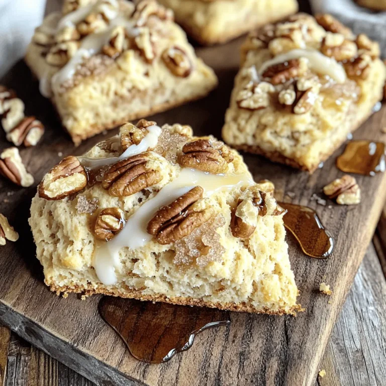 - 2 cups all-purpose flour - 1/2 cup brown sugar, packed - 2 teaspoons baking powder - 1/2 teaspoon baking soda - 1/2 teaspoon salt - 1/2 cup unsalted butter, cold and cubed - 1/2 cup chopped pecans, toasted - 3/4 cup heavy cream - 1/4 cup maple syrup - 1 teaspoon vanilla extract - Additional cream for brushing - Maple syrup and chopped pecans for topping Each ingredient plays a key role in making your scones rich and tasty. All-purpose flour gives the scones structure. Brown sugar adds sweetness and a hint of caramel. Baking powder and baking soda help the scones rise. Salt balances the flavors. Use cold, cubed unsalted butter for a flaky texture. Chopped pecans provide crunch and flavor. Heavy cream enriches the dough, while maple syrup adds a delightful sweetness. Vanilla extract enhances the overall taste. Lastly, you’ll need extra cream for brushing the tops before baking. This gives them a nice golden color. Maple syrup and pecans on top serve as a perfect finish. Gather these ingredients, and you’ll be ready to make bakery-style scones that impress! 1. Preheating the oven: Start by preheating your oven to 400°F (200°C). This ensures your scones bake evenly and rise nicely. 2. Preparing the baking sheet: Line a baking sheet with parchment paper. This helps prevent sticking and makes cleanup easier. 1. Mixing dry and wet ingredients: In a large bowl, whisk together 2 cups of all-purpose flour, 1/2 cup of packed brown sugar, 2 teaspoons of baking powder, 1/2 teaspoon of baking soda, and 1/2 teaspoon of salt. Make sure everything is well combined. 2. Proper incorporation techniques: Now, add 1/2 cup of cold, cubed unsalted butter. Use a pastry cutter or your fingers to mix it in until it looks like coarse crumbs. Then, gently fold in 1/2 cup of toasted, chopped pecans. 3. In a separate bowl, whisk together 3/4 cup of heavy cream, 1/4 cup of maple syrup, and 1 teaspoon of vanilla extract. Pour this wet mixture into the dry mix and combine until just moistened. You want to see a few flour streaks; do not over-mix. 1. Forming the scone dough: Turn the dough out onto a lightly floured surface. Pat it into a circle about 1 inch thick. Cut the dough into 8 wedges and place them on the baking sheet. 2. Baking duration and temperature: Brush the tops with a bit of heavy cream for a nice golden color. Bake for 18-20 minutes, or until they turn lightly golden brown and are cooked through. - Use cold butter. Cold butter makes scones flaky. It creates air pockets while baking. - Do not over-mix the dough. Mix until just combined. A few flour streaks are fine. Over-mixing makes scones tough. - Toast your pecans before adding them. Toasting brings out their rich flavor. Just a few minutes in the oven will do. - Choose quality maple syrup. Real maple syrup adds depth. It gives your scones that sweet, warm flavor. - Use a pastry cutter for mixing butter. It breaks butter into small pieces easily. Your hands may warm the butter too much. - Use parchment paper on your baking sheet. It prevents sticking and makes cleanup easy. A good non-stick sheet also works well. {{image_2}} You can change up these scones in fun ways. If you want to add a seasonal twist, try mixing in spices. For fall, a pinch of cinnamon or nutmeg gives warmth. In spring, consider adding lemon zest for a fresh taste. You can also swap out the pecans for other nuts. Walnuts or almonds can bring new flavors. Just remember to toast them for the best taste. If you need gluten-free scones, use gluten-free flour. Many brands work well without changing the texture much. For a dairy-free version, use coconut cream instead of heavy cream. You can also find plant-based butter as a good alternative. These scones are perfect with coffee or tea. They pair well with a warm drink on a chilly day. For toppings, try a dollop of clotted cream or a spread of fruit preserves. You can also drizzle more maple syrup on top for extra sweetness. Chopped nuts sprinkled on the scones add a nice crunch, making each bite special. To keep your scones fresh, store them in airtight containers. This prevents air and moisture from ruining their texture. If you plan to eat them within a few days, just keep them on the counter. If you want to save them for longer, consider freezing. Wrap each scone tightly in plastic wrap, then place them in a freezer bag. This method keeps them safe from freezer burn. At room temperature, these scones will last about three days. If you refrigerate them, they may stay fresh for up to a week. However, always check for signs of spoilage. If you notice any mold or an off smell, it's best to toss them out. To reheat your scones, use an oven set to 350°F (175°C). Place the scones on a baking sheet and cover them with foil. Heat for about 10 minutes, and they'll be warm and soft. If you want to microwave them, do so for about 15-20 seconds. Be careful not to dry them out. Adding a little butter or cream before reheating can help keep them moist. You can use milk or half-and-half. These options will make your scones lighter. If you prefer non-dairy, try almond milk or coconut cream. Both add a nice flavor. Remember, these substitutes may change the texture slightly. Yes, you can make the dough ahead. Wrap it tightly in plastic wrap. Store it in the fridge for up to 24 hours. When you're ready, just cut and bake it. It saves time and still tastes great! Look for a light golden color on top. You should also feel a firm texture. If you tap the bottom, it should sound hollow. This means they are baked through. Enjoy the smell as they cool! This blog post covered all the steps to make tasty scones from scratch. We explored the key ingredients, mixing and baking methods, and helpful tips for perfect results. You can also customize your scones with various flavors or dietary needs. Store them properly to keep them fresh longer. Remember, baking scones is simple and fun! With practice, you can create delicious treats that everyone will enjoy. Happy baking, and enjoy your scones!