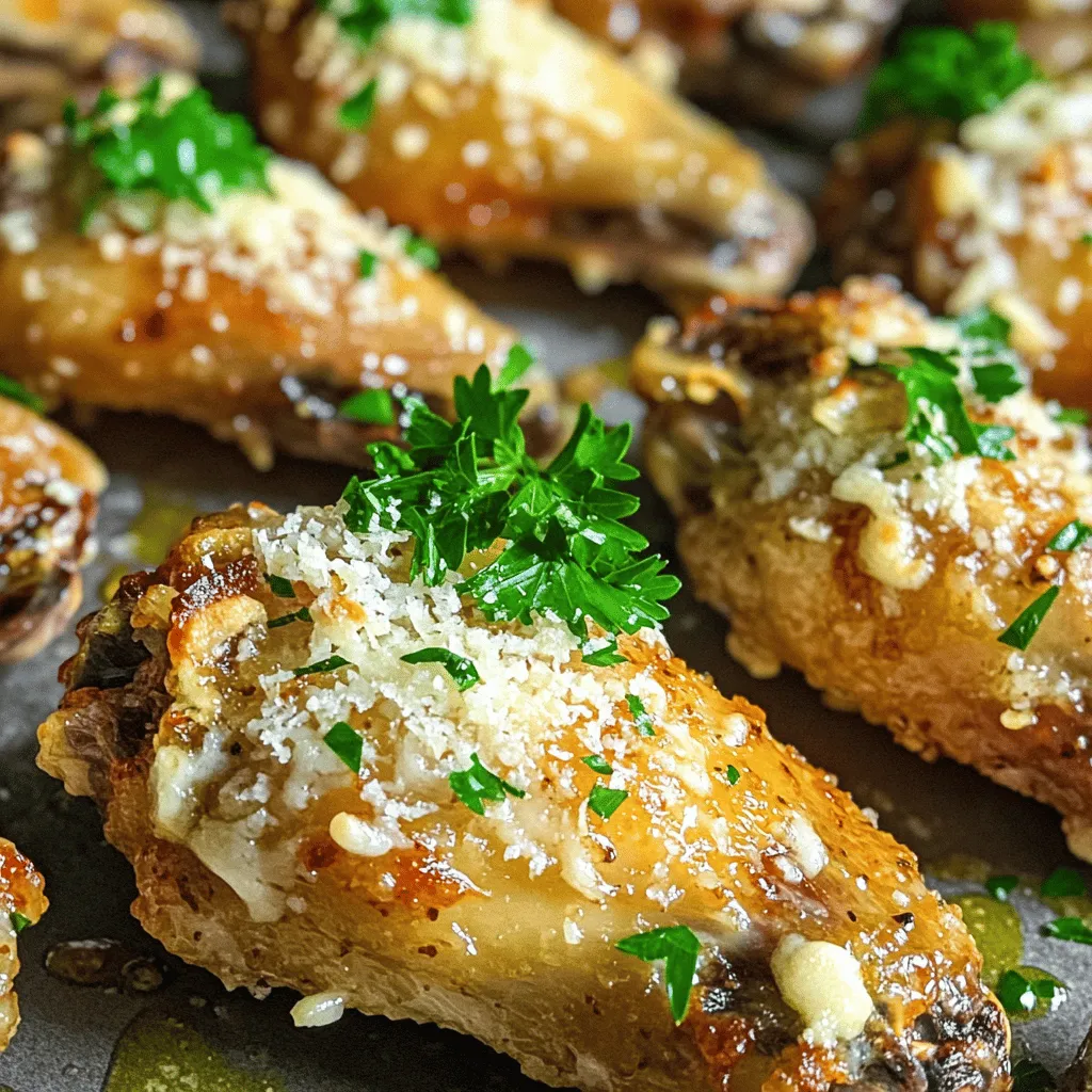 To make Baked Garlic Parmesan Wings, you need the following items: - 2 pounds chicken wings - 1/4 cup olive oil - 4 cloves garlic, minced - 1/2 cup grated Parmesan cheese - 1 teaspoon garlic powder - 1 teaspoon onion powder - 1 teaspoon Italian seasoning - Salt and pepper to taste - Fresh parsley, chopped (for garnish) These ingredients come together to create a tasty and crispy wing. Using high-quality ingredients makes a big difference. I recommend fresh garlic for the best flavor. Look for good Parmesan cheese; grated or shredded works well. A quality olive oil adds richness to the marinade. Choose chicken wings that are fresh or frozen without added hormones. This ensures each bite is packed with flavor. Feel free to get creative! You can add a pinch of cayenne pepper for heat. Try lemon zest for a fresh twist. A splash of hot sauce in the marinade gives a nice kick. You can also use fresh herbs like thyme or rosemary. These will enhance the taste and make your wings even more delicious. Start by preheating your oven to 400°F (200°C). This step helps cook the wings evenly. Line a baking sheet with parchment paper. This makes cleanup easy. In a large bowl, mix together 1/4 cup of olive oil, 4 minced garlic cloves, 1 teaspoon each of garlic powder, onion powder, and Italian seasoning. Add salt and pepper to taste. Stir until well combined. Now, add 2 pounds of chicken wings to the bowl. Make sure each wing is coated with the marinade. Let the wings marinate for at least 30 minutes. This gives them a nice flavor. After marinating, arrange the wings in a single layer on the prepared baking sheet. This helps them cook well. Bake the wings in the oven for 40 to 45 minutes. Remember to flip them halfway through. This ensures both sides become golden brown and crispy. When the wings are done baking, take them out of the oven. Immediately sprinkle 1/2 cup of grated Parmesan cheese over the hot wings. The heat will melt the cheese slightly, adding a rich flavor. For a nice touch, garnish the wings with chopped fresh parsley. This not only adds color but also enhances the taste. Serve these wings hot for the best experience! To get your wings extra crispy, use a few simple tricks. First, dry the wings well with paper towels. This step helps remove moisture. Less moisture means more crispiness! Next, use a baking rack if you have one. This lets air flow around the wings, making them crisp on all sides. Lastly, bake them at 400°F. This heat ensures they cook through while getting that golden brown finish. You can easily change the flavor of your garlic Parmesan wings! For a spicy kick, add some red pepper flakes or cayenne pepper to your marinade. Want a zesty twist? Mix in lemon zest or a splash of lemon juice. You can also try different cheeses. Instead of Parmesan, use Pecorino Romano for a sharper taste. Experiment with fresh herbs like thyme or rosemary for a fresh flavor boost! Avoid these mistakes for better wings! First, don’t skip marinating. Letting the wings sit in the marinade adds flavor. Next, don’t overcrowd the baking sheet. If wings are too close, they won’t crisp up. Make sure they have space to breathe. Also, flipping them halfway is key! This ensures even cooking and browning. Lastly, remember to sprinkle the cheese while the wings are hot. This helps the cheese melt and stick nicely! {{image_2}} You can change the flavor of your wings easily. Try using smoked paprika for a smoky taste. You may also add cayenne pepper for heat. If you love herbs, mix in fresh thyme or rosemary. Lemon zest gives a bright twist. You can even swap the garlic with ginger for a new kick. Baking is great, but other methods work too. For air frying, preheat your air fryer to 380°F (193°C). Cook the wings for 25-30 minutes, shaking the basket halfway. This gives a crispy finish with less oil. Grilling is another fun option. Preheat your grill to medium heat and cook the wings for 20-25 minutes, turning them often. You get a nice char and smoky flavor. Need gluten-free wings? Use gluten-free seasonings and check your olive oil. For a dairy-free option, skip the Parmesan. Instead, try nutritional yeast for a cheesy taste. If you want lower fat, use skinless wings. You can also use tofu or cauliflower for a plant-based version. These swaps keep the flavors tasty and fun. After enjoying your Baked Garlic Parmesan Wings, store any leftovers in an airtight container. This keeps them fresh and tasty. Let the wings cool to room temperature before sealing them. You can store them in the fridge for up to three days. Make sure to separate layers with parchment paper to avoid sticking. To enjoy your wings again, preheat your oven to 375°F (190°C). Place the wings on a baking sheet lined with parchment paper. Heat them for about 10-15 minutes. This method ensures they stay crispy. You can also use a microwave, but the skin may not be as crunchy. If you choose the microwave, heat them for 1-2 minutes. If you have more wings than you can eat, freezing is a great option. Place the wings in a freezer-safe bag or container. Remove as much air as possible to prevent freezer burn. They can last up to three months in the freezer. When ready to eat, thaw them overnight in the fridge before reheating. This way, you preserve the flavor and texture. Yes, you can use frozen wings. Just make sure to thaw them first. Thawing helps the wings cook evenly. This keeps them juicy and crispy. You can leave them in the fridge overnight. If you’re in a hurry, you can use cold water to thaw them. To add spice, use hot sauce in the marinade. A tablespoon or two works well. You can also add cayenne pepper for extra heat. Adjust the amount to suit your taste. For a smoky flavor, try smoked paprika. Mix it in with the other spices. These wings pair great with a few sides. Try celery sticks and carrot sticks for crunch. A side of ranch or blue cheese dressing works well, too. You can also serve them with a fresh salad. Consider some crispy potato wedges for a hearty meal. This guide covers everything you need for baked garlic Parmesan wings. We explored essential ingredients and quality tips. You learned the step-by-step process for perfect wings. We shared tips for crispiness and flavor tricks. Variations let you customize your wings for everyone. Finally, we discussed how to store and reheat leftovers. With this knowledge, you can create tasty wings with confidence. Enjoy your cooking and eat well!