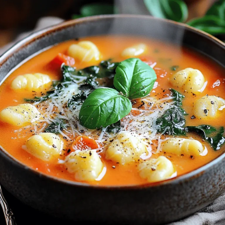 - 1 tablespoon olive oil - 1 medium onion, chopped - 2 cloves garlic, minced - 2 cups vegetable broth - 1 can (14 oz) crushed tomatoes - 1 can (15 oz) diced tomatoes - 1 teaspoon dried oregano - 1 teaspoon dried basil - Salt and black pepper to taste - 1 package (16 oz) potato gnocchi - 1 cup heavy cream (or coconut cream for a dairy-free option) - 1 cup fresh spinach, chopped - 1 cup grated Parmesan cheese (or nutritional yeast for a vegan option) - Fresh basil leaves for garnish Gathering the right ingredients is key for this creamy tomato basil gnocchi soup. I love using fresh produce and quality items, as they really boost the flavor. Olive oil is the base for this dish, adding richness. Onion and garlic create a sweet and savory aroma. The vegetable broth gives depth, while crushed and diced tomatoes add freshness. Dried oregano and basil bring the classic Italian taste. For the heart of the soup, potato gnocchi cooks quickly and adds a nice texture. Heavy cream makes the soup rich and velvety. If you prefer a lighter option, use coconut cream. Fresh spinach adds color and nutrients, while Parmesan cheese enhances the taste. Finally, fresh basil leaves are perfect for garnish, adding a pop of color and flavor. These ingredients come together to create a delightful meal. 1. Sautéing onion and garlic First, heat 1 tablespoon of olive oil in a large pot over medium heat. Add the chopped onion and sauté it for about 3 to 4 minutes. You want the onion to be soft and translucent. Then, add 2 cloves of minced garlic. Cook this for another minute, stirring often to prevent burning. 2. Combining broth and tomatoes Next, pour in 2 cups of vegetable broth along with a 14-ounce can of crushed tomatoes and a 15-ounce can of diced tomatoes. Stir everything together until well mixed. Season the mixture with 1 teaspoon of dried oregano, 1 teaspoon of dried basil, and add salt and black pepper to taste. Bring this to a gentle simmer. 3. Cooking gnocchi until floating Now, it’s time to add the potato gnocchi. Use a package that weighs 16 ounces. Cook them in the soup for about 3 to 4 minutes. You’ll know they are done when they start to float to the top. This step means they are ready for the next phase! 1. Adding cream and spinach Reduce the heat slightly. Now, stir in 1 cup of heavy cream or coconut cream if you prefer a dairy-free option. Let the soup simmer on low for another 5 minutes. This helps the flavors blend beautifully. Then, add in 1 cup of chopped fresh spinach. 2. Adjusting seasoning Finally, stir in 1 cup of grated Parmesan cheese. You can also use nutritional yeast for a vegan option. Mix until the cheese melts and the spinach wilts. Taste the soup and adjust the seasoning if needed, ensuring it’s perfect for you! - Recommended cooking times Start by cooking the onion for about 3-4 minutes. Then, add the garlic for one more minute. This helps them become soft and tasty. After adding the broth and tomatoes, let the soup simmer for 5-10 minutes. Cook the gnocchi for 3-4 minutes until they float. This shows they are done. - How to avoid burning garlic Garlic burns fast. To prevent this, always keep the heat low when cooking it. Stir it often. You can add garlic after the onion is soft. This gives it a nice flavor without burning. - Cream options for dietary needs If you want a dairy-free option, use coconut cream instead of heavy cream. It adds a nice sweetness. For a vegan option, swap Parmesan cheese for nutritional yeast. Both choices keep the soup creamy and delicious. - Serving ideas for a beautiful dish Serve your soup in deep bowls. This makes it look inviting. You can also pair it with crusty bread on the side. This adds a nice touch and makes the meal complete. - Garnishing tips with fresh basil Fresh basil leaves make your soup pop. Place them on top just before serving. You can also chop some basil and sprinkle it over the soup for extra color and flavor. It not only looks great but also adds a fresh taste. {{image_2}} You can easily change some ingredients to fit your needs. For a dairy-free option, swap heavy cream with coconut cream. This gives your soup a creamy texture without dairy. If you want to add more veggies, try including carrots or zucchini. They add great flavor and extra nutrition. Want to make your soup heartier? Add cooked chicken or sausage to the mix. This addition gives the dish more protein and flavor. If you like heat, sprinkle in some chili flakes. This will add a nice kick and make it even more exciting. To keep your creamy tomato basil gnocchi soup fresh, follow these tips: - Cool it down first. Let the soup reach room temperature before storing. - Use airtight containers. Glass or plastic containers with lids work well. - Portion it out. Store in smaller containers for easy access later. Consider placing a piece of plastic wrap directly on the soup before sealing. This helps reduce air and keeps it fresher longer. When you want to enjoy your soup again, here are some ways to reheat it: - Stovetop method. Pour the soup into a pot and heat over medium-low. Stir often until warm. - Microwave method. Place in a microwave-safe bowl. Heat in short bursts, stirring in between. If you want to freeze the soup, do this: - Freeze before adding cream. This helps keep the texture nice. - Use freezer-safe bags or containers. Leave some space for expansion. - Label and date. This makes it easy to use later. When ready to eat, thaw the soup in the fridge overnight. Reheat on the stove for the best texture. Can I use frozen gnocchi? Yes, you can use frozen gnocchi. Just add them directly to the soup. They will cook in the broth. This saves time and keeps your meal quick and easy. Is this recipe suitable for meal prep? Absolutely! This soup is great for meal prep. You can make it ahead and store it. It keeps well in the fridge for up to three days. Reheat it on the stove or in the microwave. What can I serve with creamy tomato basil gnocchi soup? Pair this soup with crusty bread or a fresh salad. Garlic bread also works well. A sprinkle of extra cheese on top adds a nice touch. Caloric details per serving Each serving has about 400 calories. This can vary based on the cream you choose. Using coconut cream may reduce calories slightly. Dietary considerations (vegan, gluten-free options) You can make this soup vegan by using coconut cream and nutritional yeast. For gluten-free options, look for gluten-free gnocchi. Always check labels to ensure all ingredients meet your needs. This creamy tomato basil gnocchi soup combines simple ingredients for a tasty meal. You start by sautéing onion and garlic, then add broth and tomatoes. Next, cook your gnocchi until they float and mix in cream and spinach for richness. Consider using fresh basil for garnish and explore variations to suit your taste. Remember to store leftovers properly and follow reheating tips for the best texture. Enjoy this delightful dish, and make it your own!