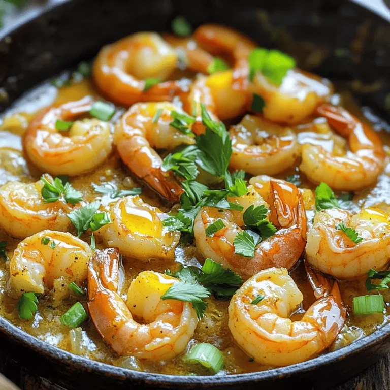 - 1 lb large shrimp, peeled and deveined - 2 tablespoons unsalted butter - 3 tablespoons honey - 4 garlic cloves, minced - 1 tablespoon soy sauce - 1 teaspoon smoked paprika - 1/2 teaspoon red pepper flakes (optional for heat) - Salt and pepper to taste - 2 green onions, sliced (for garnish) - Fresh parsley, chopped (for garnish) Using fresh ingredients makes a big difference. The shrimp should be large and fresh. I love working with shrimp that has been peeled and deveined. It saves time and lets you focus on cooking. The butter adds richness, and honey brings sweetness. Garlic gives a great aroma and flavor. For seasonings, soy sauce adds umami. Smoked paprika gives a warm, smoky taste. If you like heat, use red pepper flakes. A pinch of salt and pepper is key for balance. Don't forget the garnishes! Green onions and fresh parsley brighten the dish. They make it look beautiful and add fresh flavor. - Prep the Shrimp: Start by rinsing the shrimp under cold water. Then, pat them dry with paper towels. This step is key to getting nice, juicy shrimp. Season them with salt and pepper to taste. This simple seasoning really brings out the shrimp's flavor. - Heat the Skillet: Get a large skillet and melt the butter over medium-high heat. Watch for it to start bubbling, which means it’s hot enough for the next step. - Add Garlic: Once the butter is bubbling, add the minced garlic. Sauté it for about one minute. The garlic will smell amazing, but be careful not to burn it. Burnt garlic can ruin the dish. - Cook the Shrimp: Now, add the shrimp to the skillet in a single layer. Sprinkle them with smoked paprika and optional red pepper flakes for a kick. Cook for about 2 to 3 minutes on one side until they turn pink. Then, flip them over and cook for another 2 to 3 minutes. - Make the Sauce: Drizzle the honey and soy sauce over the shrimp. Stir gently to coat all the shrimp evenly. Let it cook for a few more minutes until the sauce thickens. This makes the dish sweet and savory. - Garnish and Serve: Remove the skillet from the heat. Sprinkle sliced green onions and chopped parsley on top. This adds a fresh touch and makes the dish look pretty. You can serve it right from the skillet or transfer it to a platter for a nice presentation. Enjoy! To achieve perfectly cooked shrimp, focus on timing. Cook shrimp for just 2-3 minutes on each side. They turn pink when done. Overcooking makes them rubbery, so keep an eye on them. Not burning garlic is key for great flavor. Add minced garlic to the melted butter and stir right away. Sauté it for about a minute. If it burns, it gets bitter, and that changes the taste. To add heat, use more red pepper flakes. You can also try a dash of hot sauce. For sweetness, drizzle extra honey on top when serving. Each adds a nice twist to the dish. Fresh herbs enhance flavor. Try adding chopped cilantro or basil before serving. They brighten the dish and make it look appealing. For visual appeal, serve shrimp in the skillet you cooked them in. This keeps them warm and creates a nice rustic look. If you prefer, transfer them to a beautiful platter. For gatherings, serve shrimp with lemon or lime wedges. Guests can squeeze them over the dish for a fresh burst. You can also drizzle extra honey on top for a sweet touch. {{image_2}} You can switch up the sweetener in this recipe. Maple syrup works great in place of honey. It adds a rich flavor that pairs well with garlic. If you want to try a different seafood, use scallops or fish fillets. Just adjust the cooking time based on the seafood you choose. To make this dish low-carb, skip the honey or use a low-carb sweetener. This keeps the flavor while cutting carbs. For a gluten-free version, pick gluten-free soy sauce. You can also make it vegan! Use tofu or chickpeas instead of shrimp. Cook them until golden for a tasty option. Add zest from a lemon or lime to brighten the dish. This adds a fresh taste that lifts the entire meal. You can also try different spice blends. For a kick, add cumin or chili powder. These spices give a unique twist and make the dish your own. To store leftovers, place the shrimp in an airtight container. Make sure to cool the dish to room temperature first. Refrigerate the shrimp within two hours of cooking. This helps keep it fresh. Honey butter garlic shrimp will stay good for up to three days in the fridge. Always check for any off smells or changes in color before eating. Yes, you can freeze cooked shrimp. To freeze, let the shrimp cool completely. Then, place them in a freezer-safe bag. Remove as much air as possible to prevent freezer burn. Cooked shrimp can last up to three months in the freezer. When you're ready to eat, thaw them in the fridge overnight. For reheating thawed shrimp, use a skillet. Heat on medium-low until warmed through. Avoid high heat, as it can make shrimp rubbery. You can also add a splash of broth or water to keep them moist. Preparing shrimp ahead of time makes for quick meals. Cook the honey butter garlic shrimp, then let it cool. Divide the shrimp into meal prep containers. Pair them with rice or veggies for a balanced meal. For serving, add fresh herbs or extra sauce for flavor. You can even add lemon wedges for a zesty kick. This way, you have tasty meals ready to go all week. What is the best type of shrimp for this recipe? The best type of shrimp for this recipe is large shrimp. They cook evenly and have a nice texture. Look for shrimp that are firm and have a fresh smell. You can use fresh or frozen shrimp, but if using frozen, make sure to thaw them fully before cooking. Can I double the recipe for a larger crowd? Yes, you can easily double the recipe. Just make sure your skillet is large enough. You may need to cook the shrimp in batches if your skillet is small. This way, they cook evenly and don’t steam. How long does it take to cook shrimp in a skillet? Cooking shrimp in a skillet takes about 5 to 6 minutes. You cook them for 2 to 3 minutes on one side, then flip them over and cook for another 2 to 3 minutes. They are done when they turn pink and opaque. What should I serve with Honey Butter Garlic Shrimp Skillet? You can serve this dish with rice or pasta for a full meal. A fresh salad or steamed veggies also pair well. If you want something light, serve it with lemon wedges for a zesty kick. What can I substitute for honey if I'm allergic? If you are allergic to honey, you can use maple syrup or agave nectar instead. They add a similar sweetness and work well in the sauce. Just use the same amount as you would honey. How can I make it spicier? To make it spicier, add more red pepper flakes or some chopped fresh chili. You can also use hot sauce in place of some soy sauce for an extra kick. Just remember to start small and taste as you go. In this blog post, we've covered how to make a delicious Honey Butter Garlic Shrimp. You learned about the main ingredients, step-by-step cooking, and some helpful tips. We also discussed fun variations and important storage information. Remember, cooking shrimp can be easy and fun with the right methods. Don't hesitate to try different flavors and garnishes. This dish can impress anyone, making gatherings special. Enjoy experimenting and sharing your tasty creations!