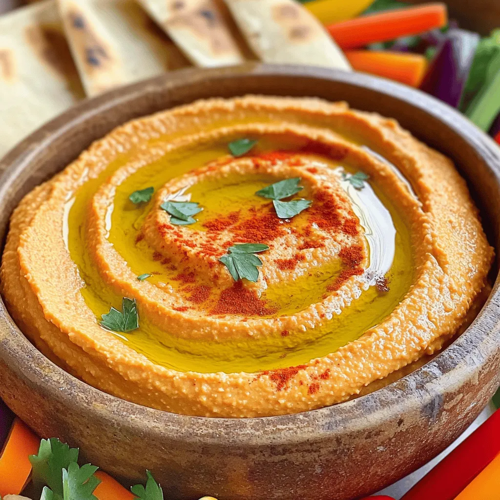 To make roasted red pepper hummus, you need a few key items. Here’s what you will need: - 1 can (15 oz) chickpeas, drained and rinsed - 1 red bell pepper, roasted (you can buy it or roast it at home) - 2 tablespoons tahini - 2 tablespoons olive oil - 2 tablespoons lemon juice - 1 garlic clove, minced - 1/2 teaspoon cumin - Salt and pepper, to taste - Water as needed for desired consistency - Fresh parsley, for garnish - Paprika, for garnish These ingredients blend to create a creamy and rich flavor. The roasted red pepper adds a sweet touch that makes this hummus special. You can change up your hummus by adding a few fun flavors. Here are some optional extras: - A pinch of chili powder for heat - A squeeze of lime juice for a tangy twist - A handful of spinach for extra greens - A dash of smoked paprika for a deeper flavor Feel free to mix and match these ingredients to suit your taste. The goal is to make it your own. Roasted red pepper hummus packs a nutritional punch. Here’s what you get in a serving: - High in protein from chickpeas - Healthy fats from olive oil and tahini - Vitamins from the red bell pepper and garlic - Fiber to keep you full This hummus is not just tasty; it is also good for you. Enjoy it as a dip, spread, or snack. To make the hummus, start with the red bell pepper. You can roast it at home or buy it roasted. If you choose to roast it, preheat your oven to 450°F (230°C). Cut the pepper in half and take out the seeds. Place it on a baking sheet with the skin facing up. Roast for 20-25 minutes until the skin is black and blistered. Once out of the oven, let it cool. After it cools, peel off the skin and set the pepper aside. This step gives your hummus a rich flavor. Now it’s time to blend! In a food processor, add the chickpeas, roasted red pepper, tahini, olive oil, lemon juice, minced garlic, and cumin. Blend everything until it’s smooth and creamy. If the hummus is too thick, add water one tablespoon at a time. Blend again until you reach a nice consistency. Don't forget to taste it! Add salt and pepper as needed for flavor. Once blended, transfer your hummus to a serving bowl. For a lovely finish, drizzle some olive oil on top. Sprinkle paprika and chopped parsley for color. This makes the dish look great! Serve the hummus with warm pita bread, fresh veggies, or crunchy crackers. You can even add a small bowl of olive oil with herbs on the side for a fun dip. Enjoy your hummus as a snack or a party treat! To get your hummus just right, texture matters a lot. Start with good chickpeas. Canned chickpeas work well, but dried chickpeas can be creamier. If using dried, soak them overnight and cook until soft. When you blend, add a bit of water slowly. This helps reach your perfect smoothness. If it’s too thick, keep adding a little water until it feels right. For a richer taste, use fresh garlic. Roasting the garlic gives a sweet flavor. You can also add more lemon juice for brightness. A pinch of smoked paprika adds depth too. Don’t forget to taste your hummus as you go! This way, you can adjust salt and pepper to your liking. If you want a kick, try adding a bit of cayenne pepper. Roasted red pepper hummus is great with many things. Serve it with warm pita bread for a classic combo. Fresh vegetable sticks like carrots and cucumbers make it crunchy and fresh. You can also add crackers for a fun snack. For a special touch, drizzle olive oil and sprinkle herbs on top. This adds color and extra flavor. Enjoy your hummus with friends or family for a tasty treat! {{image_2}} To make this hummus spicy, add a dash of cayenne pepper or crushed red pepper flakes. Start with a pinch and taste as you go. You can always add more heat. This adds a lovely kick to the creamy texture. It’s great for those who love bold flavors. For a fresh twist, mix in your favorite herbs. Basil, cilantro, or dill work well. Just chop them finely and add them to the food processor with the other ingredients. This gives the hummus a vibrant taste and a beautiful color. It’s perfect for a summer picnic or a gathering. This recipe is already vegan and gluten-free! You can enjoy it without worry. If you want to boost the nutrition, add some spinach or kale. Just blend those greens in with the chickpeas and peppers. This adds vitamins without changing the great flavor. You can store roasted red pepper hummus in an airtight container. Place it in the fridge right after making it. This keeps it fresh and tasty. Make sure to cover the top with a thin layer of olive oil. This helps prevent it from drying out. You can enjoy it for up to five days. Freezing hummus is easy and a great way to save some for later. Use a freezer-safe container. Leave some space at the top because hummus can expand. If you want, you can freeze it in smaller portions. This way, you can take out just what you need. Hummus can freeze well for up to three months. When you store hummus in the fridge, check for any changes. If it smells off or has strange colors, throw it away. To reheat frozen hummus, let it thaw in the fridge overnight. Then mix it well before serving. If it seems thick after thawing, add a little water and stir. It will be creamy and good to enjoy again! You can use sunflower seed butter or Greek yogurt. Peanut butter also works well. Each option adds a unique flavor. Choose what you like best. The taste may change, but it will still be good. Homemade hummus stays fresh for about 4 to 7 days. Make sure to store it in an airtight container. If you see any changes in color or smell, it’s best to toss it. Yes, you can use store-bought roasted red peppers. They save time and taste great. Just drain them before adding to the hummus. This choice makes prep quick and easy. You now know how to make tasty roasted red pepper hummus. We covered key ingredients, step-by-step instructions, and clever tips. You also learned about fun variations and how to store your hummus. In the end, this dish is easy and fun to make. It offers great flavor and nutrition. Enjoy your hummus as a snack or party dip!