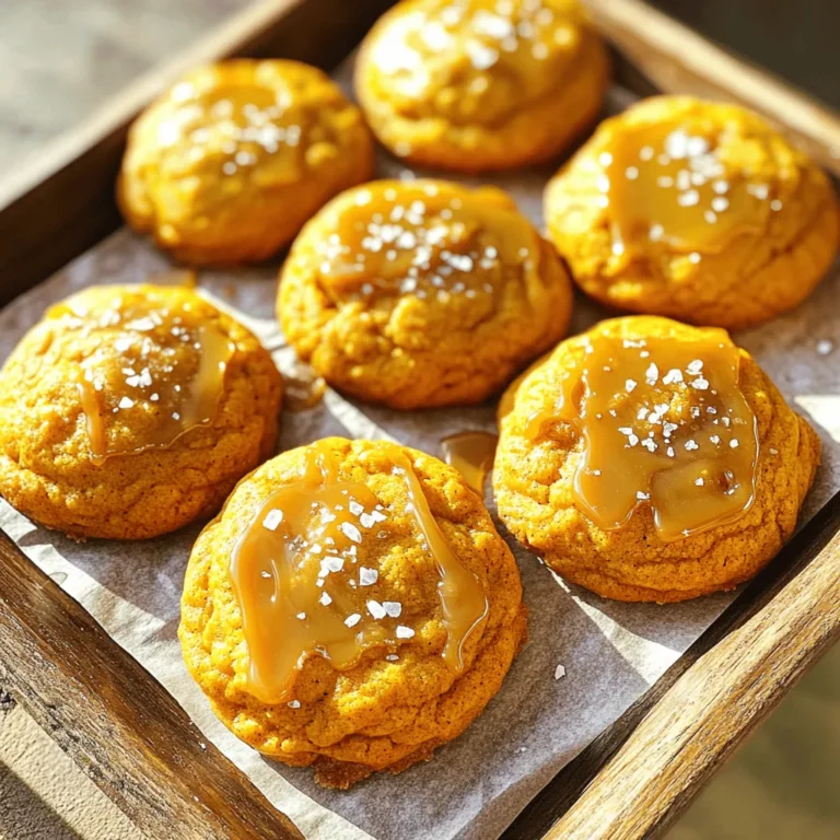 - 1 cup pumpkin puree - 1/2 cup unsalted butter, softened - 1 cup brown sugar, packed - 1/2 cup granulated sugar - 1 large egg - 1 teaspoon vanilla extract - 2 cups all-purpose flour - 1 teaspoon baking soda - 1/2 teaspoon baking powder - 1 teaspoon ground cinnamon - 1/2 teaspoon ground ginger - 1/4 teaspoon nutmeg - 1/4 teaspoon salt - 1 cup salted caramel sauce (store-bought or homemade) - Sea salt flakes for topping When selecting ingredients for salted caramel pumpkin cookies, quality matters. Choose a rich pumpkin puree for the best flavor. You can use fresh pumpkin, but canned puree saves time. Look for unsalted butter that is soft but not melted. This helps in mixing. Brown sugar adds moisture and flavor. Use packed brown sugar for the best results. For granulated sugar, pick a fine brand. The egg should be large and fresh. For spices, use fresh ground cinnamon, ginger, and nutmeg for more depth. If you have dietary restrictions, here are some swaps: - Use coconut oil instead of butter for a dairy-free option. - Substitute a flax egg for the large egg to make it vegan. - Swap all-purpose flour with a gluten-free blend. These choices keep your cookies delicious while meeting your needs! 1. Preheat Oven: Set your oven to 350°F (175°C). This step warms up the oven for even baking. Line a baking sheet with parchment paper. This helps the cookies not to stick. 2. Mix Wet Ingredients: In a large bowl, cream together the softened butter, brown sugar, and granulated sugar. Mix until smooth and fluffy. Add the pumpkin puree, egg, and vanilla extract. Stir until well combined. 3. Combine Dry Ingredients: In another bowl, whisk the flour, baking soda, baking powder, cinnamon, ginger, nutmeg, and salt. This helps evenly distribute the leavening agents and spices. 4. Combine Mixtures: Gradually add the dry mix to your wet mix. Stir gently until just combined. Avoid overmixing; this keeps your cookies soft. 5. Add Caramel: Gently fold in the salted caramel sauce. Save some for drizzling later. 6. Scoop Cookies: Use a cookie scoop or spoon to drop rounded tablespoons of dough onto the baking sheet. Leave space between each cookie. 7. Bake: Bake for 12-15 minutes. The edges should turn golden, and the centers should look set. 1. Cool Cookies: After baking, take the cookies out. Let them cool on the baking sheet for about 5 minutes. Then, transfer them to a wire rack to cool completely. 2. Drizzle Caramel: Once your cookies cool, drizzle the reserved salted caramel on top. To drizzle effectively, use a spoon or a squeeze bottle. Start from one side and move to the other in a zigzag pattern. 3. Perfect Drizzle Tips: For a great drizzle, make sure the caramel is warm. This makes it easier to pour. You can also sprinkle sea salt flakes lightly on top for extra flavor. To get soft and chewy cookies, follow these tips: - Use room temperature butter. It helps create a fluffy texture. - Do not overmix the dough. Mix until just combined for best results. - Bake cookies until edges are golden but centers look slightly soft. To ensure your oven bakes evenly: - Use an oven thermometer to check the temperature. - Rotate baking sheets halfway through cooking for even baking. If you want to save cookie dough for later: - Scoop dough into balls and freeze them on a tray. - Once frozen, place balls in a zip-top bag. - You can bake them straight from the freezer; just add a minute or two to the bake time. To add extra depth to your cookies, consider these spices: - A pinch of ground cloves can enhance the warm flavors. - Substitute some cinnamon with allspice for a twist. If you love chocolate, you can mix in: - 1 cup of chocolate chips for rich flavor. - Chopped nuts like pecans or walnuts for crunch. To customize the salted caramel sauce: - Try adding a bit of vanilla or bourbon for a richer taste. - Use a touch of sea salt in the sauce for an extra kick. {{image_2}} You can easily swap pumpkin for other ingredients. Try using applesauce for a fruity twist. For a spicier taste, gingerbread works well too. You can also use sweet potato puree for a different flavor profile. If you want gluten-free cookies, use a gluten-free flour blend. For vegan cookies, replace the egg with a flax egg and use vegan butter. These swaps keep your cookies tasty and friendly for all diets. Plate your cookies on a colorful platter for a fun touch. You can arrange them in a stack with a drizzle of caramel on top. This makes them look extra special for gatherings. For gifts, place cookies in a clear bag tied with a ribbon. This way, they look lovely and are easy to share. You can also use a decorative tin for a charming presentation. Pair your cookies with warm apple cider or a cup of coffee. The flavors mix well and make a perfect treat. Consider serving them with a scoop of vanilla ice cream for a delicious dessert. To keep your cookies fresh, store them in an airtight container. This keeps moisture in and prevents them from drying out. If you stack your cookies, place parchment paper between layers to avoid sticking. At room temperature, these cookies stay fresh for about five days. For longer storage, you can freeze them. Just wrap each cookie in plastic wrap and place them in a freezer bag. They will last up to three months in the freezer. When you want to enjoy them, simply remove the cookies and let them thaw at room temperature. If your cookies become stale, don’t worry! You can revive them easily. For a quick fix, use the microwave. Heat one cookie for about 10 seconds. Check if it's warm enough. If not, heat it for a few more seconds. This softens the cookie back to its chewy state. For a crispier texture, use the oven. Preheat it to 300°F (150°C) and place the cookies on a baking sheet. Warm them for about 5-7 minutes. This will bring back their fresh-baked taste. What is the best way to prevent cookies from spreading? To stop cookies from spreading, chill your dough for at least 30 minutes. This helps the fat firm up. Also, make sure your baking sheet is cool before adding the dough. Using parchment paper can help too. Can I use store-bought caramel sauce instead of homemade? Yes, you can use store-bought caramel sauce. Just make sure it is salted caramel for the best flavor. It saves time and still tastes great in the cookies. How do I know when the cookies are done baking? Cookies are done when the edges turn golden brown and the centers look set. They may seem soft, but they will firm up as they cool. Keep an eye on them during the last few minutes. What to do if cookies are too dry or crumbly? If your cookies are dry, try adding a bit more pumpkin puree or butter next time. This will add moisture and richness. Make sure not to overmix the dough, as this can also cause dryness. Adjusting sweetness levels in the cookie recipe If you want less sweetness, reduce the brown sugar or granulated sugar slightly. You can also use less caramel sauce. Taste the dough before baking to find the right balance for you. Tips for achieving the perfect texture in baked cookies To get soft and chewy cookies, do not overbake them. Take them out when they still seem a bit underbaked. Let them cool on the baking sheet for a few minutes before moving them to a wire rack. This helps keep them soft. This blog post covers everything you need to make amazing cookies. We discussed the right ingredients, cooking steps, and cooling tips to get the best flavor. I shared tricks for soft cookies and fun variations. You also learned how to store and heat cookies to keep them fresh. Remember, baking is about creativity and enjoying the process. Don’t be afraid to try new flavors and ideas. With these tips, your cookie-making skills will shine! Enjoy baking and sharing your delicious treats!