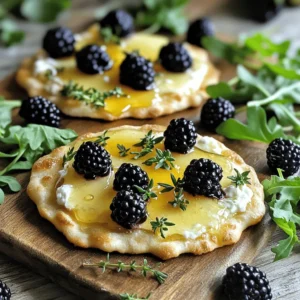 - 1 ready-made flatbread or pizza dough - 4 oz goat cheese, softened - 1 cup fresh blackberries - 2 tablespoons fresh thyme leaves - 2 tablespoons honey - 1 tablespoon olive oil - Salt and pepper to taste This flatbread shines with its simple yet rich flavors. The base, either flatbread or pizza dough, provides a nice crunch. Goat cheese adds a creamy texture that melts beautifully in the oven. Fresh blackberries bring a burst of sweet-tart flavor. The thyme leaves add an earthy touch that complements both the cheese and the berries. Honey is the secret ingredient that ties it all together, adding a sweet drizzle that makes each bite special. A touch of olive oil helps blend the cheese and herbs smoothly. Don&rsquo;t forget salt and pepper to enhance all the flavors. - &frac14; cup arugula for garnish - Extra thyme for garnish If you want to elevate your flatbread, consider adding arugula. Its peppery taste balances the sweetness of the blackberries. Sprinkle a little extra thyme on top for a fresh finish. This adds color and flavor, making your dish look as good as it tastes. Each ingredient plays a role in making this flatbread a delightful treat. They work together to create a balanced dish that is sure to impress. 1. Preheat your oven to 425&deg;F (220&deg;C). This heat makes the flatbread crisp and perfect. 2. Prepare your flatbread or pizza dough. If you use pizza dough, roll it out to your desired thickness. 3. Line a baking sheet with parchment paper. This helps the flatbread not stick and makes for easy cleanup. 1. In a small bowl, combine goat cheese, olive oil, thyme, salt, and pepper. 2. Mix until smooth. This creates a rich and creamy spread for your flatbread. 1. Spread the goat cheese mixture evenly on the flatbread. Leave a small border around the edges. 2. Scatter the fresh blackberries over the cheese layer. Press them lightly into the cheese for better flavor. 3. Drizzle honey over the top. This adds a sweet touch that contrasts with the cheese. 1. Bake in the preheated oven for about 12-15 minutes. Keep an eye on it as it cooks. 2. Look for golden edges. The cheese should be softened and the flatbread crispy. 3. Remove from the oven and let it cool for a minute. This helps the flavors settle before slicing. To get crispy edges, bake your flatbread at 425&deg;F (220&deg;C). This high heat helps it crisp up quickly. Keep an eye on it during baking. You want a golden brown edge that is not burnt. For the ideal baking time, aim for 12-15 minutes. Check it around the 10-minute mark. The cheese should be soft, and the edges should look perfect. Serve your flatbread on a wooden board or a slate platter. This rustic look makes it pop. Add a few extra blackberries on top for color. Drizzle some honey over the flatbread for shine and extra sweetness. For garnish, use fresh thyme leaves. This adds a nice touch. If you like, toss some arugula on the side. It adds a lovely green contrast. {{image_2}} You can play with different cheeses on your flatbread. If goat cheese is not your favorite, try ricotta or feta. These cheeses add creaminess and flavor. Each choice makes the dish unique. Fruits can also change the flatbread's taste. If you want something different, use figs or sliced pears. Both fruits pair well with thyme and honey. They add a sweet twist to your meal. For gluten-free diets, use gluten-free flatbread or pizza crust. You can find these at most stores. They work just as well and taste great. If you follow a vegan diet, there are easy swaps for the cheese and honey. Use vegan cream cheese instead of goat cheese. Maple syrup can replace honey for sweetness. This keeps the dish tasty and kind to all diets. To keep your flatbread fresh, place it in an airtight container. This helps keep moisture in and prevents it from drying out. If you do not have a container, wrap the flatbread tightly in plastic wrap. You can also use aluminum foil. Store it in the fridge for up to three days. After this time, the flatbread may lose its taste and texture. When it&rsquo;s time to enjoy leftovers, you want to keep that great texture. The best way is to use an oven. Preheat your oven to 350&deg;F (175&deg;C). Place the flatbread on a baking sheet. Heat it for about 10 minutes. This will warm it up and make the edges crispy again. You can also use a toaster oven for this. If you&rsquo;re in a hurry, a microwave works too. Just heat it for about 30 seconds, but this might make it a bit softer. Can I make this flatbread ahead of time? Yes, you can prepare the flatbread ahead. You can make the goat cheese mixture and spread it on the flatbread. Just don&rsquo;t add the blackberries or honey until you are ready to bake. Store the flatbread in the fridge for up to a day. When ready, add the blackberries and honey, then bake it for a fresh taste. What are the best sides to serve with blackberry thyme goat cheese flatbread? This flatbread pairs well with fresh salads. A simple arugula salad works great. You can also serve it with a light soup, like tomato or butternut squash. The flavors blend well and balance each other out. How can I substitute fresh thyme? If you don&rsquo;t have fresh thyme, you can use dried thyme. Use one-third of the amount since dried herbs are stronger. You can also try other herbs like rosemary or basil for different flavors. Can I use frozen blackberries for this recipe? Yes, you can use frozen blackberries. Just make sure to thaw and drain them before using. This helps keep the flatbread from getting too soggy. This flatbread recipe is simple and tasty. I shared key ingredients, like goat cheese and fresh blackberries, and how to prepare, bake, and serve your dish. You can customize it with different toppings or use vegan and gluten-free options. Don&rsquo;t forget to store leftovers properly and enjoy them later. This dish is great for any occasion. I hope you give it a try and impress your friends and family with your culinary skills. Enjoy creating your own unique flatbread!