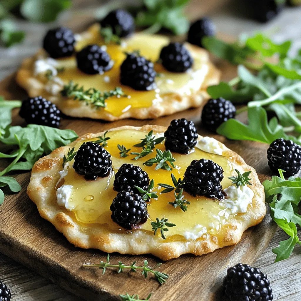 - 1 ready-made flatbread or pizza dough - 4 oz goat cheese, softened - 1 cup fresh blackberries - 2 tablespoons fresh thyme leaves - 2 tablespoons honey - 1 tablespoon olive oil - Salt and pepper to taste This flatbread shines with its simple yet rich flavors. The base, either flatbread or pizza dough, provides a nice crunch. Goat cheese adds a creamy texture that melts beautifully in the oven. Fresh blackberries bring a burst of sweet-tart flavor. The thyme leaves add an earthy touch that complements both the cheese and the berries. Honey is the secret ingredient that ties it all together, adding a sweet drizzle that makes each bite special. A touch of olive oil helps blend the cheese and herbs smoothly. Don’t forget salt and pepper to enhance all the flavors. - ¼ cup arugula for garnish - Extra thyme for garnish If you want to elevate your flatbread, consider adding arugula. Its peppery taste balances the sweetness of the blackberries. Sprinkle a little extra thyme on top for a fresh finish. This adds color and flavor, making your dish look as good as it tastes. Each ingredient plays a role in making this flatbread a delightful treat. They work together to create a balanced dish that is sure to impress. 1. Preheat your oven to 425°F (220°C). This heat makes the flatbread crisp and perfect. 2. Prepare your flatbread or pizza dough. If you use pizza dough, roll it out to your desired thickness. 3. Line a baking sheet with parchment paper. This helps the flatbread not stick and makes for easy cleanup. 1. In a small bowl, combine goat cheese, olive oil, thyme, salt, and pepper. 2. Mix until smooth. This creates a rich and creamy spread for your flatbread. 1. Spread the goat cheese mixture evenly on the flatbread. Leave a small border around the edges. 2. Scatter the fresh blackberries over the cheese layer. Press them lightly into the cheese for better flavor. 3. Drizzle honey over the top. This adds a sweet touch that contrasts with the cheese. 1. Bake in the preheated oven for about 12-15 minutes. Keep an eye on it as it cooks. 2. Look for golden edges. The cheese should be softened and the flatbread crispy. 3. Remove from the oven and let it cool for a minute. This helps the flavors settle before slicing. To get crispy edges, bake your flatbread at 425°F (220°C). This high heat helps it crisp up quickly. Keep an eye on it during baking. You want a golden brown edge that is not burnt. For the ideal baking time, aim for 12-15 minutes. Check it around the 10-minute mark. The cheese should be soft, and the edges should look perfect. Serve your flatbread on a wooden board or a slate platter. This rustic look makes it pop. Add a few extra blackberries on top for color. Drizzle some honey over the flatbread for shine and extra sweetness. For garnish, use fresh thyme leaves. This adds a nice touch. If you like, toss some arugula on the side. It adds a lovely green contrast. {{image_2}} You can play with different cheeses on your flatbread. If goat cheese is not your favorite, try ricotta or feta. These cheeses add creaminess and flavor. Each choice makes the dish unique. Fruits can also change the flatbread's taste. If you want something different, use figs or sliced pears. Both fruits pair well with thyme and honey. They add a sweet twist to your meal. For gluten-free diets, use gluten-free flatbread or pizza crust. You can find these at most stores. They work just as well and taste great. If you follow a vegan diet, there are easy swaps for the cheese and honey. Use vegan cream cheese instead of goat cheese. Maple syrup can replace honey for sweetness. This keeps the dish tasty and kind to all diets. To keep your flatbread fresh, place it in an airtight container. This helps keep moisture in and prevents it from drying out. If you do not have a container, wrap the flatbread tightly in plastic wrap. You can also use aluminum foil. Store it in the fridge for up to three days. After this time, the flatbread may lose its taste and texture. When it’s time to enjoy leftovers, you want to keep that great texture. The best way is to use an oven. Preheat your oven to 350°F (175°C). Place the flatbread on a baking sheet. Heat it for about 10 minutes. This will warm it up and make the edges crispy again. You can also use a toaster oven for this. If you’re in a hurry, a microwave works too. Just heat it for about 30 seconds, but this might make it a bit softer. Can I make this flatbread ahead of time? Yes, you can prepare the flatbread ahead. You can make the goat cheese mixture and spread it on the flatbread. Just don’t add the blackberries or honey until you are ready to bake. Store the flatbread in the fridge for up to a day. When ready, add the blackberries and honey, then bake it for a fresh taste. What are the best sides to serve with blackberry thyme goat cheese flatbread? This flatbread pairs well with fresh salads. A simple arugula salad works great. You can also serve it with a light soup, like tomato or butternut squash. The flavors blend well and balance each other out. How can I substitute fresh thyme? If you don’t have fresh thyme, you can use dried thyme. Use one-third of the amount since dried herbs are stronger. You can also try other herbs like rosemary or basil for different flavors. Can I use frozen blackberries for this recipe? Yes, you can use frozen blackberries. Just make sure to thaw and drain them before using. This helps keep the flatbread from getting too soggy. This flatbread recipe is simple and tasty. I shared key ingredients, like goat cheese and fresh blackberries, and how to prepare, bake, and serve your dish. You can customize it with different toppings or use vegan and gluten-free options. Don’t forget to store leftovers properly and enjoy them later. This dish is great for any occasion. I hope you give it a try and impress your friends and family with your culinary skills. Enjoy creating your own unique flatbread!