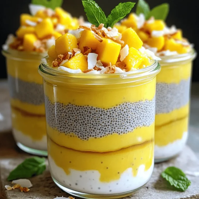 - 1 cup coconut milk (full fat for creaminess) - 1 cup almond milk (or any plant-based milk) - 1/2 cup chia seeds - 2 tablespoons maple syrup (adjust to taste) - 1 ripe mango, peeled, pitted, and diced - 1 teaspoon vanilla extract - A pinch of salt - Toasted coconut flakes (for topping) - Fresh mint leaves (for garnish) For a creamier texture, always choose full-fat coconut milk. If you want a lighter option, you can use light coconut milk. You can replace almond milk with any plant-based milk, like oat or soy milk. For sweetness, maple syrup works well, but you can also use honey or agave. If you need a sugar-free option, try using a sugar substitute like stevia. These ingredients blend to make a tasty treat. The chia seeds soak up liquid and thicken the mix. The mango adds freshness and sweetness, while coconut milk gives a rich flavor. The vanilla extract enhances the taste, and salt balances the sweetness. Topping with toasted coconut and mint adds a lovely finish. Start by mixing the coconut milk and almond milk in a large bowl. Use a whisk to blend them well. Add the maple syrup, vanilla extract, and a pinch of salt. Whisking is key; it helps create a smooth texture. This base will be the flavor heart of your pudding. Next, it’s time to add the chia seeds. Pour them into the milk mixture slowly while stirring. This step is crucial to prevent clumping. If you add them too fast, they may clump together. Once added, let the mixture rest for at least four hours. You can even leave it overnight. This allows the seeds to soak up the liquid and thicken the pudding. When ready to serve, grab your favorite glasses or bowls. Start by layering the chia pudding at the bottom. Then, add a layer of diced mango on top. Repeat these layers as desired. For a stunning finish, top with toasted coconut flakes and fresh mint leaves. This not only adds flavor but also makes your dish look beautiful. Serve in clear glass jars to show off those lovely layers! You can change the sweetness of your pudding easily. Use agave for a light taste. Honey adds a rich flavor. Both work great! You can also play with spices. A pinch of cinnamon gives warmth. Nutmeg adds a nice kick. These small changes make each pudding unique. Using full-fat coconut milk is key. It makes your pudding creamy and rich. The thickness comes from the chia seeds. Chill the mixture for at least four hours. If you can, let it sit overnight. This gives the seeds time to swell and absorb the liquid. The result? A smooth and thick pudding. Presentation matters! Garnish your pudding with fresh mint leaves. They add a nice pop of color. Toasted coconut flakes give a crunchy texture. Serve in clear glass jars. This way, everyone can see the pretty layers. You can even use themed glassware for special events. It makes your dessert feel festive and fun! {{image_2}} You can switch up the fruit in your coconut mango chia pudding. Berries like strawberries or blueberries add a nice pop of color. Kiwi also brings a tangy flavor that pairs well. When mixing fruits, balance is key. Sweet fruits like mango can balance tart ones like raspberries. Experiment with what you like best! If you want to try different milk, oat milk or soy milk work great. Oat milk gives a creamy texture, while soy milk adds protein. Both options change the flavor a bit. Use sweetened or unsweetened versions based on your taste. This way, you can create a pudding that suits your palate perfectly. Making this pudding vegan is easy! Simply use maple syrup as your sweetener. For a sugar-free treat, consider using stevia or monk fruit. These options keep the sweetness without added sugar. You will still enjoy a rich taste while keeping it healthy and delicious! You can store coconut mango chia pudding in the fridge for up to five days. To keep it fresh, use a sealed container. This way, your pudding will stay creamy and delicious. If you notice any separation, just give it a stir before serving. Also, keep it away from strong-smelling foods to avoid any taste changes. Yes, you can freeze chia pudding! However, the texture may change a bit. To freeze, place it in an airtight container. When you're ready to eat it, let it thaw in the fridge overnight. For a quicker option, leave it at room temperature for a few hours. After thawing, stir it well to restore some of its creaminess. If you have extra mango or coconut, there are many fun ways to use them! You can make a smoothie with leftover mango. Just blend it with some ice and almond milk for a refreshing drink. For coconut, try adding it to oatmeal or yogurt. Toasted coconut flakes make a great topping for pancakes, too! These ideas help avoid waste and keep your meals exciting. Chia pudding lasts about 5 days in the fridge. Store it in an airtight container. Keep it covered to prevent it from absorbing other smells. If you see any signs of spoilage, like mold, throw it out. Yes, you can make chia pudding in advance. I often prepare it the night before. This gives the seeds time to absorb the liquid and thicken. It’s perfect for busy mornings or meal prep. Just remember to mix it well before serving. Chia pudding is very healthy. Chia seeds are packed with fiber, protein, and omega-3s. They help keep you full longer. Coconut milk adds healthy fats, which are good for your heart. Together, they make a nutritious treat that tastes great! This article explored making delicious chia pudding. We covered the key ingredients, step-by-step instructions, and useful tips. You learned how to customize flavors and achieve the best texture. Don’t forget about fun variations and effective storage methods. Chia pudding is simple and versatile. Whether for breakfast or dessert, it's a tasty, healthy choice. Experiment with different fruits and flavors to find your perfect mix. Enjoy your pudding making journey!