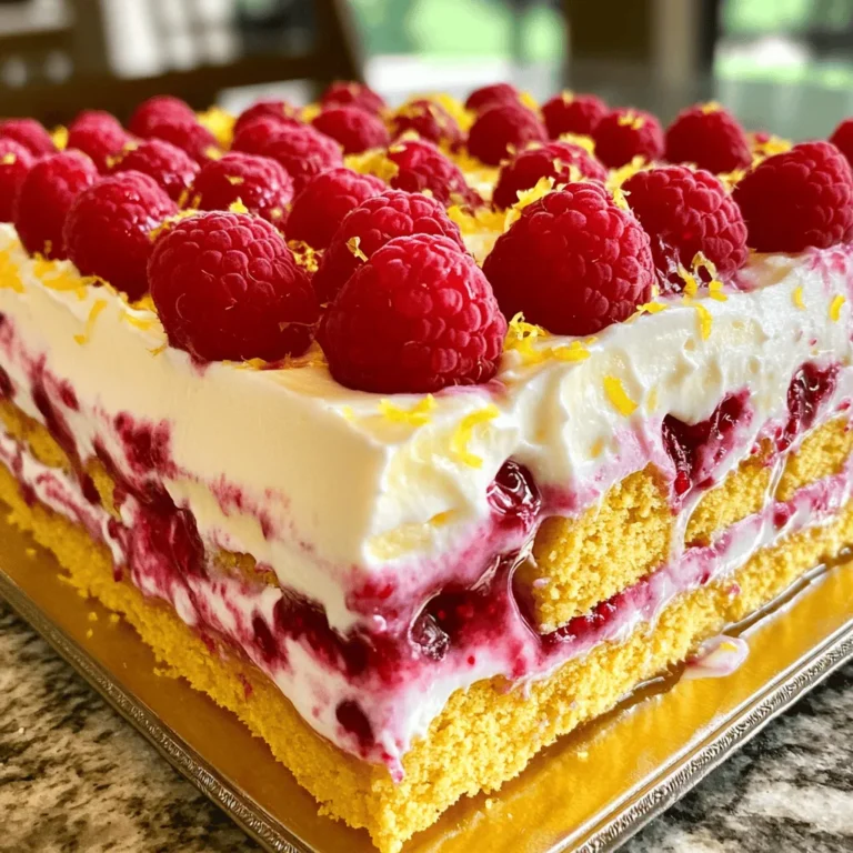 To make the Raspberry Lemonade Icebox Cake, gather these simple ingredients: - 1 cup fresh raspberries (plus extra for garnish) - 1 cup lemon curd - 1 cup heavy whipping cream - 1/3 cup powdered sugar - 1 teaspoon vanilla extract - 12-15 lemon-flavored graham crackers - Zest of 1 lemon Each ingredient plays a key role. The fresh raspberries add a sweet and tangy burst. Lemon curd brings a bright, zesty flavor. Heavy whipping cream gives the cake a rich and creamy texture. Powdered sugar sweetens the mixture without adding graininess. Vanilla extract enhances the overall taste. Lemon-flavored graham crackers provide a crunchy base. Finally, lemon zest adds a refreshing finish. With these ingredients, you can create a delightful dessert that cools you down on hot summer days! To make this Raspberry Lemonade Icebox Cake, start by whipping the heavy cream. In a medium bowl, combine 1 cup of heavy whipping cream, 1/3 cup of powdered sugar, and 1 teaspoon of vanilla extract. Use a mixer on high speed until stiff peaks form. This step is key for a light texture. Next, gently fold in the lemon curd and zest. You need 1 cup of lemon curd and the zest of 1 lemon. Be careful here; you want to keep that airy texture from the whipped cream. Now, it's time to layer the cake in your dish. Start by spreading a thin layer of the lemon curd mixture on the bottom of a rectangular or square dish. This helps the graham crackers stay in place. Then, arrange 12-15 lemon-flavored graham crackers over the mixture. You might need to break a few to fit perfectly. Spread half of the remaining lemon curd mixture over the graham crackers. Follow this with half of the fresh raspberries, which you should have washed and set aside. Repeat the layering process: add another layer of graham crackers, the rest of the lemon curd mixture, and finish with the remaining raspberries on top. Cover the dish with plastic wrap and place it in the fridge. You need to chill it for at least 4 hours, but letting it sit overnight is best. This time allows the flavors to meld together. The cake will set and become easier to slice. The longer it chills, the better the taste. The tartness of the lemon and the sweetness of the raspberries combine beautifully. When ready to serve, remove the dish from the fridge, garnish with extra raspberries, and sprinkle some lemon zest on top for a bright touch. Enjoy! To get stiff peaks when whipping cream, start with cold cream. Use a chilled bowl too. Whip the cream until it holds its shape. Avoid overwhipping, or it can turn grainy. When folding in the lemon curd, use a gentle motion. Start from the bottom of the bowl and lift the mixture. This keeps the cream light and airy. Be patient and fold until just combined. Using homemade lemon curd gives a fresh taste. It allows you to control the sweetness and tartness. Store-bought lemon curd can save time but may lack depth. For variety, try using different fruits. Strawberries or blueberries work well too. They add color and flavor, making your cake unique. Don't be afraid to mix it up! {{image_2}} You can switch the raspberries for strawberries or blueberries. Both fruits add a sweet twist. Strawberries give a rich, red color and a lovely taste. Blueberries bring a nice pop of flavor and look great. You can mix and match these fruits for a fun look. Just remember to adjust the amounts to keep the layers even. Try different flavored graham crackers for new tastes. Honey or cinnamon graham crackers can add depth. They pair well with the lemony filling. You can also play with citrus zests. Use lime or orange zest for a unique flavor. Each option changes the cake's vibe. It’s fun to get creative and find your favorite mix! To store leftovers, cover the cake with plastic wrap. This keeps it fresh and moist. Place it in the fridge right away. The cake stays fresh for about 3-4 days. The flavors will deepen as it sits, making each bite even better. You can freeze the cake for later use. Cut it into portions and wrap each piece tightly in plastic wrap. Then, place the wrapped pieces in a freezer bag. This helps prevent freezer burn. The cake can be stored in the freezer for up to 2 months. To thaw, move a piece to the fridge. Let it sit overnight. If you're in a hurry, you can leave it at room temperature for a few hours. Enjoy the cake cold or slightly chilled for a refreshing treat. Yes, you can make this cake ahead of time. I recommend making it the day before you want to serve it. This allows the flavors to mix well. The longer it chills, the better it tastes. If you don't have graham crackers, you can use vanilla wafers or shortbread cookies. Both options add a nice crunch. They also bring a sweet flavor that pairs well with the lemon and raspberries. You can store the cake in the fridge for up to three days. Make sure to cover it with plastic wrap. This helps keep the cake fresh and moist. Yes, you can use whipped topping as a substitute. However, the texture will be different. Heavy cream gives a richer flavor and a creamier texture. If you want a lighter cake, whipped topping works fine. You now know how to make a Raspberry Lemonade Icebox Cake. We covered the ingredients, preparation steps, and the right tips for success. Remember, thick peaks in your whipped cream create the best texture. Feel free to swap raspberries for other fruits or change up flavors with different graham crackers. Store any leftovers properly, and you can even freeze it for later. Enjoy your refreshing dessert, and get creative with it!