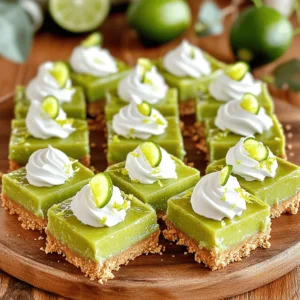 To make the best Key Lime Pie Bars, gather these key ingredients: - 1 cup graham cracker crumbs - 1/4 cup granulated sugar - 1/2 cup unsalted butter, melted - 2 large eggs - 1 can (14 oz) sweetened condensed milk - 1/2 cup freshly squeezed key lime juice (or regular lime juice) - Zest of 2 key limes - 1/4 teaspoon salt Using fresh key limes is important. They have a bright, tangy flavor that makes these bars special. Bottled lime juice lacks the same fresh taste. If you cannot find key limes, regular lime juice works too, but the flavor will change slightly. For extra flair, consider these toppings and garnishes: - Whipped cream (for topping) - Lime slices (for garnish) - Extra zest (for garnish) You can also switch up the ingredients if you like. Try using crushed cookies instead of graham crackers for a different crust. If you want a more creamy filling, add more sweetened condensed milk. These changes can make the recipe fit your taste. 1. Make the graham cracker crust. Start by preheating your oven to 350&deg;F (175&deg;C). In a medium bowl, mix together the graham cracker crumbs, granulated sugar, and melted butter. Stir until the mixture looks like wet sand. Next, press this crumb mixture firmly into the bottom of a greased 8x8 inch baking dish. Make sure it is even. Bake this crust for 8-10 minutes until it turns lightly golden. Once done, take it out and let it cool. 2. Mix the key lime filling. In a separate bowl, crack the two large eggs. Whisk them well. Then, add in the sweetened condensed milk, key lime juice, lime zest, and salt. Mix everything until smooth. You want it to be creamy and well combined. Pour this lime filling over the cooled crust. Use a spatula to spread it evenly. 1. Oven temperature and timing guidelines. Place the baking dish back in the preheated oven. Bake for 15-20 minutes. You&rsquo;ll know it&rsquo;s done when the filling is set and does not jiggle in the center. 2. Signs for determining doneness of the bars. After baking, remove the bars from the oven. Let them cool to room temperature. Then, refrigerate for at least 2 hours so they can chill and set completely. Look for a firm texture when cutting into squares. Serve them topped with whipped cream and a sprinkle of lime zest for a fresh touch. - Use an 8x8 inch baking dish. This size gives the right thickness. - Line the dish with parchment paper. This helps lift out the bars easily. - Do not overbake the filling. It should be set but still slightly jiggly in the center. - Cool the crust before adding the filling. This keeps the layers distinct. Avoid these common mistakes for the best results: - Measure ingredients accurately. Too much or too little can change the texture. - Mix the filling just until smooth. Over-mixing can add air and change the bake. - Let the bars chill properly. This makes cutting easier and improves flavor. Serve your Key Lime Pie Bars with flair: - Top each bar with whipped cream for a creamy touch. - Add a sprinkle of lime zest for color and brightness. - Garnish with lime slices or fresh mint for a pop of freshness. Pair these bars with refreshing drinks: - Try them with iced tea or a zesty lemonade. - A light sparkling water enhances the lime flavor. - For dessert lovers, serve with vanilla ice cream or sorbet. Get creative with your presentation: - Arrange bars on a colorful platter for a vibrant look. - Use small dessert cups to hold individual bars for easy serving. - Add edible flowers for a unique touch at gatherings. {{image_2}} You can switch up the flavors in your Key Lime Pie Bars easily. Try using lemon or orange juice for a fresh twist. These fruits add a bright note and keep that tangy taste. You can also layer in different fruits like berries. They look pretty and add fun flavors. Just place them on top after baking. This adds color and makes each bite special. If you need a gluten-free option, swap the graham crackers for gluten-free crumbs. Many brands offer tasty alternatives that work well. For a vegan version, you can replace the eggs with flax eggs or applesauce. Use coconut milk or almond milk in place of dairy. This way, everyone can enjoy these bars, no matter their diet. To keep your Key Lime Pie Bars fresh, store them in the fridge. Place the bars in an airtight container. This helps keep them from drying out. They will stay fresh for up to five days. If you want to keep them longer, freezing is a good option. Wrap the bars tightly in plastic wrap or foil. Then, place them in a freezer-safe bag. They can last up to three months in the freezer. Make sure to label the bags with the date. This way, you will know when to eat them. If you freeze the bars, let them thaw in the fridge overnight before serving. This keeps the texture nice and smooth. You can serve Key Lime Pie Bars chilled or at room temperature. If they are frozen, thaw them first. Avoid heating them in the microwave. This can change their creamy texture. Instead, let them sit out for about 30 minutes before serving. You want them to be just cool, not warm. If you want to warm them slightly, use a low oven setting. Preheat the oven to 200&deg;F (93&deg;C). Place the bars on a baking sheet for 5-10 minutes. This way, they warm up without losing their texture. Always serve them with a dollop of whipped cream and a sprinkle of lime zest for a fresh touch! If you can&rsquo;t find key limes, use regular limes. Their juice works well too. You may also try bottled key lime juice. However, fresh juice gives the best flavor. To adjust the recipe, use the same amount of lime juice. You might want to add a bit more zest for a stronger flavor. This helps keep the tangy taste of the bars. Yes, you can make these bars ahead of time. I suggest making them a day or two before serving. They taste even better after chilling. To store, keep them in the fridge in an airtight container. You can also cover them with plastic wrap. This keeps them fresh and tasty. You can use this recipe for a pie. Just switch to a standard pie crust. A deep dish works best for this filling. Baking time will change. Bake the pie for about 25-30 minutes, or until the filling is set. Check for a firm center, just like with the bars. In this article, we covered how to make delicious key lime pie bars. You learned about essential and optional ingredients, including the benefits of fresh key limes. I shared step-by-step instructions for preparing the crust and filling, as well as baking tips for the best results. We explored variations and storage tips to keep your bars fresh. Remember, these bars are versatile and fun to serve. With the right ingredients and techniques, you&rsquo;ll impress family and friends. Enjoy making this tasty treat!