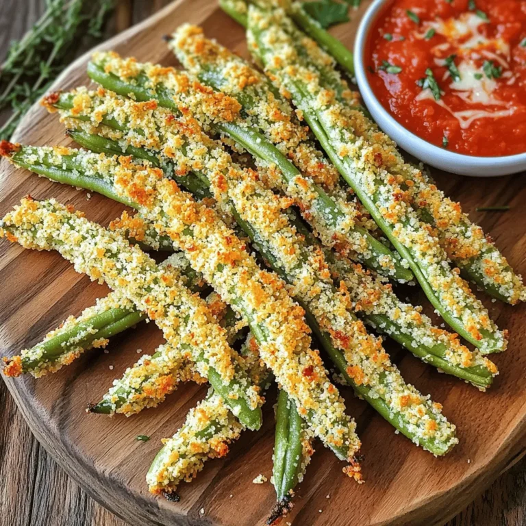 - 1 pound fresh green beans, trimmed Green beans are the star of this dish. Choose crisp ones for the best texture. Trim their ends to prepare them for cooking. This step helps them fry evenly and look nice on a plate. - ½ cup grated Parmesan cheese - 1 cup panko breadcrumbs - 1 teaspoon garlic powder - 1 teaspoon onion powder - ½ teaspoon smoked paprika - ¼ teaspoon black pepper - ¼ teaspoon salt These dry ingredients add flavor and crunch. Grated Parmesan gives a rich, cheesy taste. Panko breadcrumbs offer a light and crispy texture. Garlic powder and onion powder add depth, while smoked paprika gives a hint of warmth. Salt and pepper enhance all the flavors. - 2 large eggs, beaten - Cooking spray (for air frying) Eggs act as a binding agent for the green beans. They help the breadcrumbs stick well. Cooking spray ensures the fries crisp up without sticking. Preheat your air fryer to 400°F (200°C) for perfect cooking. First, wash the green beans. Trim the ends to remove any tough parts. This keeps them tender. Make sure you have one pound of fresh green beans. Fresh beans make the fries taste better. Next, grab two bowls. In the first bowl, mix the dry ingredients. Combine panko breadcrumbs, grated Parmesan cheese, garlic powder, onion powder, smoked paprika, black pepper, and salt. Stir well until everything blends nicely. In the second bowl, beat two large eggs. Dip each green bean in the eggs. Let the extra egg drip off. Then, coat each bean with the breadcrumb mix. Press gently so it sticks well. Now, preheat your air fryer to 400°F (200°C) for about five minutes. Lightly spray the air fryer basket with cooking spray. Place the coated green beans in a single layer. Avoid overcrowding the basket. Air fry the beans for 8 to 10 minutes. Shake the basket halfway through. This helps them cook evenly. They should turn golden brown and crispy. Once done, take them out and enjoy! To get your green bean fries super crispy, follow a few key steps. Start by making sure your green beans are fresh. Trim off the ends and wash them well. Remove any excess water before you coat them. This helps the breading stick better. After coating, make sure you don’t overcrowd the air fryer basket. Leave space for air to flow. Finally, shake the basket halfway through cooking. This ensures even crispiness on all sides. Feel free to change the seasonings to match your taste. If you like a bit of heat, add some cayenne pepper or red pepper flakes. For a zesty twist, sprinkle in some lemon zest. You can also swap the Parmesan for another cheese, like cheddar or nutritional yeast for a vegan option. Remember, cooking is about fun and exploration, so play with flavors until you find your favorite mix. If you don’t have an air fryer, you can still enjoy these green bean fries. Bake them in the oven instead. Preheat your oven to 425°F (220°C) and spread the coated green beans on a baking sheet. Bake for about 15-20 minutes, turning them halfway through. Keep an eye on them to ensure they reach a golden brown. You can also pan-fry them in a little oil on the stove for a crispy finish. {{image_2}} You can change the flavor of your green bean fries with different coatings. Try using crushed cornflakes for a crunchier texture. Another option is to mix in some Italian seasoning with your breadcrumbs. This gives a nice herby taste. You could also use taco seasoning for a spicy kick. It adds great flavor and fun to your dish. To make your fries even better, add extra toppings. Try sprinkling some chopped herbs like parsley or basil when serving. You can also add a squeeze of lemon juice for freshness. If you love heat, a dash of cayenne pepper in the mix adds a nice zing. For a cheesy twist, toss on some extra Parmesan after cooking. These small changes can really elevate your dish! If you prefer a gluten-free option, use gluten-free breadcrumbs instead of panko. Many brands offer great substitutes that work well. You can also use almond flour or crushed nuts for coating. These options provide a unique taste and texture. Just make sure to check your labels for any hidden gluten. Enjoying crispy green bean fries can be safe and delicious for everyone! After enjoying your air fryer Parmesan green bean fries, you may have some left. To store them, let the fries cool down. Place them in an airtight container. Keep them in the fridge. They will stay fresh for up to three days. To reheat your green bean fries, use the air fryer again. Set it to 350°F (175°C). Air fry the fries for about 3-5 minutes. This helps them regain their crispiness. You can also use a microwave, but they may lose some crunch. If you want to freeze the fries, do so before cooking. Lay the coated green beans on a baking sheet. Make sure they are in a single layer. Freeze them for about two hours. Once frozen, transfer them to a freezer bag. They can stay in the freezer for up to a month. When ready to cook, air fry them straight from the freezer. Just add a few extra minutes to the cooking time. To make air fryer green bean fries crispy, follow these steps: - Use fresh green beans for the best texture. - Coat them well in the panko and Parmesan mix. This adds crunch. - Ensure the air fryer is hot before cooking. Preheat it to 400°F (200°C). - Space the green beans out in the basket. Avoid overcrowding to allow air to flow. Shaking the basket halfway through cooking helps them crisp up evenly. Aim for 8-10 minutes in the air fryer. Yes, you can use frozen green beans. However, they may not turn out as crispy as fresh ones. To prepare frozen beans: - Thaw them completely and pat them dry to remove excess water. - Proceed with the same coating and cooking steps. Keep in mind, cooking time may vary. Check for crispness before removing them from the air fryer. Green bean fries are great with a variety of dipping sauces. Here are some tasty options: - Marinara sauce offers a classic flavor. - Garlic aioli adds a creamy touch. - Ranch dressing gives a cool contrast. - Spicy mayo brings heat and zest. Feel free to explore different sauces to find your favorite pairing! You learned how to make air fryer green bean fries. We covered fresh and dry ingredients, plus important cooking tools. The step-by-step guide showed you how to prepare the green beans and perfect the breading process. Consider tips for added crispiness and how to adjust flavors. You also explored fun variations and learned smart storage practices. I hope these insights help you create a tasty dish that impresses. Enjoy your cooking!
