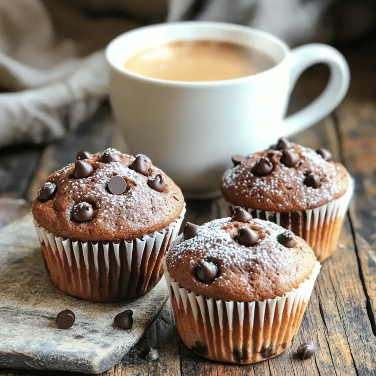 To make bakery-style mocha chip muffins, you will need the following ingredients: - 1 ½ cups all-purpose flour - 1 cup granulated sugar - ½ cup dark cocoa powder - 1 tablespoon baking powder - ½ teaspoon baking soda - ¼ teaspoon salt - 1 cup brewed coffee, cooled - ½ cup vegetable oil - 2 large eggs - 1 teaspoon vanilla extract - 1 cup semi-sweet chocolate chips - ½ cup chopped walnuts (optional) These simple ingredients blend to create a rich and flavorful muffin. The flour gives the muffins body, while sugar adds sweetness. Dark cocoa powder provides that deep chocolate flavor, and baking powder helps them rise. The coffee adds a mocha twist and enhances the chocolate taste. You can choose to add walnuts for crunch. If you skip them, the muffins will still taste great. Make sure your coffee is cooled before mixing. This helps the batter combine without cooking the eggs. Gather these ingredients, and you are ready to start baking. The combination of these flavors will make your kitchen smell heavenly! First, set your oven to 375°F (190°C). While it heats, prepare your muffin tin. You can line it with paper liners or grease it well. This step helps the muffins come out easily later. Take a large bowl and sift together the following: - 1 ½ cups all-purpose flour - 1 cup granulated sugar - ½ cup dark cocoa powder - 1 tablespoon baking powder - ½ teaspoon baking soda - ¼ teaspoon salt Mix these ingredients well. You want them evenly combined for the best texture. In another bowl, whisk together: - 1 cup brewed coffee, cooled - ½ cup vegetable oil - 2 large eggs - 1 teaspoon vanilla extract Make sure these ingredients mix well. After that, pour the wet mix into the dry mix. Stir gently until combined. Avoid overmixing; it’s okay to have a few lumps. Now, fold in: - 1 cup semi-sweet chocolate chips - ½ cup chopped walnuts (optional) After that, divide the batter among the muffin cups. Fill each cup about ¾ full. Bake in the oven for 18-20 minutes. Check doneness by inserting a toothpick. If it comes out clean, they’re ready! Once baked, take the muffins out and let them cool in the pan for 5 minutes. Afterward, transfer them to a wire rack to cool completely. For serving, you can dust them with powdered sugar. Enjoy with a warm cup of coffee for a great treat! Baking can be tricky. Here are some mistakes to skip: - Overmixing the batter: This can make your muffins tough. Mix gently. - Wrong oven temperature: Always preheat your oven. A hot oven helps muffins rise. - Not measuring ingredients correctly: Use a kitchen scale for best results. - Skipping the liners: They help muffins come out clean. They also help with cleanup. To get that soft, fluffy texture, here’s what to do: - Use room temperature eggs: They mix better and help the batter blend well. - Don’t overmix: Mix until just combined. A few lumps are okay. - Add ingredients in the right order: Wet to dry helps keep air in the batter. - Check for doneness: A toothpick should come out clean, not wet. If you have extra muffins, store them right: - Cool completely before storing: This helps prevent sogginess. - Use an airtight container: This keeps them fresh longer. - Refrigerate for longer storage: Muffins can last about a week in the fridge. - Freeze for even longer: Wrap muffins tightly in plastic wrap, then in foil. They last up to three months. {{image_2}} To make gluten-free mocha chip muffins, swap all-purpose flour for gluten-free flour. Use a blend that works well for baking. I suggest using a 1:1 gluten-free flour mix. This keeps the muffins soft and moist. The other ingredients stay the same. Just follow the same steps, and you’ll get great results. You can change the flavor of your muffins easily. Try adding fresh raspberries for a fruity twist. They add a nice tartness. You can also mix in almond extract instead of vanilla. This gives a nice nutty flavor. Other fun options are hazelnuts or peanut butter chips. Each adds a unique taste that makes muffins exciting. To make these muffins vegan, replace eggs with flax eggs. Mix 1 tablespoon of ground flaxseed with 2.5 tablespoons of water. Let it sit for 5 minutes until it thickens. You can also swap vegetable oil for applesauce. This keeps the muffins moist. Use plant-based milk instead of brewed coffee if you want. Just remember, the taste will change a bit, but they will still be delicious! To keep your muffins fresh, store them in an airtight container. This will keep them moist and tasty. Make sure the muffins cool completely before sealing them. You can keep them at room temperature for up to three days. If you want to keep them longer, use the freezer. Freezing muffins is a smart way to enjoy them later. Wrap each muffin in plastic wrap. Then place them in a freezer bag. Label the bag with the date and type of muffin. They will stay good for about three months in the freezer. When you want a muffin, just take it out and let it thaw. To reheat your muffins, use an oven or a microwave. If you use the oven, preheat it to 350°F (175°C). Place the muffins on a baking sheet for about 5-7 minutes. If you're in a hurry, microwave the muffin for 10-15 seconds. Enjoy your warm, tasty muffin with a cup of coffee! To make muffins rise high, use fresh baking powder. This leavening agent helps create air pockets in the batter. Mix wet and dry ingredients separately before combining them. Stir just until mixed to avoid tough muffins. Fill the muffin cups three-quarters full, allowing room for rising. Yes, you can use different types of chocolate. Dark chocolate, white chocolate, or milk chocolate all work well. You can also mix various types for a fun twist. Just remember that different chocolates have different sweetness levels. Adjust the sugar in the recipe if needed. You can substitute brewed coffee with hot water, milk, or almond milk. For a deeper flavor, use espresso or coffee-flavored syrup. Choose a liquid that you enjoy, as it impacts the muffin's taste. Each option will give your muffins a unique twist. These muffins last about 3 to 5 days at room temperature. Store them in an airtight container to keep them fresh. You can also freeze them for up to three months. To enjoy later, thaw them overnight in the fridge. Reheat in the microwave for a warm treat! This blog post covered the key ingredients for making delicious muffins, from cocoa powder to chocolate chips. I shared step-by-step instructions and some tips to help avoid common pitfalls. Variations, like gluten-free and vegan options, allow for different tastes and diets. Storing muffins properly ensures you enjoy them longer. Remember, baking is both a science and an art. Try these recipes, and enjoy baking your perfect muffins!