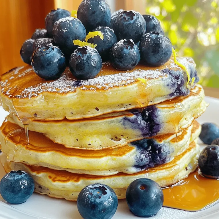 To make blueberry lemon ricotta pancakes, you need the following: - 1 cup all-purpose flour - 1 tablespoon baking powder - 1/2 teaspoon salt - 2 tablespoons sugar - 1 cup ricotta cheese - 1 large egg - 1/2 cup milk - Zest of 1 lemon - 2 tablespoons fresh lemon juice - 1 cup fresh blueberries (plus extra for topping) - Butter or oil, for cooking To ensure your pancakes turn out great, measure your ingredients carefully. Use a dry measuring cup for flour and sugar. Fill the cup, then level it off with a knife. For liquids, like milk, use a liquid measuring cup. Pour until you reach the right line. Using fresh blueberries makes a big difference. They add sweetness and a burst of flavor. Opt for whole-milk ricotta for a creamy texture. Fresh lemon juice and zest brighten the taste. If you can, use organic lemons, as they often have more flavor. Enjoy your pancakes topped with extra berries and a drizzle of maple syrup! - Mix Dry Ingredients Start by taking a medium bowl. Add 1 cup of all-purpose flour, 1 tablespoon of baking powder, 1/2 teaspoon of salt, and 2 tablespoons of sugar. Whisk these together until they blend well. - Combine Wet Ingredients In a large bowl, mix 1 cup of ricotta cheese, 1 large egg, and 1/2 cup of milk. Add the zest of 1 lemon and 2 tablespoons of fresh lemon juice. Mix until it becomes smooth and creamy. - Incorporate Dry with Wet Mixture Gradually add the dry ingredients to the wet mixture. Stir gently until just combined. Don't worry if you see a few lumps; they help keep the pancakes fluffy. Fold in 1 cup of fresh blueberries, making sure they spread evenly in the batter. - Preheat Skillet Heat a non-stick skillet or griddle over medium heat. Lightly grease it with butter or oil. This helps the pancakes cook evenly and prevents sticking. - Cooking Process for Perfect Pancakes Pour about 1/4 cup of batter onto the skillet for each pancake. Cook until bubbles appear on the surface, which takes about 2-3 minutes. - How to Achieve Golden Brown Color Carefully flip each pancake and cook for another 2-3 minutes. Aim for a golden brown color. This shows they are fully cooked inside. Repeat with the rest of the batter, greasing the skillet as needed. To make your pancakes fluffy, use fresh baking powder. Old baking powder loses its power. Also, mix the wet and dry ingredients gently. Over-mixing leads to dense pancakes. It's fine if some lumps remain in the batter. Adding ricotta cheese gives a nice creaminess. Lastly, let the batter rest for a few minutes. This helps the pancakes rise better when cooked. A common mistake is using too much flour. Always measure flour correctly to avoid dense pancakes. Another mistake is cooking on too high heat. This can burn the outside while leaving the inside raw. Also, don’t skip the blueberries! They add flavor and moisture. Finally, resist the urge to flip too soon. Wait for bubbles to form on the surface. Serve the pancakes stacked high for a great look. Top them with fresh blueberries for color and taste. A dusting of powdered sugar adds sweetness. Drizzle warm maple syrup on top for extra flavor. You can also add whipped cream for a special touch. Remember, the more colorful the plate, the more inviting it looks! {{image_2}} You can switch up the fruit in these pancakes. Try raspberries for a tart kick. Strawberries add sweetness and color. You can even mix in bananas for a creamy texture. Each fruit brings its own flavor, making your pancakes unique. To make these pancakes gluten-free, use a gluten-free flour blend. Rice flour or almond flour works great too. For a dairy-free option, swap ricotta cheese with almond or soy yogurt. Use almond milk instead of regular milk. These swaps keep the flavor while meeting your needs. Serving these pancakes can be fun! Stack them high and top with fresh blueberries. A sprinkle of powdered sugar looks great too. Drizzle with maple syrup or honey for extra sweetness. You can add a dollop of whipped cream for a treat. Serve with a side of crispy bacon or fresh fruit for a full meal. After enjoying your pancakes, let them cool first. Place leftover pancakes in an airtight container. Keep them in the fridge. They stay fresh for up to three days. For best taste, eat them within this time. To reheat pancakes, use a microwave or skillet. For the microwave, place pancakes on a plate. Heat for about 20-30 seconds. Check if they are warm enough. If not, heat for a few more seconds. For the skillet, warm it over low heat. Add a little butter or oil. Heat each pancake for about 1-2 minutes on each side. This keeps them fluffy and tasty. To freeze pancakes, stack them with parchment paper in between. Place the stack in a freezer-safe bag or container. Remove excess air to prevent freezer burn. You can freeze pancakes for up to two months. When ready to eat, thaw them overnight in the fridge. Reheat them using microwave or skillet methods. Enjoy your pancakes as if they were fresh! To make these pancakes healthier, you can substitute some ingredients. Try whole wheat flour instead of all-purpose flour. You can also reduce the sugar by half. Use low-fat ricotta cheese for fewer calories. Adding a little ground flaxseed can boost fiber too. Yes, you can make the batter ahead of time. Mix it up and store it in the fridge for up to 24 hours. Just give it a gentle stir before cooking. This saves time for busy mornings. These pancakes taste great with many toppings. Serve them with fresh blueberries on top. A drizzle of maple syrup adds sweetness. You can also add whipped cream for a rich touch. A sprinkle of powdered sugar makes them look fancy. Yes, you can create a vegan version. Use a plant-based ricotta made from nuts or tofu. Replace the egg with a flax egg or applesauce. Almond milk or oat milk works well instead of dairy milk. You’ll know the pancakes are done when they turn golden brown. Look for bubbles forming on the surface before flipping. After flipping, cook until the other side is golden too. A toothpick inserted in the center should come out clean. For the full recipe, you can find it on many cooking websites or blogs. I also recommend checking out cooking videos for visual guidance. If you want more pancake ideas, explore recipes for different flavors, like banana or chocolate chip. You learned how to make delicious blueberry lemon ricotta pancakes. We covered ingredients, measurements, and tips for perfect cooking. Remember, a fluffy texture is key for great pancakes. Avoid common mistakes to make serving easy and fun. Try different fruit or substitutions to enjoy even more flavors. With proper storage, your leftovers can stay fresh for future meals. Keep experimenting and enjoy your pancake journey!