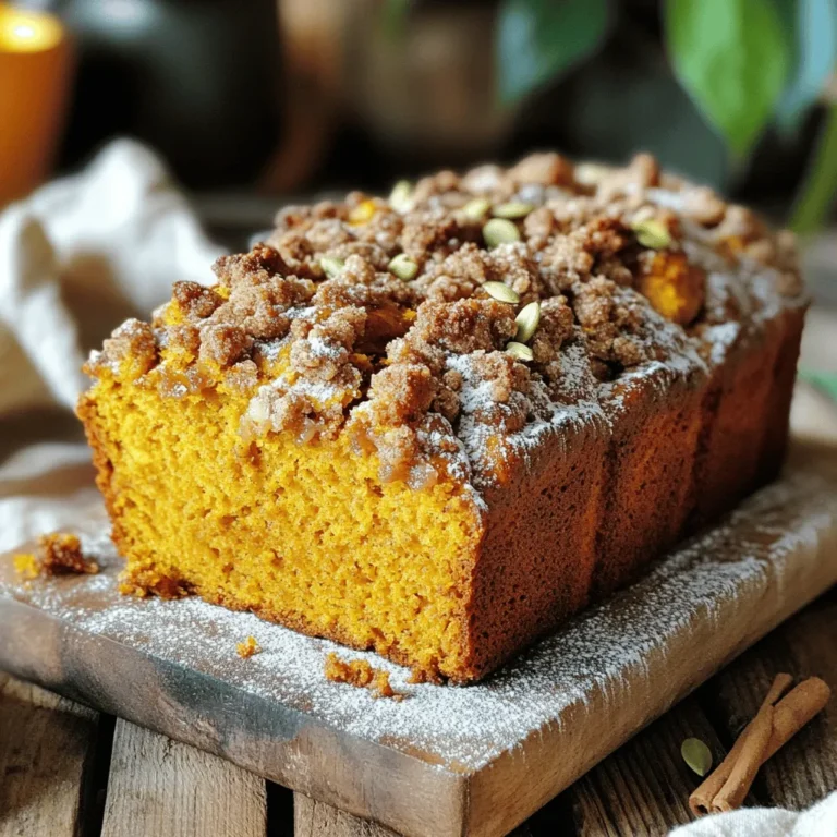 - 2 cups all-purpose flour - 1 teaspoon baking soda - 1/2 teaspoon baking powder - 1 teaspoon ground cinnamon - 1/2 teaspoon ground nutmeg - 1/4 teaspoon ground ginger - 1/2 teaspoon salt These dry ingredients form the base of our Pumpkin Streusel Bread. All-purpose flour gives the bread its structure. Baking soda and baking powder help it rise. The ground spices, like cinnamon, nutmeg, and ginger, add warmth and flavor. Finally, salt enhances all these tastes. - 1 cup granulated sugar - 1/2 cup brown sugar, packed - 1/2 cup vegetable oil - 2 large eggs - 1 cup canned pumpkin puree - 1 teaspoon vanilla extract The wet ingredients bring moisture and sweetness. Granulated sugar and brown sugar make the bread sweet. Vegetable oil keeps it soft and moist. Eggs bind everything together. Canned pumpkin puree gives it that rich, fall flavor. Vanilla extract adds a nice touch of warmth. - 1/2 cup all-purpose flour - 1/2 cup rolled oats - 1/3 cup brown sugar, packed - 1 teaspoon ground cinnamon - 1/4 cup cold unsalted butter, cubed The streusel topping adds a crunchy layer. All-purpose flour and oats make it hearty. Brown sugar sweetens it up, while cinnamon adds spice. Cold unsalted butter brings it all together, creating a crumbly texture. This topping is a must for a delicious finish to our bread. First, set your oven to 350°F (175°C). This helps the bread bake evenly. Next, take a 9x5 inch loaf pan. Grease it well to prevent sticking. You can use butter or cooking spray for this step. In a medium bowl, whisk together the dry ingredients. Combine 2 cups of flour, 1 teaspoon of baking soda, 1/2 teaspoon of baking powder, 1 teaspoon of ground cinnamon, 1/2 teaspoon of ground nutmeg, 1/4 teaspoon of ground ginger, and 1/2 teaspoon of salt. This mix gives the bread flavor. In a large bowl, mix the wet ingredients. Combine 1 cup of granulated sugar, 1/2 cup of brown sugar, and 1/2 cup of vegetable oil. Stir until smooth. Then, add 2 large eggs, one by one. Mix well after each egg. Finally, add 1 cup of canned pumpkin puree and 1 teaspoon of vanilla extract. Stir until everything blends well. Now, it’s time to mix the wet and dry ingredients. Gradually add the dry mix to the wet mix. Stir gently until just combined. Be careful not to overmix. Overmixing can make the bread dense and tough. For the streusel topping, mix the ingredients in a small bowl. Combine 1/2 cup of flour, 1/2 cup of rolled oats, 1/3 cup of brown sugar, and 1 teaspoon of ground cinnamon. Then, add 1/4 cup of cold unsalted butter, cubed. Use your fingers or a pastry cutter to mix until it looks crumbly. Pour half of the pumpkin batter into the greased loaf pan. Next, sprinkle half of the streusel topping over the batter. Pour the rest of the pumpkin batter on top, then add the remaining streusel topping. This layering adds flavor and texture. Place the loaf pan in the preheated oven. Bake for 60 to 70 minutes. To check if it’s ready, insert a toothpick into the center. If it comes out clean, the bread is done. Once baked, let it cool in the pan for 10 minutes. Then, transfer it to a wire rack to cool completely. To keep your Pumpkin Streusel Bread moist, measure your ingredients carefully. Too much flour or sugar can dry out the bread. I recommend using a kitchen scale for the best results. Fresh pumpkin puree is key. It adds natural moisture and flavor. You can use canned pumpkin, but make sure it is pure pumpkin, not pie filling. Get the streusel just right for a perfect crunch. Combine flour, oats, brown sugar, and cinnamon in a bowl. Add cold butter and mix until it crumbles. The right texture should look like coarse sand. If you want it sweeter, add a bit more brown sugar. This will balance the bread’s flavors nicely. When it’s time to slice, use a serrated knife for clean cuts. Present the bread on a rustic wooden board. You can dust it with powdered sugar for a festive look. Garnish with a sprinkle of cinnamon or a few pumpkin seeds. These touches make each slice more inviting and fun to eat! {{image_2}} You can easily add nuts to your pumpkin streusel bread. Chopped walnuts or pecans add a nice crunch. Just mix in 1/2 cup of your favorite nuts into the batter. You can also use chocolate chips for a sweet twist. Adding 1/2 cup of chocolate chips makes the bread even more decadent. If you need a gluten-free version, you can swap the all-purpose flour. Use almond flour or a gluten-free all-purpose blend instead. This will keep your bread delicious. You may need to adjust the baking time slightly. Start with the same time, but check for doneness a bit earlier. To make this bread vegan, you can substitute the eggs and oil. Use flax eggs by mixing 2 tablespoons of flaxseed meal with 6 tablespoons of water. Let it sit for a few minutes to thicken. For oil, try using applesauce instead. It keeps the bread moist. For sugar, use coconut sugar or maple syrup to keep it natural. Store your Pumpkin Streusel Bread at room temperature for the best taste. Use an airtight container to keep the bread fresh. If you live in a humid area, refrigeration may help. However, it can make the bread dry. Always check for moisture before sealing your container. To freeze the bread, let it cool completely first. Wrap it tightly in plastic wrap, then place it in a freezer bag. Remove as much air as possible to prevent freezer burn. For thawing, take the bread out and leave it at room temperature. It should thaw in about 2 hours. Enjoy your Pumpkin Streusel Bread within a week for peak freshness. Store it properly, and it will stay tasty. If frozen, it can last up to three months. Just remember, the sooner you enjoy it, the better the flavors will be! To make Pumpkin Streusel Bread, gather your ingredients first. You need flour, baking soda, baking powder, spices, sugar, oil, eggs, pumpkin puree, and vanilla. Mix the dry ingredients in one bowl. In another bowl, blend the sugars and oil. Add eggs, pumpkin, and vanilla. Combine both mixtures but do not overmix. Prepare the streusel topping by mixing flour, oats, sugar, and butter. Layer half the batter in a greased pan, sprinkle half of the streusel, add the rest of the batter, and top with streusel. Bake at 350°F for 60-70 minutes until a toothpick comes out clean. If you need an egg substitute, choose one of these options: - 1/4 cup unsweetened applesauce - 1/4 cup mashed banana - 1 tablespoon ground flaxseed mixed with 2.5 tablespoons water - 1/4 cup yogurt These substitutes work well in baking and help keep the bread moist. To check if your Pumpkin Streusel Bread is done, look for these signs: - A golden-brown top - A toothpick inserted in the center comes out clean - The bread springs back when lightly touched These hints confirm your bread is fully baked and ready to enjoy. Yes, you can make Pumpkin Streusel Bread ahead of time. Bake it and let it cool completely. Wrap it well in plastic wrap. Store it at room temperature for up to three days. You can also freeze it for up to three months. Just remember to thaw it in the fridge before serving. You learned how to make Pumpkin Streusel Bread from start to finish. We covered ingredients, step-by-step instructions, tips, and creative variations. I hope you feel ready to bake and impress others with this treat. Remember, using fresh ingredients and measuring accurately will lead to the best bread. Enjoy making it your own and share it with friends and family! Happy baking!