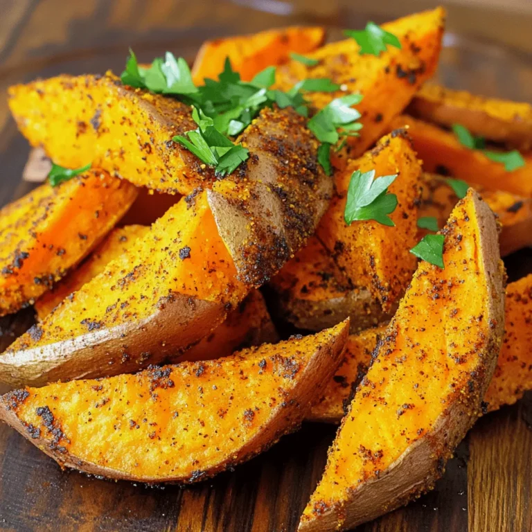To make Crispy Cajun Sweet Potato Wedges, you will need the following items: - 2 medium sweet potatoes, peeled and cut into wedges - 3 tablespoons olive oil - 1 teaspoon smoked paprika - 1 teaspoon garlic powder - 1 teaspoon onion powder - 1 teaspoon dried oregano - 1 teaspoon cayenne pepper (adjust to taste) - 1 teaspoon salt - ½ teaspoon black pepper - Fresh parsley, chopped (for garnish) You can adjust the spice level based on your taste. If you love heat, add more cayenne pepper. For a milder flavor, reduce the cayenne to half. You can also swap in chili powder for a different kick. Feel free to mix in other herbs, like thyme or rosemary, for a unique twist. No olive oil? Use any cooking oil you have on hand, like canola or avocado oil. If you can't find smoked paprika, regular paprika works too, but it won’t have that smoky flavor. You can replace garlic powder with fresh minced garlic. Just be sure to use less, as fresh garlic is stronger. Start by peeling your sweet potatoes. Cut them into wedges. Aim for uniform sizes. This helps them cook evenly. Next, preheat your oven to 425°F (220°C). While the oven heats, grab a large mixing bowl. Add the olive oil and all the spices: smoked paprika, garlic powder, onion powder, dried oregano, cayenne pepper, salt, and black pepper. Mix these until they blend well together. Add the sweet potato wedges to the bowl. Toss them gently to coat every wedge with the spice mix. Now, take a baking sheet and line it with parchment paper. Arrange the wedges on the sheet in a single layer. Make sure they don’t touch. This space helps them crisp up. Bake for 25 to 30 minutes. Halfway through, flip the wedges carefully to ensure even cooking. Look for a golden brown color when they are done. To get those perfect crispy edges, keep a few things in mind. First, cut your wedges to a similar size. This ensures they cook at the same rate. Use enough olive oil to coat the wedges lightly. Too much oil can make them soggy. Also, avoid overcrowding the baking sheet. It’s better to use two sheets if needed. Lastly, let the sweet potato wedges rest for a couple of minutes after baking. This allows the steam to escape, making them even crispier. Flipping your sweet potato wedges is key to even cooking. Use a spatula to lift them gently. Start at one end and slide the spatula under a wedge. Flip it over quickly. Try to keep the wedges intact during this process. If they stick, wait a moment before trying again. This helps prevent breakage. Make sure to flip all the wedges, so they brown nicely on both sides. Enjoy the aroma as they cook! To get your sweet potato wedges nice and crispy, follow these tips: - Cut wedges evenly. Aim for uniform shapes. This helps them cook evenly. - Soak in water. Soak your wedges in cold water for about 30 minutes. This removes some starch and can help them crisp up better. - Pat dry. After soaking, dry the wedges with a clean towel. This removes excess moisture. - Use a hot oven. Make sure your oven is at 425°F (220°C) before baking. A hot oven helps achieve that perfect crunch. - Don’t crowd the pan. Spread the wedges out in a single layer. Room for air to flow will lead to crispiness. Choosing sweet potatoes is key for great wedges. Here’s how: - Look for firmness. Pick sweet potatoes that feel heavy and firm. Avoid any with soft spots or wrinkles. - Choose medium-sized ones. Medium sweet potatoes are easier to cut into wedges. They cook evenly too. - Check the skin color. A smooth, orange skin is usually a good sign. This indicates freshness and flavor. - Organic is better. If you can, choose organic sweet potatoes. They often taste sweeter and are free from harmful chemicals. These crispy wedges are super versatile. Here are some ideas for serving: - Dipping sauces. Pair them with dips like ranch, garlic aioli, or spicy ketchup. - Topping ideas. Add toppings like crumbled feta, fresh herbs, or a drizzle of balsamic glaze. - As a side dish. Serve them alongside grilled chicken, fish, or veggie burgers for a complete meal. - Flavor boost. Sprinkle some lime juice or hot sauce on top for a zing. - Salad topping. Toss crispy wedges on your salads for added crunch and flavor. {{image_2}} To kick up the heat, add more cayenne pepper. You can also mix in red pepper flakes. Try adding hot sauce to the oil blend for extra spice. Just remember, start slow. You can always add more. Taste the spice level as you go. This way, you can find the perfect heat that suits your taste. For a fresh twist, add herbs to your spice mix. You can use fresh rosemary or thyme. Just chop them finely and mix them in. This adds a lovely aroma and flavor. You can also sprinkle some dried herbs like basil or dill. These herbs balance the sweetness of the potatoes. Mix sweet and savory for a unique taste. Add a drizzle of honey or maple syrup before baking. This will give your wedges a sweet glaze. You can also sprinkle some cinnamon for warmth. Pairing sweet potatoes with savory spices creates a delightful contrast. This makes every bite a new experience. Try different combinations to find your favorite mix. To keep your crispy Cajun sweet potato wedges fresh, let them cool. Place them in an airtight container. You can store them in the fridge for up to three days. If you want them to stay crispy, try to keep them in a single layer. When you are ready to eat the leftovers, the oven is your best friend. Preheat your oven to 400°F (200°C). Spread the wedges on a baking sheet and heat for about 10-15 minutes. This helps restore their crispy texture. You can also use a skillet. Heat a little oil in the skillet and add the wedges. Cook for a few minutes, flipping often, until they are warmed through and crispy. If you want to save some wedges for later, freezing is easy. First, let them cool completely. Then, spread them out on a baking sheet and freeze until solid. After that, transfer them to a freezer bag. They can last up to three months in the freezer. When you’re ready to enjoy them, bake from frozen. Just add a few extra minutes to the cooking time. To make sweet potato wedges crispy, start with the right amount of oil. Use enough olive oil to coat the wedges but not too much. Toss the wedges well in the oil and spices. Spread them out on a baking sheet in a single layer. This helps hot air circulate around them. Bake them at a high temperature of 425°F (220°C) for 25-30 minutes. Flip them halfway through for even cooking. Yes, you can use other potatoes. Russet or Yukon Gold potatoes work well. These types have a high starch content, making them crispier. However, sweet potatoes add a nice sweetness and flavor. Adjust the cooking time if you choose different potatoes. You want them golden and crispy, just like the sweet potato wedges. The best way to cut sweet potatoes is to first peel them. Then, slice each potato lengthwise into thick planks. After that, cut the planks into wedges. Aim for wedges that are about 1 inch thick. This size ensures they cook evenly and get crispy. Yes, you can make these wedges in an air fryer. Preheat the air fryer to 400°F (200°C). Toss the wedges with oil and spices as you would for the oven. Place them in a single layer in the air fryer basket. Cook for about 15-20 minutes, shaking the basket halfway through. This gives you that crispy texture with less oil. Crispy sweet potato wedges taste best when eaten fresh. However, you can store leftovers in an airtight container for up to 3 days. To keep them crispy, avoid stacking them. Reheat in the oven or air fryer for the best results. This way, they regain their crunch before serving. Crispy Cajun sweet potato wedges are a tasty treat. We covered the key ingredients and fun variations. I shared step-by-step instructions for perfect preparation and baking tips for crispiness. You learned best practices and how to store leftovers for later. These wedges are simple, delicious, and great for sharing. Try different spices or herbs. Enjoy making this recipe your own!