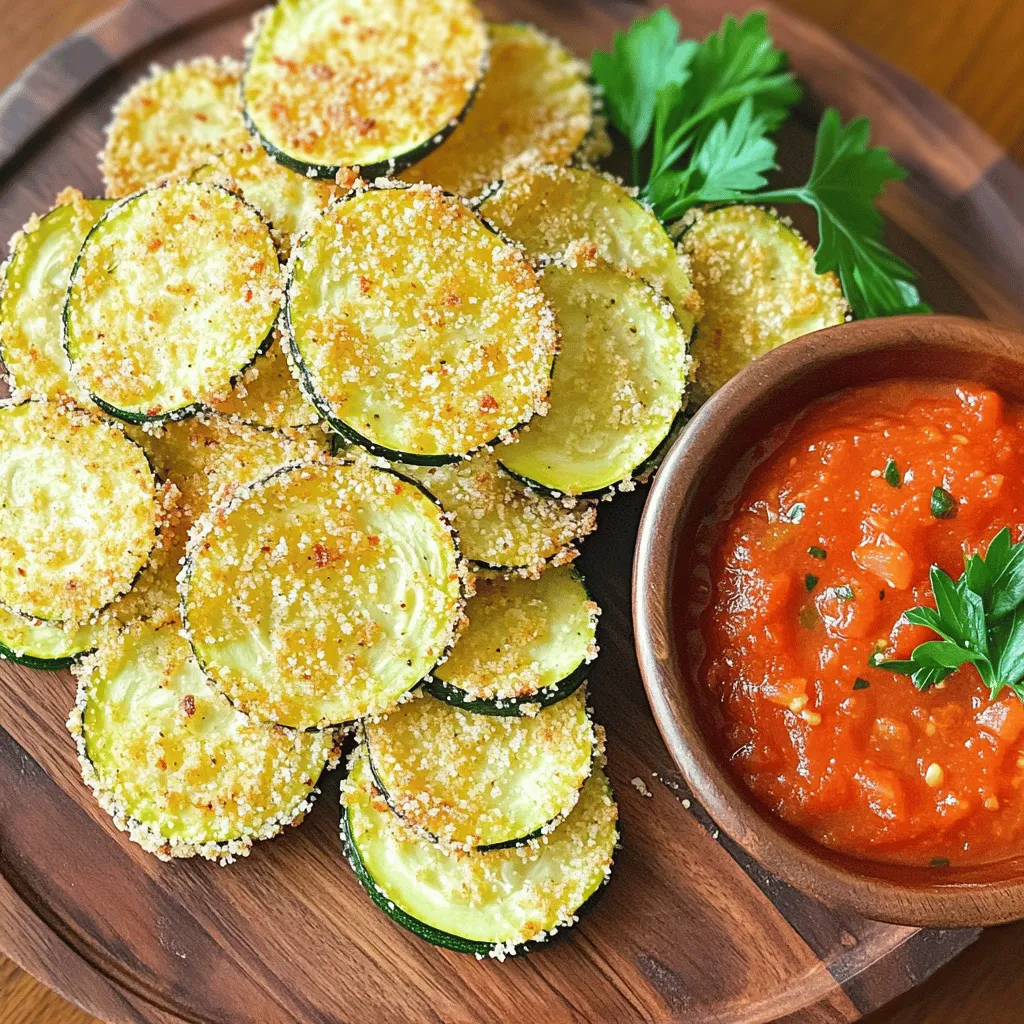 - 2 medium zucchini - 1 cup grated Parmesan cheese - 1/2 cup breadcrumbs - 1 large egg - Cooking spray or olive oil - 1 teaspoon garlic powder - 1 teaspoon onion powder - 1 teaspoon paprika - Salt and pepper - Gluten-free breadcrumbs - Fresh parsley for garnish When making crispy Parmesan zucchini chips, start with fresh zucchini. Choose medium-sized ones for the best texture. The Parmesan gives a nice flavor and a crunchy finish. I love mixing in breadcrumbs for extra crispness. You can use gluten-free breadcrumbs if needed. For seasoning, I recommend garlic powder, onion powder, and paprika. These spices add depth and flavor to your chips. Don't forget to add salt and pepper to taste. Using one large egg helps the coating stick well. It’s simple and effective. I also like to spray the air fryer with cooking spray or brush it with olive oil. This step ensures the chips won’t stick and helps them crisp up nicely. If you want to make your dish pop, try garnishing with fresh parsley. It adds color and a bit of freshness to the dish. Enjoy making these tasty chips! - Slice zucchini into thin rounds, about 1/4 inch thick. - Pat dry to remove moisture. This step helps make the chips crispy. - Combine 1 cup of grated Parmesan cheese, 1/2 cup of breadcrumbs, and seasonings. - Mix well to ensure even distribution. Use 1 teaspoon of garlic powder, 1 teaspoon of onion powder, 1 teaspoon of paprika, salt, and pepper to taste. - Dip each zucchini slice in a beaten egg. Let any extra drip off. - Coat with the breadcrumb mixture. Press gently to make sure it sticks well. Set your air fryer to 400°F (200°C). Preheat it for about 5 minutes. This step ensures even cooking and helps achieve that crispy texture we all love. Lightly spray the air fryer basket with cooking spray. This prevents the zucchini chips from sticking. Arrange the coated zucchini slices in a single layer. Make sure not to overcrowd the basket, as this can lead to uneven cooking. You may need to cook in batches if your air fryer is small. Cook the zucchini chips for 10 to 12 minutes. Remember to flip them halfway through cooking. This helps both sides get golden brown. Keep an eye on the color; you want them to be crispy and not burnt. The perfect chip is crunchy outside and tender inside. Enjoy the smell of your kitchen while they cook! {{image_2}} To get those perfect, crispy zucchini chips, start by drying the zucchini well. After slicing them, pat them dry with a paper towel. Removing moisture is key. If you skip this step, your chips may turn out soggy. For the coating, I recommend using fresh breadcrumbs. They offer better texture and flavor than store-bought. If you use store-bought, look for ones with no added preservatives. Fresh breadcrumbs will stick better and help achieve that crunch you crave. Every air fryer is a bit different. Some may cook faster than others. Keep an eye on your zucchini chips. Start with the recommended time of 10-12 minutes, but check them halfway. If they look golden brown, they're ready. Factors like the size of your zucchini slices and the air fryer model can affect cooking time too. Thinner slices will cook faster, while thicker ones will need a bit more time. Adjust as needed for your perfect chips. When serving, I love to arrange the crispy zucchini chips on a nice platter. Add a small bowl of marinara sauce or ranch dressing for dipping. This makes it fun and inviting. For a pop of color, sprinkle fresh parsley on top. It adds freshness and makes your dish visually appealing. People eat with their eyes first, so make it look great! You can change up the flavors of your crispy zucchini chips. Add Italian herbs like oregano or basil for a lovely taste. You can also use different cheese. Try blending mozzarella with Parmesan for a creamy touch. This mix gives a rich flavor that pairs well with the crunch of the chips. Don’t stop at zucchini! You can use other veggies too. Eggplant and sweet potatoes are great choices. Just remember, different veggies may need different cooking times. Eggplant slices might need a few more minutes, while sweet potatoes may cook quicker. Keep an eye on them to get that perfect crisp. If you want a vegan version, it's easy to swap ingredients. Use a flaxseed mixture instead of the egg. Mix one tablespoon of ground flaxseed with three tablespoons of water. Let it sit for a few minutes to thicken. You can also use vegan cheese options to keep the cheesy goodness. Nutritional yeast can add a nice flavor while keeping things plant-based. To keep zucchini chips fresh, store them in an airtight container. Place a paper towel inside to absorb moisture. This helps keep them crispy. You can also use a resealable bag. Squeeze out the air before sealing. Store them in the fridge for up to three days. To reheat, place the chips in the air fryer for about 3-5 minutes at 350°F (175°C). This will help them regain their crunch. Avoid using the microwave, as it makes them soggy. Yes! You can bake zucchini chips in the oven. Preheat your oven to 425°F (220°C). Prepare the zucchini as directed, then arrange them on a baking sheet lined with parchment paper. Make sure to leave space between each chip. Bake for 20-25 minutes, flipping halfway through. Watch closely, as ovens can vary. You want them golden brown and crispy. Cleaning your air fryer is easy. Start by unplugging it and letting it cool. Remove the basket and any accessories. Wash these parts with warm, soapy water. A soft sponge works best. For the main unit, wipe it down with a damp cloth. Avoid using harsh cleaners. To maintain your air fryer, clean it after each use. This will help it last longer and work better. In this blog post, we explored how to make crispy zucchini chips using simple ingredients. You learned about the main ingredients, step-by-step instructions, and helpful tips for the best outcome. I shared ideas for variations to keep your snacks fun and exciting. Remember, cooking is about experimenting, so don’t hesitate to add your twist. Enjoy your healthy snacks, and happy cooking!