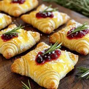 - 1 can (8 oz) refrigerated crescent roll dough - 1 cup brie cheese, cut into small cubes - 1/2 cup cranberry sauce (sweetened) - 1 tablespoon fresh rosemary, finely chopped (optional) - 1 egg, beaten (for egg wash) - Sea salt for sprinkling When choosing brie, go for a soft, creamy cheese. A good brie will melt well and add a rich flavor. Look for brie that has a smooth rind and a nice buttery texture. Fresh rosemary gives a fragrant touch, but it's optional. You can also find different types of cranberry sauce. Try to use sweetened sauce to balance the cheese's creaminess. If you want to swap out brie, try camembert or goat cheese. Both will give you a nice, creamy bite. For cranberry sauce, you can use homemade if you're feeling adventurous. It just takes fresh cranberries, sugar, and a bit of water. Store-bought is still great if you're short on time. It should be sweet and thick. 1. First, preheat your oven to 375°F (190°C). This ensures even cooking. Line a baking sheet with parchment paper. This keeps the bites from sticking. 2. Next, place the crescent roll dough on a clean surface. Unroll it and separate it into 8 triangles. Follow the perforations for easy separation. 1. Start by placing a small cube of brie cheese in the center of each triangle. The cheese will melt beautifully. 2. Add about a teaspoon of cranberry sauce on top of the brie. This gives a sweet burst of flavor. 3. If you like, sprinkle a pinch of finely chopped rosemary on the cranberry sauce. It adds a lovely aroma. 4. Now, roll each triangle starting from the wide end. Roll toward the point to wrap the brie and cranberry tightly. This helps them cook evenly. 1. Place the rolled bites on the baking sheet. Make sure the pointed end faces down to keep them closed. 2. Brush the tops with the beaten egg. This gives a golden finish when baked. 3. Sprinkle a tiny pinch of sea salt on each bite. This enhances the flavors nicely. 4. Bake in the preheated oven for 12 to 15 minutes. Watch them closely until they are golden brown and puffed up. To get crescent rolls to puff up well, start with cold dough. Cold dough helps create steam, which makes the rolls light and airy. Make sure your oven is preheated to 375°F (190°C) before baking. If the oven is not hot enough, the rolls might not rise properly. A common pitfall is overcrowding the baking sheet. Leave space between each bite. This allows hot air to circulate and helps them puff up. Also, avoid pressing down on the rolls after they are formed; this can flatten them and prevent rising. Finally, brush the tops with beaten egg for a golden color. Too much egg wash can make them soggy, so use just enough. To boost flavor, consider adding spices like cinnamon or nutmeg to the cranberry sauce. A sprinkle of crushed red pepper can add a nice kick. You can also swap out the cranberry sauce for a different jam, like fig or apricot. Each choice gives a unique twist. For a beautiful presentation, top each bite with a small sprig of fresh rosemary or thyme. This adds color and a lovely aroma. Serving them on a rustic wooden board can also elevate the look. These little touches can impress your guests and make the bites even more enjoyable. {{image_2}} You can change the flavor of your Cranberry Brie Crescent Bites easily. One great way is to use different jams or jellies. Instead of cranberry sauce, try using raspberry jam or fig preserves. These swaps create a new taste and keep things fun. You can also change the cheese for a new experience. Instead of brie, use goat cheese or sharp cheddar. Goat cheese adds a tangy flavor, while cheddar brings a bold taste. Each cheese choice helps create a unique bite. If you need gluten-free options, you can find gluten-free crescent roll dough at many stores. This way, everyone can enjoy these bites. Just make sure to follow the same steps in the recipe. For vegan alternatives, you can swap out the cheese. Look for plant-based cheese that melts well. There are many options available now. You can also replace the egg wash with a mixture of plant milk and a bit of oil for a nice glaze. These adjustments keep your bites tasty and friendly for all diets. To store your leftover Cranberry Brie Crescent Bites, let them cool first. Place them in an airtight container. You can use a plastic or glass container with a tight lid. This keeps them fresh and stops them from getting soggy. If you want to keep them longer, you can freeze them. Wrap each bite in plastic wrap before placing them in a freezer bag. This helps prevent freezer burn and keeps them tasty. To reheat, use the oven for the best taste and texture. Preheat your oven to 350°F (175°C). Place the bites on a baking sheet. Heat them for about 10 minutes, or until warm. This helps keep the crescent dough flaky. You can also use a microwave if you're in a hurry, but the texture may not be as good. If you use the microwave, heat in short bursts. Check every 15 seconds until warm. Enjoy your delicious bites! Cranberry Brie Crescent Bites stay fresh in the fridge for about three days. Store them in an airtight container to keep them moist. If you want to keep them longer, you can freeze them. They last up to three months in the freezer. Just make sure to wrap them well to prevent freezer burn. Yes, you can prepare these bites ahead of time. You can assemble them and keep them in the fridge for a day. If you want to freeze them, roll them up and place them on a baking sheet. Freeze them until solid, then transfer them to a bag or container. Bake from frozen, adding a few extra minutes to the cooking time. These bites pair well with many dishes. Consider serving them with a fresh salad or a fruit platter. For drinks, try a light white wine or sparkling water. You can also offer a selection of dips, like honey or a balsamic glaze, to enhance their flavors. You learned how to make tasty Cranberry Brie Crescent Bites. We explored key ingredients, like quality brie and cranberry sauce options. I shared step-by-step baking instructions to ensure perfect results. Remember, you can switch flavors and adjust for dietary needs. Store your leftovers correctly and reheat them to keep that fresh taste. Enjoy these bites at any meal. With the right tips, you can create a dish everyone loves. Happy baking!
