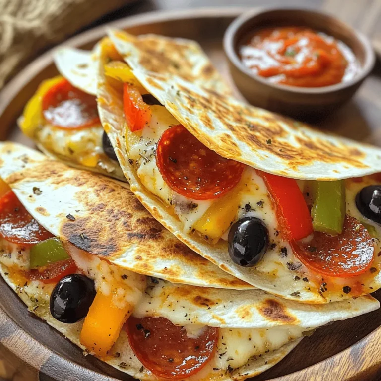 - 4 large flour tortillas - 1 cup shredded mozzarella cheese - 1 cup pepperoni slices - 1/2 cup pizza sauce (plus additional for dipping) - 1/4 cup sliced black olives - 1/4 cup sliced bell peppers - 1 teaspoon dried oregano - 1 teaspoon garlic powder - Cooking spray or olive oil To make pepperoni pizza quesadillas, you need a few basic items. Start with large flour tortillas. They hold the filling well. Next, get shredded mozzarella cheese. This cheese melts beautifully, giving that gooey texture we love. Pepperoni slices are a must. They add flavor and a bit of spice. Don't forget the pizza sauce. You can use it inside the quesadilla and for dipping. For added flavor and crunch, consider using optional ingredients. Black olives bring a savory touch. Bell peppers add color and sweetness. Dried oregano gives a nice Italian flair. Garlic powder boosts the taste, too. Finally, use cooking spray or olive oil to cook the quesadilla. This helps it get golden and crispy. All these ingredients will make your quesadillas tasty and fun! To start, heat a large skillet over medium heat. Lightly spray it with cooking spray or drizzle some olive oil. This helps the quesadilla cook well without sticking. Place one tortilla in the skillet. Sprinkle half of the shredded mozzarella cheese evenly on top. Next, layer half of the pepperoni slices over the cheese. If you like, add black olives and bell peppers for more flavor. These toppings give your quesadilla a tasty twist. Now, spoon half of the pizza sauce over the toppings. This adds moisture and flavor. Sprinkle some dried oregano and garlic powder on top, then add the rest of the mozzarella cheese. Finally, place a second tortilla on top to complete the quesadilla. Cook the quesadilla for about 3-4 minutes or until the bottom side turns golden brown. You can lift the edge with a spatula to check the color. Once it’s golden, carefully flip the quesadilla over. Cook the other side for another 3-4 minutes. This side should also be golden and the cheese should be melted. After cooking, remove the quesadilla from the skillet. Let it rest for a minute to cool down a bit. Then, cut it into wedges for easy serving. Serve your quesadilla with extra pizza sauce for dipping. This adds a fun touch and enhances the flavor! Enjoy your tasty creation! To get that gooey, melted cheese, cook on medium heat. Too high a temperature can burn the tortillas before the cheese melts. I like to use a mix of mozzarella and provolone for a creamy texture. This blend melts well and adds great flavor. Spice up your quesadillas with dried oregano and garlic powder. These herbs bring out that pizza taste. You can also add crushed red pepper for some heat. Want to make it your own? Customize with toppings like mushrooms or spinach. Serve your quesadillas cut into wedges for easy sharing. Place them on a colorful plate to make it pop. For garnish, sprinkle fresh parsley or basil on top. A small bowl of pizza sauce for dipping always adds a nice touch. {{image_2}} You can make a tasty vegetarian version of pepperoni pizza quesadillas. Use ingredients like mushrooms, spinach, or artichokes. These plant-based toppings add flavor and nutrients without meat. For cheese, try using a blend of mozzarella and cheddar. Vegan cheese works well too. It melts nicely and keeps the quesadilla creamy. If you want more protein, chicken or sausage can be great choices. Grilled chicken adds a nice flavor and pairs well with pizza sauce. For sausage, use crumbled Italian sausage. Cook it before adding it to the quesadilla. Layer it with cheese and pepperoni for a hearty meal. For those who love heat, adding jalapeños can spice things up. Sliced jalapeños give a nice kick. You can also drizzle hot sauce on top for extra flavor. Want more spice? Add crushed red pepper flakes or diced habaneros. Be careful, though, as they can be very hot. Store your leftover quesadillas in the fridge. Use an airtight container to keep them fresh. They stay good for about 3 to 4 days. If you want to keep them longer, consider freezing. To freeze quesadillas, let them cool first. Wrap each one in plastic wrap. Then, place them in a freezer bag. They can last for up to 2 months. When you’re ready to eat, take them out and thaw in the fridge overnight. Reheat quesadillas in a skillet for the best result. Heat on medium until warm, about 3-4 minutes on each side. This method keeps them crispy. Avoid using a microwave, as it can make them soggy. If you use a microwave, place a paper towel on top to absorb moisture. To get a crispy quesadilla, use a hot skillet. You can also use less cheese for a crisper bite. Lightly oil the pan with olive oil or cooking spray. Cook each side for 3-4 minutes. Keep an eye on the color. You want it golden brown. If you want even more crunch, try pressing the quesadilla down with a spatula. This helps the outside crisp up nicely. Yes, you can use corn tortillas! Corn tortillas have a distinct flavor. They are also gluten-free, which is great for some diets. However, they can break easier. To help, warm them up first to make them more pliable. You might also need to adjust the cooking time. Corn tortillas cook faster, so check them often. I love serving these quesadillas with sides that complement their flavor. A fresh salad adds a nice crunch. You can also serve them with marinara sauce for dipping. Garlic bread is another tasty choice. For a fun twist, try some pickled jalapeños or a side of guacamole. These options bring out the best in your quesadillas! This article covers how to make tasty pepperoni pizza quesadillas from scratch. You learned about main and optional ingredients, along with step-by-step cooking methods. Tips to achieve the best cheese melt and presentation ideas help elevate your dish. You can explore variations to fit your taste, plus storage and reheating tips for leftovers. Enjoy crafting this easy and delicious meal anytime!