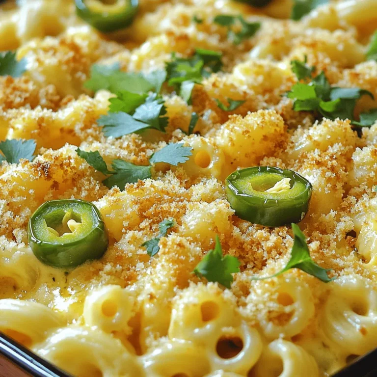 To make Jalapeño Popper Mac and Cheese, you need a few key items: - 8 oz elbow macaroni - 4 oz cream cheese, softened - 1 cup shredded sharp cheddar cheese - 1 cup shredded mozzarella cheese - 2 jalapeños, finely chopped (seeds removed for less heat) - 1/2 cup breadcrumbs - 1/2 teaspoon garlic powder - 1/2 teaspoon onion powder - 1/4 teaspoon smoked paprika - Salt and pepper to taste - 2 tablespoons butter - 1 tablespoon olive oil - Fresh cilantro, chopped (for garnish) These ingredients create a creamy and cheesy dish. The jalapeños add a nice kick, making it fun to eat. If you want to boost the taste, consider these extras: - Chopped bacon for a smoky crunch - A dash of hot sauce for more heat - Different types of cheese like gouda or pepper jack - Chopped green onions for freshness These options can make your mac and cheese even better. Feel free to mix and match to suit your taste. Here’s what you’ll need to cook this dish: - Large pot for boiling pasta - Medium pot for making the cheese sauce - Whisk for mixing ingredients - Baking dish to hold the mac and cheese - Small bowl for mixing breadcrumbs Having the right tools makes cooking easier and more fun. Make sure to gather everything before you start. Start by boiling salted water in a large pot. Once it boils, add 8 oz of elbow macaroni. Cook it until it is al dente, which means it should be firm but not hard. This takes about 7 to 9 minutes. Drain the pasta and set it aside for later. In the same pot, melt 2 tablespoons of butter over medium heat. Add 4 oz of softened cream cheese and stir until it becomes smooth. Gradually whisk in 1 cup of milk. Then, add 1/2 teaspoon of garlic powder, 1/2 teaspoon of onion powder, and 1/4 teaspoon of smoked paprika. Season with salt and pepper to taste. Heat this mixture until it's hot but not boiling. Once your cheese sauce is ready, slowly stir in 1 cup of shredded sharp cheddar and 1 cup of shredded mozzarella cheese. Keep stirring until the cheese melts and the sauce is creamy. Now, fold in the finely chopped jalapeños, along with the cooked macaroni. Mix until all the pasta is well coated with the cheese sauce. Preheat your oven to 350°F (175°C). Pour the mac and cheese mixture into a greased baking dish. In a small bowl, mix 1/2 cup of breadcrumbs with 1 tablespoon of olive oil and a pinch of salt. Sprinkle this breadcrumb mix evenly over the mac and cheese. Bake for 20 to 25 minutes, or until the top is golden and crispy. Remove from the oven and let it sit for a few minutes. You can garnish with fresh chopped cilantro before serving. To get a creamy cheese sauce, use room temperature cream cheese. This helps it melt better. Melt the butter in a pot over medium heat. Add the cream cheese and stir until smooth. Gradually whisk in a cup of milk. Keep stirring until it heats up. Add garlic powder, onion powder, smoked paprika, salt, and pepper. Stir in the sharp cheddar and mozzarella cheese slowly. This gives the sauce its rich flavor and smooth texture. Want to control the heat? Start with jalapeños that have no seeds. For more heat, leave some seeds in. You can also add more jalapeños to the dish. If you like it milder, use fewer peppers. Another trick is to mix in a bit of sour cream. It adds creaminess and cools down the spice. If your cheese sauce is too thick, add a splash of milk and stir. This makes it creamy again. If it's too thin, you can add more cheese. Just melt in a little more cheddar or mozzarella. If the dish is too spicy, add more cream cheese or sour cream. This helps to balance the heat. Lastly, if your topping burns, cover it with foil and bake a bit longer. This keeps the inside warm while fixing the top. {{image_2}} You can add proteins to enhance your Jalapeño Popper Mac and Cheese. Chicken or bacon works great. Cook the chicken first, then chop it. For bacon, fry it until crispy, then crumble it. Mix them into the cheese sauce with the jalapeños. This makes the dish heartier and more filling. If you want a vegetarian version, skip the meat. You can add more veggies. Try spinach, bell peppers, or mushrooms. These add color and flavor. Sauté the veggies before adding them to the cheese sauce. This keeps all the taste but makes it meat-free. Changing the cheese can create new flavors. Besides sharp cheddar and mozzarella, try gouda or pepper jack. Gouda gives a rich taste, while pepper jack adds a spicy kick. Mix different cheeses for a unique blend. Just remember to keep the melted cheese creamy for the best results. To keep your Jalapeño Popper Mac and Cheese fresh, store it in an airtight container. Allow it to cool to room temperature first. Place it in the fridge for up to four days. Use glass or plastic containers that seal well. This way, your dish stays creamy and tasty for later. When you're ready to eat leftovers, reheat them gently. You can use the microwave or the oven. If using the microwave, place it in a bowl and cover it. Heat in short bursts of one minute, stirring in between. For the oven, preheat to 350°F (175°C) and bake for about 15-20 minutes. Add a splash of milk if it seems dry. If you want to store it longer, freezing is a great option. Portion it into freezer-safe containers. Leave some space at the top for expansion. It can last for up to three months in the freezer. To enjoy it later, thaw it in the fridge overnight before reheating. This keeps your dish delicious and ready for a quick meal! Yes, you can make Jalapeño Popper Mac and Cheese ahead of time. Prepare it up to the baking step. Store it in the fridge for a day. When ready, just bake it straight from the fridge. This saves time for busy days. Jalapeño Popper Mac and Cheese pairs well with many dishes. Here are some ideas: - Grilled chicken or steak - Fresh salad with a light dressing - Roasted vegetables for a healthy side - Garlic bread for extra carbs These options add variety to your meal. To boost the heat in your Jalapeño Popper Mac and Cheese, consider these tips: - Use more jalapeños, keeping the seeds for extra spice - Add a pinch of cayenne pepper - Mix in hot sauce to the cheese sauce These changes will give you that fiery kick you crave! You can find the full recipe for Jalapeño Popper Mac and Cheese above. It includes all the ingredients and step-by-step instructions. This makes it easy to follow and enjoy! Jalapeño Popper Mac and Cheese is a fun and tasty dish. We covered the key ingredients and optional ones for extra flavor. You learned step-by-step how to cook it perfectly. Tips and tricks helped you avoid common mistakes. Plus, we explored fun variations and how to store leftovers. Enjoy this dish hot or save it for later. You can customize it to fit your taste. Make it your own!