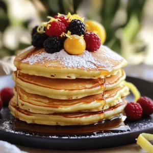 - 1 cup ricotta cheese - 1 cup all-purpose flour - 2 large eggs - 1/2 cup milk - 1/4 cup sugar - Zest of 1 lemon - 2 tablespoons freshly squeezed lemon juice - 1 teaspoon baking powder - 1/2 teaspoon baking soda - Pinch of salt - Butter or oil for greasing the pan - Maple syrup and fresh berries for serving When making lemon ricotta pancakes, fresh ingredients matter. Fresh ricotta cheese gives a creamy texture. Use fresh lemons for zest and juice. This makes the pancakes bright and flavorful. Fresh milk and eggs enhance the taste. They also help create fluffy pancakes. Using stale or old ingredients can lead to flat, bland results. Always choose the best quality for a delightful dish. You can swap some ingredients if needed. For ricotta, try cottage cheese for a lighter option. Use almond milk instead of regular milk for a dairy-free choice. If you need a gluten-free pancake, use a gluten-free flour blend. You can also replace sugar with honey or maple syrup for natural sweetness. These substitutes can still create delicious pancakes while meeting your dietary needs. To make lemon ricotta pancakes, gather your ingredients first. You will need ricotta cheese, flour, eggs, milk, sugar, lemon zest, lemon juice, baking powder, baking soda, salt, and butter or oil. This recipe takes about 30 minutes and yields four servings. 1. Mix the Wet Ingredients: In a large bowl, whisk together the ricotta cheese, eggs, milk, sugar, lemon zest, and lemon juice. Mix until smooth. 2. Combine the Dry Ingredients: In another bowl, mix the flour, baking powder, baking soda, and salt. 3. Combine Wet and Dry: Gradually add the dry mix to the wet mix. Stir gently until just combined. A few lumps are okay; do not overmix. 4. Heat the Skillet: Preheat a non-stick skillet or griddle over medium heat. Lightly grease it with butter or oil. 5. Cook the Pancakes: Pour about 1/4 cup of batter onto the skillet for each pancake. Cook until bubbles form, about 2-3 minutes. 6. Flip the Pancakes: Carefully flip the pancakes using a spatula. Cook for another 2-3 minutes until golden brown. 7. Keep Warm: Remove pancakes from the skillet. Keep them warm while you cook the rest of the batter. Flipping pancakes can be tricky, but practice makes perfect. Wait until you see bubbles on the surface before flipping. This shows they are ready. Use a wide spatula to get under the pancake easily. If a pancake breaks, don&rsquo;t worry! Just press it back together gently. Enjoy the process and have fun cooking! To make your pancakes fluffy, use fresh ingredients. Ricotta cheese is key here. It adds moisture and air. Make sure to mix the wet and dry ingredients separately first. Combine them gently to keep air in the batter. Overmixing can make your pancakes flat. A few lumps are okay. Serve these pancakes warm with maple syrup drizzled on top. Fresh berries like strawberries or blueberries add color and flavor. You can also sprinkle powdered sugar for a sweet touch. For a twist, try adding a dollop of yogurt or whipped cream. One common mistake is using cold ingredients. Bring your eggs and milk to room temperature first. This helps the batter mix well. Another mistake is cooking on too high heat. Medium heat cooks the pancakes evenly. Lastly, don&rsquo;t forget to grease your pan. This prevents sticking and makes flipping easier. {{image_2}} You can easily boost the flavor of lemon ricotta pancakes by adding fruits. Fresh blueberries, raspberries, or strawberries work great. Just fold about one cup of your chosen fruit into the batter. If you like bananas, mash one ripe banana into the batter. This adds sweetness and moisture. For a fun twist, try diced peaches or apples for a seasonal touch. Fruits not only taste good, they also add bright colors to your pancakes. To give your pancakes a unique twist, experiment with flavor enhancers. Add a teaspoon of vanilla extract for warmth. A pinch of cinnamon or nutmeg can bring a cozy vibe. You could also try adding some almond extract for a nutty flavor. For a zesty kick, toss in some grated orange zest alongside the lemon. Each of these flavors can bring out the best in your lemon ricotta pancakes. If you need a gluten-free version, substitute the all-purpose flour with a gluten-free flour blend. Look for blends that include xanthan gum for better texture. You can also use almond flour or coconut flour, but you will need to adjust the liquid. Make sure your baking powder is gluten-free as well. These small changes let everyone enjoy your delicious pancakes without worry. Store leftover pancakes in an airtight container. Place them in the fridge. They stay fresh for up to three days. If you want, you can also separate layers with parchment paper. This keeps them from sticking together. To reheat, you have a few options. The microwave is quick. Place a pancake on a plate and heat for about 20-30 seconds. You can also use a skillet. Heat on medium-low for a few minutes on each side. This keeps them warm and fluffy. To freeze pancakes, first let them cool completely. Then, stack them with parchment paper in between. Wrap the stack tightly in plastic wrap. Place the wrapped pancakes in a freezer bag. They can stay in the freezer for about two months. When you&rsquo;re ready to eat, reheat directly from the freezer. Yes, you can make the batter ahead of time. Store it in the fridge for up to 24 hours. Just cover the bowl with plastic wrap. When you are ready to cook, give it a gentle stir. If the batter is too thick, add a splash of milk to thin it out. You can serve these pancakes with many tasty options. Here are some ideas: - Maple syrup for sweetness - Fresh berries like strawberries, blueberries, or raspberries - A sprinkle of powdered sugar for a touch of elegance - Greek yogurt for added creaminess - Whipped cream for a rich treat Pancakes are done when they are golden brown on both sides. Look for bubbles forming on the surface. This usually takes about 2-3 minutes per side. You can also gently press the pancake. If it springs back, it is ready. If it still feels soft, cook for another minute. This blog post covers all you need for perfect pancakes. We explored fresh ingredients, step-by-step instructions, and useful tips. You learned how to make fluffy pancakes and avoid common mistakes. We also discussed fun variations, storing leftovers, and important FAQs. Remember, cooking is fun and a great way to enjoy time with others. Keep experimenting with flavors and enjoy your pancakes!