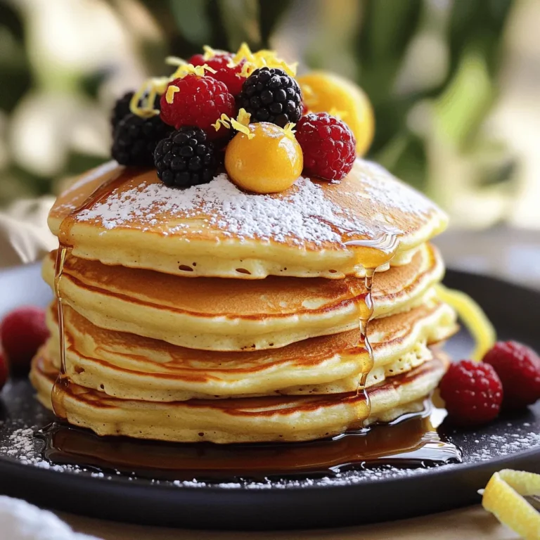 - 1 cup ricotta cheese - 1 cup all-purpose flour - 2 large eggs - 1/2 cup milk - 1/4 cup sugar - Zest of 1 lemon - 2 tablespoons freshly squeezed lemon juice - 1 teaspoon baking powder - 1/2 teaspoon baking soda - Pinch of salt - Butter or oil for greasing the pan - Maple syrup and fresh berries for serving When making lemon ricotta pancakes, fresh ingredients matter. Fresh ricotta cheese gives a creamy texture. Use fresh lemons for zest and juice. This makes the pancakes bright and flavorful. Fresh milk and eggs enhance the taste. They also help create fluffy pancakes. Using stale or old ingredients can lead to flat, bland results. Always choose the best quality for a delightful dish. You can swap some ingredients if needed. For ricotta, try cottage cheese for a lighter option. Use almond milk instead of regular milk for a dairy-free choice. If you need a gluten-free pancake, use a gluten-free flour blend. You can also replace sugar with honey or maple syrup for natural sweetness. These substitutes can still create delicious pancakes while meeting your dietary needs. To make lemon ricotta pancakes, gather your ingredients first. You will need ricotta cheese, flour, eggs, milk, sugar, lemon zest, lemon juice, baking powder, baking soda, salt, and butter or oil. This recipe takes about 30 minutes and yields four servings. 1. Mix the Wet Ingredients: In a large bowl, whisk together the ricotta cheese, eggs, milk, sugar, lemon zest, and lemon juice. Mix until smooth. 2. Combine the Dry Ingredients: In another bowl, mix the flour, baking powder, baking soda, and salt. 3. Combine Wet and Dry: Gradually add the dry mix to the wet mix. Stir gently until just combined. A few lumps are okay; do not overmix. 4. Heat the Skillet: Preheat a non-stick skillet or griddle over medium heat. Lightly grease it with butter or oil. 5. Cook the Pancakes: Pour about 1/4 cup of batter onto the skillet for each pancake. Cook until bubbles form, about 2-3 minutes. 6. Flip the Pancakes: Carefully flip the pancakes using a spatula. Cook for another 2-3 minutes until golden brown. 7. Keep Warm: Remove pancakes from the skillet. Keep them warm while you cook the rest of the batter. Flipping pancakes can be tricky, but practice makes perfect. Wait until you see bubbles on the surface before flipping. This shows they are ready. Use a wide spatula to get under the pancake easily. If a pancake breaks, don’t worry! Just press it back together gently. Enjoy the process and have fun cooking! To make your pancakes fluffy, use fresh ingredients. Ricotta cheese is key here. It adds moisture and air. Make sure to mix the wet and dry ingredients separately first. Combine them gently to keep air in the batter. Overmixing can make your pancakes flat. A few lumps are okay. Serve these pancakes warm with maple syrup drizzled on top. Fresh berries like strawberries or blueberries add color and flavor. You can also sprinkle powdered sugar for a sweet touch. For a twist, try adding a dollop of yogurt or whipped cream. One common mistake is using cold ingredients. Bring your eggs and milk to room temperature first. This helps the batter mix well. Another mistake is cooking on too high heat. Medium heat cooks the pancakes evenly. Lastly, don’t forget to grease your pan. This prevents sticking and makes flipping easier. {{image_2}} You can easily boost the flavor of lemon ricotta pancakes by adding fruits. Fresh blueberries, raspberries, or strawberries work great. Just fold about one cup of your chosen fruit into the batter. If you like bananas, mash one ripe banana into the batter. This adds sweetness and moisture. For a fun twist, try diced peaches or apples for a seasonal touch. Fruits not only taste good, they also add bright colors to your pancakes. To give your pancakes a unique twist, experiment with flavor enhancers. Add a teaspoon of vanilla extract for warmth. A pinch of cinnamon or nutmeg can bring a cozy vibe. You could also try adding some almond extract for a nutty flavor. For a zesty kick, toss in some grated orange zest alongside the lemon. Each of these flavors can bring out the best in your lemon ricotta pancakes. If you need a gluten-free version, substitute the all-purpose flour with a gluten-free flour blend. Look for blends that include xanthan gum for better texture. You can also use almond flour or coconut flour, but you will need to adjust the liquid. Make sure your baking powder is gluten-free as well. These small changes let everyone enjoy your delicious pancakes without worry. Store leftover pancakes in an airtight container. Place them in the fridge. They stay fresh for up to three days. If you want, you can also separate layers with parchment paper. This keeps them from sticking together. To reheat, you have a few options. The microwave is quick. Place a pancake on a plate and heat for about 20-30 seconds. You can also use a skillet. Heat on medium-low for a few minutes on each side. This keeps them warm and fluffy. To freeze pancakes, first let them cool completely. Then, stack them with parchment paper in between. Wrap the stack tightly in plastic wrap. Place the wrapped pancakes in a freezer bag. They can stay in the freezer for about two months. When you’re ready to eat, reheat directly from the freezer. Yes, you can make the batter ahead of time. Store it in the fridge for up to 24 hours. Just cover the bowl with plastic wrap. When you are ready to cook, give it a gentle stir. If the batter is too thick, add a splash of milk to thin it out. You can serve these pancakes with many tasty options. Here are some ideas: - Maple syrup for sweetness - Fresh berries like strawberries, blueberries, or raspberries - A sprinkle of powdered sugar for a touch of elegance - Greek yogurt for added creaminess - Whipped cream for a rich treat Pancakes are done when they are golden brown on both sides. Look for bubbles forming on the surface. This usually takes about 2-3 minutes per side. You can also gently press the pancake. If it springs back, it is ready. If it still feels soft, cook for another minute. This blog post covers all you need for perfect pancakes. We explored fresh ingredients, step-by-step instructions, and useful tips. You learned how to make fluffy pancakes and avoid common mistakes. We also discussed fun variations, storing leftovers, and important FAQs. Remember, cooking is fun and a great way to enjoy time with others. Keep experimenting with flavors and enjoy your pancakes!