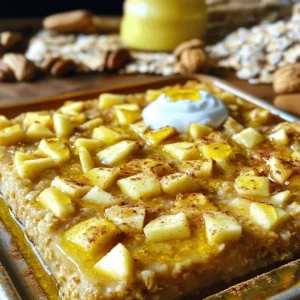 - 2 cups rolled oats - 2 cups almond milk (or any milk of choice) - 2 large apples, peeled, cored, and diced (I like Granny Smith or Honeycrisp) - 1/2 cup brown sugar (or maple syrup for a healthier choice) - 1/4 cup unsweetened applesauce - 1 teaspoon vanilla extract - 1 teaspoon cinnamon - 1/2 teaspoon nutmeg - 1/4 teaspoon salt - 1/2 cup raisins (optional for sweetness) - 1/2 cup chopped walnuts or pecans (optional for crunch) I love using rolled oats because they give a nice chewy texture. Almond milk works great, but feel free to use any milk you like. Apples add natural sweetness and flavor. I suggest using tart apples like Granny Smith or sweet ones like Honeycrisp. For sweeteners, brown sugar gives a classic touch, but maple syrup is a tasty alternative. Applesauce keeps it moist and also adds sweetness. Cinnamon and nutmeg are key to that warm flavor. Lastly, I often add raisins for extra sweetness and walnuts or pecans for crunch. These optional ingredients really enhance the dish's texture and taste. 1. Preheat your oven to 350&deg;F (175&deg;C). This helps the bake cook evenly. 2. Lightly grease a 9x9 inch baking dish. This will stop the oatmeal from sticking. 3. In a large mixing bowl, combine the ingredients. Mix together rolled oats, almond milk, diced apples, brown sugar, applesauce, vanilla extract, cinnamon, nutmeg, and salt. Stir until well mixed. 1. Pour the mixture into the greased baking dish. Spread it out evenly with a spatula. 2. Bake the oatmeal in the preheated oven for 30-35 minutes. It is done when the top is golden and firm. A toothpick should come out clean when inserted in the center. 1. After baking, let it cool for about 5-10 minutes. This makes it easier to slice. 2. Slice the baked oatmeal into squares. Serve warm with a drizzle of honey or maple syrup. You can also add yogurt or a sprinkle of cinnamon for extra flavor. - Choosing the best apples I recommend using tart apples like Granny Smith or Honeycrisp. These apples add a nice balance of sweet and sour. Their firm texture holds up well during baking. - Substitutions for milk and sweeteners If you want a nut-free option, use oat milk or regular cow's milk. For a healthier sweetener, try maple syrup instead of brown sugar. It adds a rich flavor with fewer calories. - How to know when it&rsquo;s done Check that the top is golden brown. Insert a toothpick into the center. If it comes out clean, your bake is ready. It should feel firm to the touch. - Achieving the perfect texture Mix the ingredients well but avoid over-mixing. This keeps the oatmeal light and fluffy. A little bit of moisture is okay; it will set as it bakes. - Toppings and accompaniments Serve warm with a drizzle of honey or maple syrup. A dollop of yogurt adds creaminess. You can also sprinkle extra cinnamon on top for more flavor. - Meal ideas (breakfast or dessert) This dish is great for breakfast or as a dessert. Pair it with fresh fruit for breakfast. For dessert, serve it with ice cream or whipped cream. {{image_2}} You can easily change the taste of your Apple Cinnamon Oatmeal Bake. Adding spices like ginger or cardamom gives it a warm kick. These spices pair well with apples and cinnamon. You can also try different fruit combinations. Berries or bananas can add sweetness and color. Mix and match your favorite fruits for a unique dish. If you need gluten-free options, use certified gluten-free rolled oats. This swap keeps the dish safe for those with gluten allergies. For vegan modifications, substitute almond milk with any plant-based milk. You can also replace eggs with a flaxseed mixture. Simply mix one tablespoon of flaxseed with three tablespoons of water and let it sit until it thickens. You can make this bake in an Instant Pot for a quick meal. Just layer the ingredients and set it to steam for about 15 minutes. If you prefer a slow cooker, combine all ingredients and cook on low for 4-6 hours. This method gives a soft and creamy texture, perfect for chilly mornings. To keep your Apple Cinnamon Oatmeal Bake fresh, follow these tips: - Refrigeration: Let the bake cool completely. Then, store it in an airtight container. It lasts up to five days in the fridge. - Freezing: You can freeze leftovers. Cut the bake into squares and wrap each piece in plastic wrap. Place them in a freezer bag. This way, they stay fresh for up to three months. When you want to enjoy your oatmeal bake again, reheating is key: - Best ways to reheat: Preheat your oven to 350&deg;F (175&deg;C). Place the squares on a baking sheet. Heat for about 10 to 15 minutes for the best taste. You can also use a microwave. Heat each piece for about 30 seconds to 1 minute. - Portioning for easy servings: Cut the bake into squares before storing. This makes it easy to grab a piece and reheat. Plus, it helps with portion control! How can I make it more nutritious? You can add more fruits like berries or bananas. Nuts and seeds can boost protein. Try using less sugar or swapping it for honey or maple syrup. You can also use whole grain oats for better fiber. Can I use steel-cut oats instead of rolled oats? Yes, you can use steel-cut oats. However, they need longer cooking time. Cook them on the stovetop first for about 10-15 minutes before mixing them in. This helps them soften and bake well. How long does it take to bake? Baking takes about 30 to 35 minutes. The top should be golden and firm. A toothpick inserted in the center should come out clean when it's ready. What can I substitute for ingredients if I&rsquo;m out? If you lack almond milk, any milk works fine. You can skip the brown sugar or use honey. Applesauce is replaceable with mashed banana. No raisins? Try dried cranberries or leave them out. Is this recipe suitable for meal prep? Yes, this dish is great for meal prep. You can bake it at the start of the week. Slice it into squares and store them in the fridge for quick breakfasts. What are the nutritional benefits of this dish? This dish is high in fiber and helps keep you full. Apples add vitamins and antioxidants. Oats are good for heart health and digestion. With nuts, you get healthy fats and protein, making it a balanced meal. We explored how to make a delicious baked oatmeal dish. You learned about key ingredients like oats, apples, and sweeteners. I shared steps for perfect preparation, baking, and serving. Tips on ingredient choices and baking methods help you create the best version. You now have ideas for variations and storage, ensuring long-lasting enjoyment. Remember, customization makes this recipe your own. Happy baking, and enjoy this nutritious dish for breakfast or dessert!