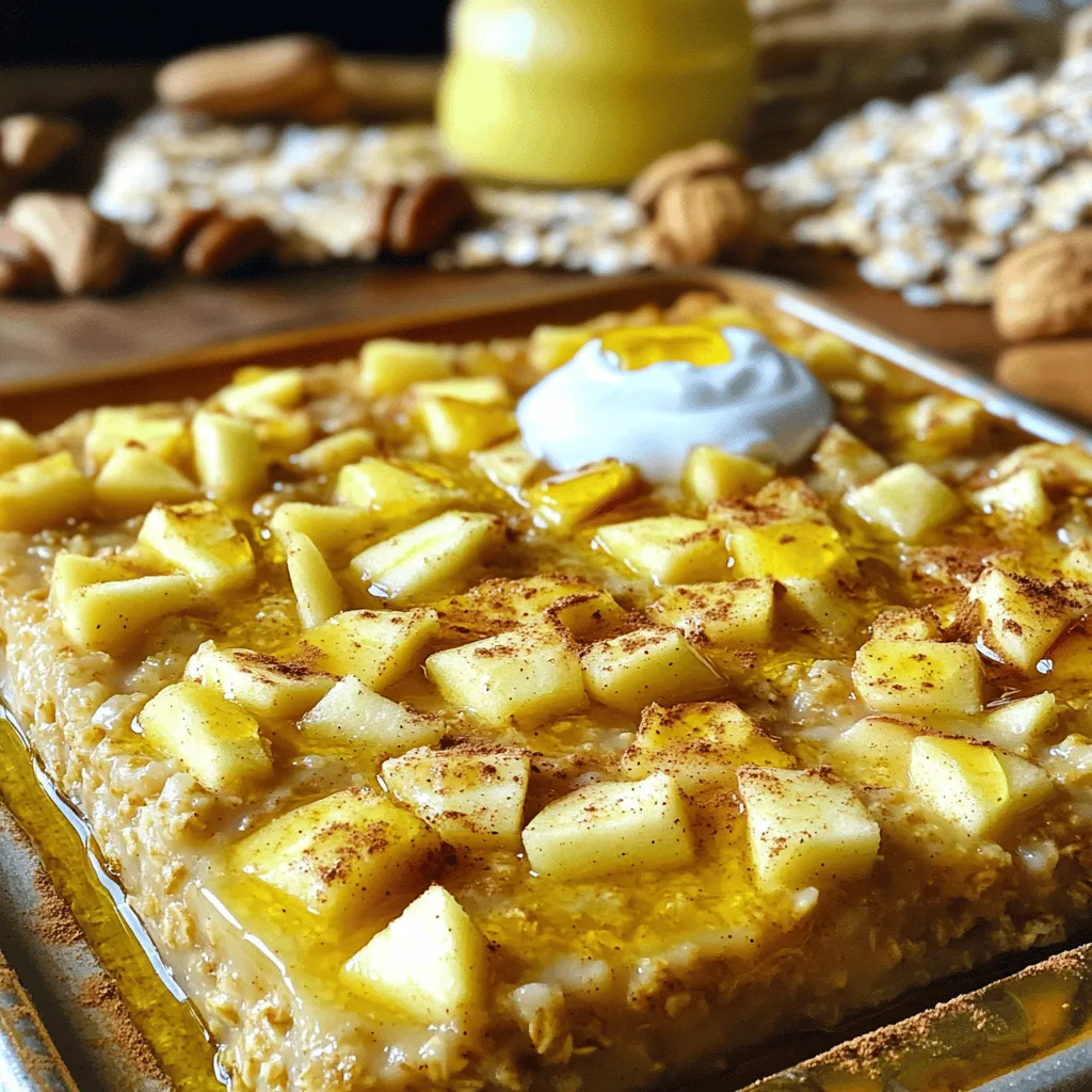 - 2 cups rolled oats - 2 cups almond milk (or any milk of choice) - 2 large apples, peeled, cored, and diced (I like Granny Smith or Honeycrisp) - 1/2 cup brown sugar (or maple syrup for a healthier choice) - 1/4 cup unsweetened applesauce - 1 teaspoon vanilla extract - 1 teaspoon cinnamon - 1/2 teaspoon nutmeg - 1/4 teaspoon salt - 1/2 cup raisins (optional for sweetness) - 1/2 cup chopped walnuts or pecans (optional for crunch) I love using rolled oats because they give a nice chewy texture. Almond milk works great, but feel free to use any milk you like. Apples add natural sweetness and flavor. I suggest using tart apples like Granny Smith or sweet ones like Honeycrisp. For sweeteners, brown sugar gives a classic touch, but maple syrup is a tasty alternative. Applesauce keeps it moist and also adds sweetness. Cinnamon and nutmeg are key to that warm flavor. Lastly, I often add raisins for extra sweetness and walnuts or pecans for crunch. These optional ingredients really enhance the dish's texture and taste. 1. Preheat your oven to 350°F (175°C). This helps the bake cook evenly. 2. Lightly grease a 9x9 inch baking dish. This will stop the oatmeal from sticking. 3. In a large mixing bowl, combine the ingredients. Mix together rolled oats, almond milk, diced apples, brown sugar, applesauce, vanilla extract, cinnamon, nutmeg, and salt. Stir until well mixed. 1. Pour the mixture into the greased baking dish. Spread it out evenly with a spatula. 2. Bake the oatmeal in the preheated oven for 30-35 minutes. It is done when the top is golden and firm. A toothpick should come out clean when inserted in the center. 1. After baking, let it cool for about 5-10 minutes. This makes it easier to slice. 2. Slice the baked oatmeal into squares. Serve warm with a drizzle of honey or maple syrup. You can also add yogurt or a sprinkle of cinnamon for extra flavor. - Choosing the best apples I recommend using tart apples like Granny Smith or Honeycrisp. These apples add a nice balance of sweet and sour. Their firm texture holds up well during baking. - Substitutions for milk and sweeteners If you want a nut-free option, use oat milk or regular cow's milk. For a healthier sweetener, try maple syrup instead of brown sugar. It adds a rich flavor with fewer calories. - How to know when it’s done Check that the top is golden brown. Insert a toothpick into the center. If it comes out clean, your bake is ready. It should feel firm to the touch. - Achieving the perfect texture Mix the ingredients well but avoid over-mixing. This keeps the oatmeal light and fluffy. A little bit of moisture is okay; it will set as it bakes. - Toppings and accompaniments Serve warm with a drizzle of honey or maple syrup. A dollop of yogurt adds creaminess. You can also sprinkle extra cinnamon on top for more flavor. - Meal ideas (breakfast or dessert) This dish is great for breakfast or as a dessert. Pair it with fresh fruit for breakfast. For dessert, serve it with ice cream or whipped cream. {{image_2}} You can easily change the taste of your Apple Cinnamon Oatmeal Bake. Adding spices like ginger or cardamom gives it a warm kick. These spices pair well with apples and cinnamon. You can also try different fruit combinations. Berries or bananas can add sweetness and color. Mix and match your favorite fruits for a unique dish. If you need gluten-free options, use certified gluten-free rolled oats. This swap keeps the dish safe for those with gluten allergies. For vegan modifications, substitute almond milk with any plant-based milk. You can also replace eggs with a flaxseed mixture. Simply mix one tablespoon of flaxseed with three tablespoons of water and let it sit until it thickens. You can make this bake in an Instant Pot for a quick meal. Just layer the ingredients and set it to steam for about 15 minutes. If you prefer a slow cooker, combine all ingredients and cook on low for 4-6 hours. This method gives a soft and creamy texture, perfect for chilly mornings. To keep your Apple Cinnamon Oatmeal Bake fresh, follow these tips: - Refrigeration: Let the bake cool completely. Then, store it in an airtight container. It lasts up to five days in the fridge. - Freezing: You can freeze leftovers. Cut the bake into squares and wrap each piece in plastic wrap. Place them in a freezer bag. This way, they stay fresh for up to three months. When you want to enjoy your oatmeal bake again, reheating is key: - Best ways to reheat: Preheat your oven to 350°F (175°C). Place the squares on a baking sheet. Heat for about 10 to 15 minutes for the best taste. You can also use a microwave. Heat each piece for about 30 seconds to 1 minute. - Portioning for easy servings: Cut the bake into squares before storing. This makes it easy to grab a piece and reheat. Plus, it helps with portion control! How can I make it more nutritious? You can add more fruits like berries or bananas. Nuts and seeds can boost protein. Try using less sugar or swapping it for honey or maple syrup. You can also use whole grain oats for better fiber. Can I use steel-cut oats instead of rolled oats? Yes, you can use steel-cut oats. However, they need longer cooking time. Cook them on the stovetop first for about 10-15 minutes before mixing them in. This helps them soften and bake well. How long does it take to bake? Baking takes about 30 to 35 minutes. The top should be golden and firm. A toothpick inserted in the center should come out clean when it's ready. What can I substitute for ingredients if I’m out? If you lack almond milk, any milk works fine. You can skip the brown sugar or use honey. Applesauce is replaceable with mashed banana. No raisins? Try dried cranberries or leave them out. Is this recipe suitable for meal prep? Yes, this dish is great for meal prep. You can bake it at the start of the week. Slice it into squares and store them in the fridge for quick breakfasts. What are the nutritional benefits of this dish? This dish is high in fiber and helps keep you full. Apples add vitamins and antioxidants. Oats are good for heart health and digestion. With nuts, you get healthy fats and protein, making it a balanced meal. We explored how to make a delicious baked oatmeal dish. You learned about key ingredients like oats, apples, and sweeteners. I shared steps for perfect preparation, baking, and serving. Tips on ingredient choices and baking methods help you create the best version. You now have ideas for variations and storage, ensuring long-lasting enjoyment. Remember, customization makes this recipe your own. Happy baking, and enjoy this nutritious dish for breakfast or dessert!