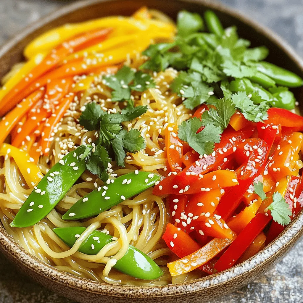 - 8 oz rice noodles - 1 tablespoon sesame oil - 1 cup bell peppers (mixed colors), thinly sliced - 1 cup snap peas, trimmed - 1 carrot, julienned - 2 green onions, chopped - 2 tablespoons fresh ginger, grated - 3 tablespoons soy sauce (or tamari for gluten-free) - 1 tablespoon rice vinegar - 1 tablespoon honey or maple syrup - 1 tablespoon sesame seeds - Fresh cilantro, for garnish - Salt and pepper, to taste You can use any rice noodles. They are light and soak up flavor well. If you want a different texture, try whole wheat noodles. For the vegetables, feel free to mix and match. Broccoli, zucchini, or carrots work great. If you cannot find snap peas, snow peas will do fine. Instead of fresh ginger, ground ginger can be used. Use less, about half a teaspoon, since it is more potent. Tamari is a good choice for those who need gluten-free options. You can swap honey for maple syrup to keep it vegan. Use low-sodium soy sauce if you want less salt. This dish is packed with nutrients. Here’s a basic rundown: - Calories: About 350 per serving - Protein: 8 grams from the noodles and veggies - Carbohydrates: 55 grams, mainly from rice noodles - Fat: 10 grams from sesame oil and seeds - Fiber: 4 grams from veggies, a good source of digestion aid This bowl is healthy and full of flavor, making it a great meal choice! Start by boiling water in a large pot. Once it boils, add the rice noodles. Cook them based on the package instructions, which usually takes about 4-6 minutes. When they are done, drain the noodles and rinse them under cold water. This stops the cooking and keeps them from getting sticky. After rinsing, set the noodles aside. Next, heat the sesame oil in a large skillet over medium-high heat. Add the sliced bell peppers, snap peas, and julienned carrot to the skillet. Stir-fry these veggies for about 3-4 minutes. You want them to be tender but still crisp. This keeps the colors bright and the flavors fresh. In a small bowl, combine the grated ginger, soy sauce, rice vinegar, and honey or maple syrup. Whisk these ingredients together until they blend well. This sauce adds a sweet and spicy kick to your noodles. It brings all the flavors together beautifully. Now, it’s time to mix everything. Add the cooked rice noodles to the skillet with the sautéed vegetables. Pour the sauce over the noodles and veggies. Toss everything together for about 2 minutes. This heats it all up and coats the noodles evenly with the sauce. Remove the skillet from the heat. Stir in the chopped green onions and sesame seeds. Add salt and pepper to taste. For the final touch, serve the noodle bowl in bowls and top with fresh cilantro. This will give your dish a nice pop of color and flavor. Enjoy your meal! To cook rice noodles well, follow these steps: - Bring a large pot of water to a boil. - Add the rice noodles and cook as per the package. - After cooking, drain and rinse them under cold water. - This stops the cooking and helps keep them firm. - Do not overcook, or they may turn mushy. Sautéing vegetables adds great taste to your bowl. Here’s how: - Heat sesame oil in a large skillet over medium-high heat. - Add bell peppers, snap peas, and carrots at once. - Stir-fry for 3-4 minutes. - Aim for tender-crisp veggies. They should be bright and colorful. - Don't overcrowd the pan. This helps the veggies cook evenly. You can easily change the sauce flavor. Here are some tips: - If you like more heat, add chili flakes or sriracha. - Want it sweeter? Add more honey or maple syrup. - For a tangy kick, increase the rice vinegar. - Always taste the sauce as you mix. Adjust it until it’s perfect. Pair your noodle bowl with these ideas: - Serve with a side of fresh spring rolls. - Add a crisp salad with lime dressing. - Top with crushed peanuts for extra crunch. - Enjoy with a light tea or a fruity drink. - Garnish with lime wedges for a zesty finish. {{image_2}} You can make this dish vegetarian or vegan easily. Replace honey with maple syrup. Use soy sauce or tamari for a gluten-free option. For added flavor, add tofu. Firm tofu holds up well and absorbs the sauce nicely. Just sauté it with the veggies for a great texture. If you want more protein, consider chicken or shrimp. Cook them first until golden. Then add the veggies and sauce. For shrimp, cook until they turn pink. For chicken, ensure it’s fully cooked. This adds heartiness to your noodle bowl. Feel free to mix in other vegetables. Broccoli, bok choy, or mushrooms work well. Each veggie brings its own flavor. You can also try zucchini or baby corn. The more colors you add, the prettier and better it tastes! For a gluten-free dish, use rice noodles and tamari. Be sure to check the labels for gluten-free status. This way, you can enjoy the dish without worry. Always taste for flavor! Enjoy your meal without any gluten. You can store leftover Sesame Ginger Noodle Bowl in the fridge. Place the noodles and veggies in an airtight container. Make sure to cool them down first. This way, they stay fresh and tasty. Leftovers can last up to three days. I recommend using glass containers. They keep food fresh, and you can see what's inside. If you prefer plastic, use BPA-free options. Choose containers with tight-fitting lids to prevent spills. To reheat, place the noodles in a skillet. Add a splash of water or a bit of oil. Heat on medium until warm. You can also use a microwave. Heat in short bursts, stirring in between. This keeps the noodles from getting too dry. Enjoy your meal again with the same great taste! Yes, you can make this dish ahead of time. Cook the noodles and veggies, then store them separately. When you're ready to eat, just reheat everything and add the sauce. This way, the noodles stay fresh. If you need a substitute, try using whole wheat noodles, soba, or even zucchini noodles. Each option gives a unique taste and texture. Make sure to adjust the cooking time as needed. To add some heat, mix in red pepper flakes or sliced chili peppers. You can also use spicy sesame oil for a different kick. Start with a little and add more until it suits your taste. Yes, you can use vegetable oil or olive oil instead. However, sesame oil gives this dish its unique flavor. If you want to keep that essence, try to find toasted sesame oil. This dish blends influences from Asian cuisine, especially Chinese and Thai. Noodle bowls are popular for their tasty flavors and easy preparation. They highlight fresh veggies and delicious sauces, making them a favorite worldwide. In this blog post, we explored the key ingredients, step-by-step instructions, and helpful tips for making a delicious Sesame Ginger Noodle Bowl. We also discussed variations to meet different diets, storage options, and answered common questions. This dish is easy to customize and full of flavor. You can make it your own with different veggies and proteins. Enjoy experimenting with this tasty meal, and share your creations with friends and family. Happy cooking!