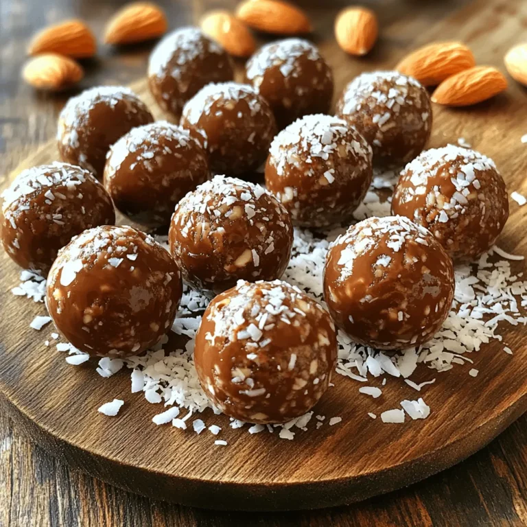 - 1 cup medjool dates, pitted - 1 cup unsweetened shredded coconut - 1/2 cup almond butter - 1/2 cup chopped almonds - 1/4 cup cocoa powder - 1 tablespoon maple syrup - 1/2 teaspoon vanilla extract - Pinch of sea salt - Extra shredded coconut for rolling Each serving has about 150 calories. You get around 4 grams of protein. There are 9 grams of fats and 17 grams of carbs per serving. This snack is a tasty energy boost! You can enjoy these ingredients in many ways. Medjool dates add natural sweetness. Almond butter gives a creamy base. Chopped almonds add crunch. The cocoa powder brings rich flavor. You can adjust the sweetness with maple syrup. Adding a pinch of sea salt enhances all the flavors. I love rolling the balls in extra coconut for a fun touch. This makes them look great and adds texture. These ingredients work together to make a yummy, healthy snack you can feel good about eating. To start making your Almond Joy Energy Balls, grab your food processor. First, add 1 cup of pitted medjool dates and 1/2 cup of almond butter. Blend these two until they turn into a smooth, paste-like mix. This step is key for a great texture. Next, add in 1 cup of unsweetened shredded coconut, 1/2 cup of roughly chopped almonds, and 1/4 cup of cocoa powder. If you like it sweeter, toss in 1 tablespoon of maple syrup and 1/2 teaspoon of vanilla extract. Don’t forget a pinch of sea salt. Blend until everything forms a sticky mixture. You might need to stop and scrape down the sides of the bowl. Once blended, use your hands to form small balls, about 1 inch wide. For a fun twist, you can roll some of the balls in extra shredded coconut. This adds a lovely texture and makes them look great! Now, it’s time to chill these energy balls. Place them on a parchment-lined baking sheet. Refrigerate them for at least 30 minutes. This helps them firm up nicely. After they’ve chilled, transfer the energy balls to an airtight container. You can keep them in the fridge for up to 1 week. If you want them to last longer, freeze them for up to 3 months. When serving, arrange the energy balls on a nice platter. You might garnish them with a sprinkle of shredded coconut or a few whole almonds. This makes them look even more appealing. For a great pairing, enjoy these energy balls with a glass of almond milk or your favorite tea. They also make a perfect snack alongside fresh fruit or yogurt. You can enhance your Almond Joy Energy Balls with some fun options. - Adding protein powder or superfoods: Boost the protein by mixing in your favorite protein powder. This is great for an extra energy kick. You can also add superfoods like chia seeds or flaxseeds for added nutrition. - Substituting nut butters: If you want a new flavor, try different nut butters. Cashew or peanut butter works well. Each option brings its unique taste to the energy balls. Making these energy balls can be simple, but a few mistakes can happen. - Overblending vs. underblending ingredients: Blend just enough. If you overblend, the texture can become too smooth. If you underblend, the balls won't stick together well. Aim for a sticky mixture. - Not enough chilling time: Chilling is key. If you skip chilling, the balls may fall apart. Make sure to refrigerate them for at least 30 minutes. This helps them firm up nicely. Knowing how to serve these energy balls is important. - How to determine portion sizes for snacks: Each ball is about one inch wide. You can serve one or two balls per person as a snack. This keeps it light yet satisfying. - Adjusting the recipe for larger gatherings: If you're hosting, simply double or triple the recipe. This ensures everyone gets a tasty treat. Just make sure you have enough space to chill them! {{image_2}} You can add dried fruits like cranberries or raisins for a sweet kick. These fruits bring a chewy texture and extra flavor. If you want more warmth, try adding spices like cinnamon or nutmeg. These spices make the energy balls taste cozy and inviting. If you are vegan, this recipe already fits your needs. It uses plant-based ingredients. You can also make it gluten-free by checking your almond butter and cocoa powder labels. For nut allergies, substitute almond butter with sunflower seed butter. This keeps the creamy texture without nuts. Need more or fewer energy balls? It’s easy to scale this recipe. To double it, just multiply all the ingredients by two. For half, divide each ingredient in half. This way, you can always have the right amount for any occasion. Store your Almond Joy energy balls in an airtight container. This keeps them fresh and tasty. You can layer parchment paper between the balls to avoid sticking. In the fridge, they last about one week. After that, the taste and texture may change. To freeze your energy balls, place them on a baking sheet. Make sure they are not touching each other. Freeze them for about two hours. Once firm, transfer the balls to an airtight container or freezer bag. They can stay in the freezer for up to three months. For best texture, thaw the balls in the fridge overnight before eating them. This keeps them from getting too soft or mushy. Check your energy balls before eating. If they smell off or have a strange texture, throw them away. Look for any mold or discoloration. If you see these, do not eat them. Keeping an eye on these signs will help you enjoy your snack safely. Yes, you can use other nuts. Cashews or walnuts work well too. Each nut adds a unique flavor. Cashews give a creamier taste, while walnuts add a bit of earthiness. Feel free to mix and match to find your favorite. Each Almond Joy Energy Ball has about 100 calories. This number can change based on the ingredients you use. If you add maple syrup or extra nuts, the calories will rise. You can enjoy these balls as a tasty snack without too many calories. These energy balls last up to one week in the fridge. Keep them in an airtight container. For longer storage, freeze them for up to three months. Just remember to thaw them in the fridge before eating. Yes, these energy balls are great for kids. They are packed with healthy fats, fiber, and protein. The natural sweetness from dates makes them a fun treat. Plus, kids love the chocolatey flavor. They make a perfect after-school snack. Absolutely! You can mash the dates by hand with a fork. Then, mix in the almond butter and other ingredients in a bowl. It will take more time, but it still works well. Just make sure to mix everything until it’s sticky and combined. You’ve learned how to make delicious Almond Joy Energy Balls with simple ingredients. We covered the main components and optional tweaks to match your taste. Remember, you can customize the recipe for diet needs or flavor preferences. Proper storage keeps them fresh, and some freezing tips help for longer use. With all this knowledge, you can create tasty snacks that fit your lifestyle. Enjoy your energy balls and feel good about your healthy choices.