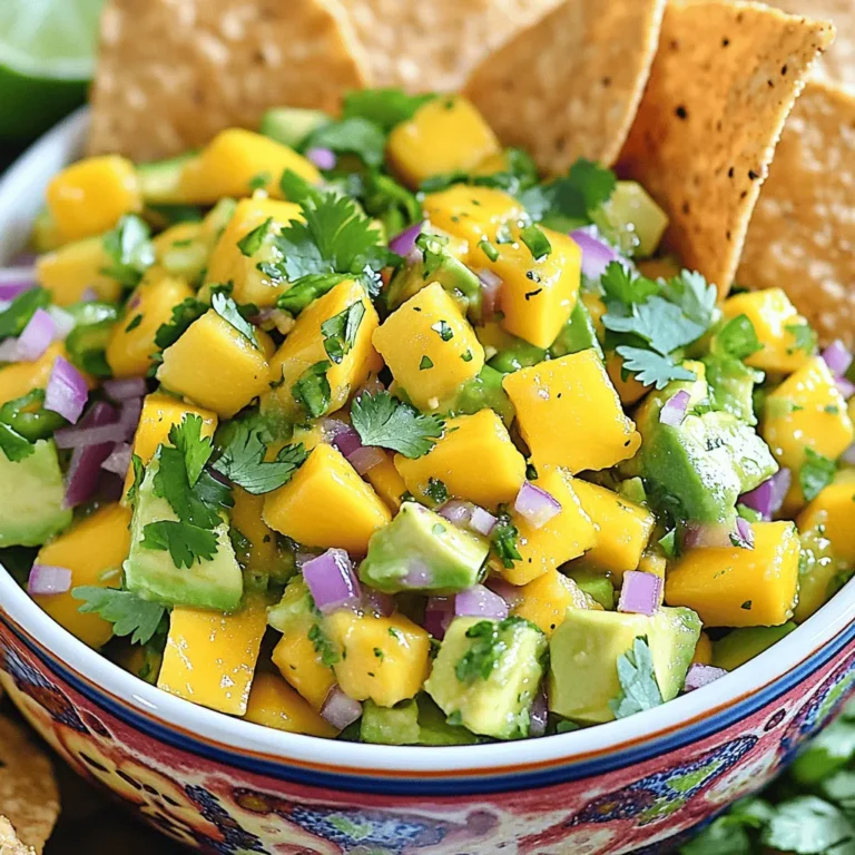 - 1 ripe mango, diced - 2 avocados, diced - 1 small red onion, finely chopped - 1 jalapeño, deseeded and minced - 1/4 cup fresh cilantro, chopped - Juice of 2 limes - Salt and pepper to taste - 1 tablespoon olive oil (optional) Mango avocado salsa shines with fresh, simple ingredients. Each one adds bright flavors. Start with a ripe mango. It should feel soft but not mushy. The mango adds sweetness and juiciness. Next, grab two avocados. They should also be ripe. When cut, they should be creamy and smooth. Avocados bring a rich texture to the salsa. Then, pick a small red onion. Chop it finely. This onion adds a nice crunch and a slight bite. For heat, use a jalapeño. Remove the seeds for less spice. Mince it well to mix evenly. Fresh cilantro brightens the salsa. Chop a quarter cup and sprinkle it in. The lime juice adds tang. Squeeze juice from two fresh limes for the best taste. If you like, drizzle in olive oil. It adds richness but is not necessary. Finally, add salt and pepper. These simple seasonings boost all the flavors. With these ingredients, you create a fresh and flavorful delight. Each bite bursts with taste and texture. Enjoy mixing them together! 1. Start by grabbing a large bowl. 2. Dice the ripe mango and avocados. 3. Combine the diced mango and avocados in the bowl. 4. Next, finely chop the red onion and mince the jalapeño. 5. Add both to the bowl with the fruit. 6. Chop fresh cilantro and sprinkle it over the mix. 7. Squeeze the juice of two limes into the bowl. 8. If you want, add a tablespoon of olive oil for richness. 9. Gently stir it all together. Be careful not to mush the avocados! 10. Season with salt and pepper to your liking. 11. If you want more tang, add extra lime juice. 12. Cover the bowl or use an airtight container. 13. Refrigerate for about 30 minutes. This helps the flavors mix well. - Serve the salsa in a bright bowl. - Top it with a few whole cilantro leaves for color. - Pair it with tortilla chips for a crunchy snack. - You can also use it as a tasty topping for grilled meats or tacos. - The fresh and vibrant flavors will impress your guests! To make a great mango avocado salsa, you need ripe fruit. Look for a mango that is slightly soft when you squeeze it. The skin should have a nice yellow hue with some red blush. For avocados, check for firmness. They should yield to gentle pressure but not feel mushy. To dice a mango, stand it upright and slice off the cheeks. Cut a grid pattern in the flesh without cutting through the skin. Then, scoop it out with a spoon. For avocados, cut them in half and twist to separate. Remove the pit and scoop the flesh out with a spoon. Then, slice it into cubes. You can boost the flavor of your salsa with spices. A pinch of cumin adds a warm note. A little minced garlic gives it a nice kick. Both spices will make your salsa even more exciting. Don’t forget about herbs! While cilantro is great, you can also try fresh basil or mint. These herbs add a unique twist to your salsa. Experiment to find your favorite combination. {{image_2}} You can make this salsa your own by using different ingredients. If you want a milder taste, swap the red onion for green onion. Green onions add a nice crunch and a subtle flavor. You can also play with fruits. Pineapple or peach work great in this salsa. They add a sweet twist that pairs well with mango and avocado. Don’t be afraid to mix and match based on your taste! This salsa is already vegan, which makes it a great choice for plant-based diets. You don’t need to change much. Just skip the olive oil if you want it lighter. If you are gluten-free, you can enjoy this salsa without worry. All the ingredients are gluten-free, so you can serve it with corn chips or fresh veggies. Enjoy it with your favorite foods while staying healthy! Mango avocado salsa is best when fresh. You can keep it in the fridge for about 2 to 3 days. To store it, place the salsa in an airtight container. This keeps it safe from air and moisture. If you want to keep the avocados from browning, add extra lime juice. The acid helps maintain the bright color and flavor. You can freeze mango avocado salsa, but it might change a bit. The texture of the avocado may become mushy after thawing. If you still want to freeze it, use a freezer-safe container. Leave some space at the top because it will expand. When you’re ready to use it, thaw the salsa in the fridge overnight. Once thawed, give it a good stir. You might need to add a bit of lime juice to refresh the taste. If some avocado looks brown, just mix it in. It will still taste great! You can serve Mango Avocado Salsa with many tasty dishes. It pairs well with tortilla chips for a great snack. You can also use it as a topping for grilled meats like chicken or fish. It adds a fresh touch to tacos or burritos. Try it on top of a salad for extra flavor. The options are endless! This salsa has a mild heat level. The jalapeño adds some spice, but you can adjust it. If you like it hotter, leave some seeds in the jalapeño. For less heat, use half a jalapeño or skip it altogether. You can also replace it with a sweet pepper for no spice. Yes, you can make this salsa ahead of time! It tastes even better after chilling. I recommend making it about 30 minutes before serving. This lets the flavors blend nicely. Just cover it with plastic wrap or keep it in an airtight container. It will stay fresh in the fridge for up to two days. Mango avocado salsa is fresh, tasty, and easy to make. You learned about the main ingredients, including ripe mango, avocado, and jalapeño. We walked through simple steps to mix and serve this salsa, along with tips for choosing the best produce. Remember, you can change up the flavors or ingredients to fit your taste. Store it correctly for later enjoyment. With these ideas, you can impress your friends at your next gathering. Enjoy creating this delicious dish that everyone will love!