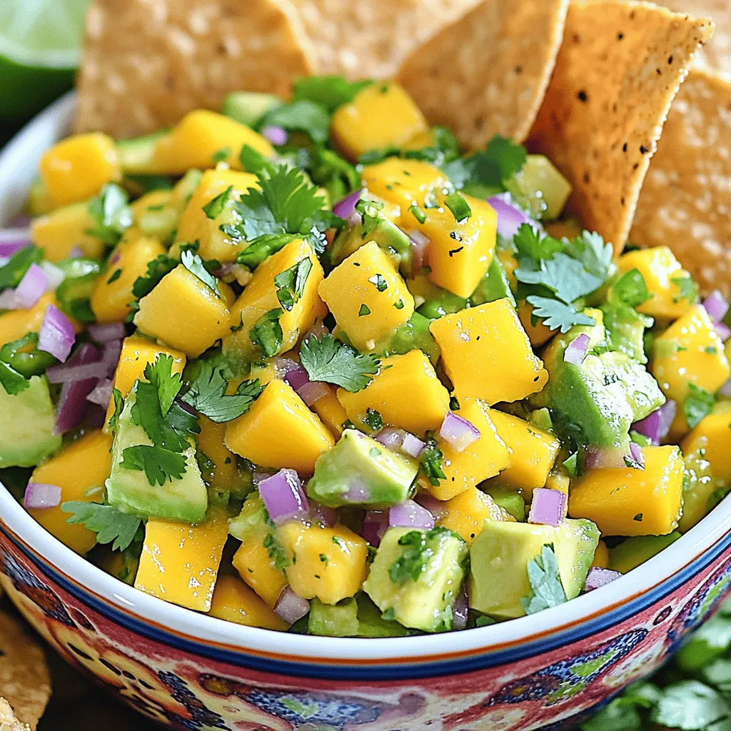 - 1 ripe mango, diced - 2 avocados, diced - 1 small red onion, finely chopped - 1 jalapeño, deseeded and minced - 1/4 cup fresh cilantro, chopped - Juice of 2 limes - Salt and pepper to taste - 1 tablespoon olive oil (optional) Mango avocado salsa shines with fresh, simple ingredients. Each one adds bright flavors. Start with a ripe mango. It should feel soft but not mushy. The mango adds sweetness and juiciness. Next, grab two avocados. They should also be ripe. When cut, they should be creamy and smooth. Avocados bring a rich texture to the salsa. Then, pick a small red onion. Chop it finely. This onion adds a nice crunch and a slight bite. For heat, use a jalapeño. Remove the seeds for less spice. Mince it well to mix evenly. Fresh cilantro brightens the salsa. Chop a quarter cup and sprinkle it in. The lime juice adds tang. Squeeze juice from two fresh limes for the best taste. If you like, drizzle in olive oil. It adds richness but is not necessary. Finally, add salt and pepper. These simple seasonings boost all the flavors. With these ingredients, you create a fresh and flavorful delight. Each bite bursts with taste and texture. Enjoy mixing them together! 1. Start by grabbing a large bowl. 2. Dice the ripe mango and avocados. 3. Combine the diced mango and avocados in the bowl. 4. Next, finely chop the red onion and mince the jalapeño. 5. Add both to the bowl with the fruit. 6. Chop fresh cilantro and sprinkle it over the mix. 7. Squeeze the juice of two limes into the bowl. 8. If you want, add a tablespoon of olive oil for richness. 9. Gently stir it all together. Be careful not to mush the avocados! 10. Season with salt and pepper to your liking. 11. If you want more tang, add extra lime juice. 12. Cover the bowl or use an airtight container. 13. Refrigerate for about 30 minutes. This helps the flavors mix well. - Serve the salsa in a bright bowl. - Top it with a few whole cilantro leaves for color. - Pair it with tortilla chips for a crunchy snack. - You can also use it as a tasty topping for grilled meats or tacos. - The fresh and vibrant flavors will impress your guests! To make a great mango avocado salsa, you need ripe fruit. Look for a mango that is slightly soft when you squeeze it. The skin should have a nice yellow hue with some red blush. For avocados, check for firmness. They should yield to gentle pressure but not feel mushy. To dice a mango, stand it upright and slice off the cheeks. Cut a grid pattern in the flesh without cutting through the skin. Then, scoop it out with a spoon. For avocados, cut them in half and twist to separate. Remove the pit and scoop the flesh out with a spoon. Then, slice it into cubes. You can boost the flavor of your salsa with spices. A pinch of cumin adds a warm note. A little minced garlic gives it a nice kick. Both spices will make your salsa even more exciting. Don’t forget about herbs! While cilantro is great, you can also try fresh basil or mint. These herbs add a unique twist to your salsa. Experiment to find your favorite combination. {{image_2}} You can make this salsa your own by using different ingredients. If you want a milder taste, swap the red onion for green onion. Green onions add a nice crunch and a subtle flavor. You can also play with fruits. Pineapple or peach work great in this salsa. They add a sweet twist that pairs well with mango and avocado. Don’t be afraid to mix and match based on your taste! This salsa is already vegan, which makes it a great choice for plant-based diets. You don’t need to change much. Just skip the olive oil if you want it lighter. If you are gluten-free, you can enjoy this salsa without worry. All the ingredients are gluten-free, so you can serve it with corn chips or fresh veggies. Enjoy it with your favorite foods while staying healthy! Mango avocado salsa is best when fresh. You can keep it in the fridge for about 2 to 3 days. To store it, place the salsa in an airtight container. This keeps it safe from air and moisture. If you want to keep the avocados from browning, add extra lime juice. The acid helps maintain the bright color and flavor. You can freeze mango avocado salsa, but it might change a bit. The texture of the avocado may become mushy after thawing. If you still want to freeze it, use a freezer-safe container. Leave some space at the top because it will expand. When you’re ready to use it, thaw the salsa in the fridge overnight. Once thawed, give it a good stir. You might need to add a bit of lime juice to refresh the taste. If some avocado looks brown, just mix it in. It will still taste great! You can serve Mango Avocado Salsa with many tasty dishes. It pairs well with tortilla chips for a great snack. You can also use it as a topping for grilled meats like chicken or fish. It adds a fresh touch to tacos or burritos. Try it on top of a salad for extra flavor. The options are endless! This salsa has a mild heat level. The jalapeño adds some spice, but you can adjust it. If you like it hotter, leave some seeds in the jalapeño. For less heat, use half a jalapeño or skip it altogether. You can also replace it with a sweet pepper for no spice. Yes, you can make this salsa ahead of time! It tastes even better after chilling. I recommend making it about 30 minutes before serving. This lets the flavors blend nicely. Just cover it with plastic wrap or keep it in an airtight container. It will stay fresh in the fridge for up to two days. Mango avocado salsa is fresh, tasty, and easy to make. You learned about the main ingredients, including ripe mango, avocado, and jalapeño. We walked through simple steps to mix and serve this salsa, along with tips for choosing the best produce. Remember, you can change up the flavors or ingredients to fit your taste. Store it correctly for later enjoyment. With these ideas, you can impress your friends at your next gathering. Enjoy creating this delicious dish that everyone will love!