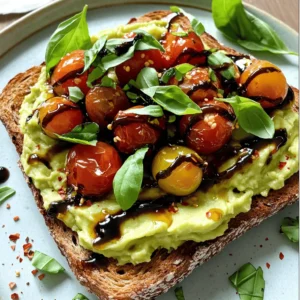 - Ripe avocados - Whole-grain bread - Cherry tomatoes - Balsamic vinegar - Honey - Olive oil - Fresh basil leaves - Crushed red pepper flakes - Salt and pepper to taste - Other seasoning suggestions For the best avocado toast, start with ripe avocados. They should give slightly when you press them. Use whole-grain bread for a healthy base. It adds fiber and flavor. Cherry tomatoes bring a sweet and juicy bite. Balsamic vinegar adds a tangy kick. You can add honey to sweeten the balsamic glaze. Olive oil adds richness to the mix. Fresh basil leaves brighten the dish with flavor. Crushed red pepper flakes add a nice kick if you like heat. Don't forget salt and pepper! They enhance the flavors. You can also try smoked paprika or garlic powder for a twist. Each ingredient works together to make your toast special. Enjoy mixing and matching these options! To make the balsamic glaze, I start by combining balsamic vinegar and honey in a small saucepan. I heat this mixture over medium heat. I bring it to a gentle simmer and cook it for about 5 to 7 minutes. You know it&rsquo;s ready when it thickens slightly. After that, I remove it from the heat and let it cool. While the glaze cools, I toast the whole-grain bread. You can use a toaster or a grill for this. I like my bread golden brown and crispy, so I keep an eye on it. Toasting adds a nice crunch. Next, I prepare the avocados. I cut them in half, remove the pit, and scoop the flesh into a bowl. Using a fork, I mash the avocados until smooth. I season them with salt and pepper for flavor. This gives a creamy texture that pairs well with the toast. In a skillet, I heat some olive oil over medium heat. I add the halved cherry tomatoes and saut&eacute; them for about 3 to 4 minutes. I want them to soften a bit but still hold their shape. A pinch of salt and pepper enhances their flavor. Now comes the fun part: assembling the toast! I spread a generous amount of the mashed avocado on each slice of toasted bread. Then, I top it with the saut&eacute;ed cherry tomatoes. This layering makes it visually appealing. Finally, I drizzle the cherry balsamic glaze over the avocado and tomato layers. For a lovely finish, I add fresh basil leaves on top. If I want a little heat, I sprinkle crushed red pepper flakes. This toast is now ready to enjoy! When you pick an avocado, check for ripeness. A ripe avocado feels slightly soft when you press it gently. Look for a smooth, dark green skin. Avoid avocados with large dark spots. If you find them, they are likely overripe. If you need to store avocados, keep them at room temperature until ripe. Once ripe, store them in the fridge to slow down the ripening process. To save time, do a few things ahead. You can toast bread while preparing the glaze. Another great tip is to mash avocados in advance. Just sprinkle them with lemon juice to keep them fresh. Cherry tomatoes can also be saut&eacute;ed ahead of time. Store them in a sealed container in the fridge. Avocado toast pairs well with many sides. A light salad with greens and lemon dressing complements it nicely. You can also serve it with hard-boiled eggs for extra protein. For drinks, try a refreshing iced tea or a smooth coffee. Both drinks enhance the meal's flavors and keep it simple. {{image_2}} You can make your avocado toast more fun by adding different toppings. Try fresh radishes for a crunch. Sliced cucumbers also add a cool touch. If you want protein, eggs are great. A poached or sunny-side-up egg works well. Smoked salmon is another tasty option. It gives a rich flavor that pairs well with avocado. Switching up the glaze can change the whole taste. Instead of balsamic, try a lemon or honey glaze. These will brighten your toast. You can also change your seasoning. Instead of just salt and pepper, try garlic powder or chili flakes. Adding herbs like dill or cilantro can give new life to your dish. The type of bread you choose can really change the toast. Whole-grain bread is a classic, but you can explore more. Gluten-free bread options are now easy to find. Sourdough bread adds a nice tang. Ciabatta or a crusty baguette also works well. Each bread brings its own flavor and texture to your avocado bliss. To keep guacamole fresh, put it in an airtight container. Press plastic wrap directly onto the surface. This helps stop air from reaching it. You can also add a bit of lime juice. It slows down browning. To prevent browning, always store your avocado with some air removed. If you have leftover mashed avocado, use it within one day. For leftover toast, wrap it in foil or parchment paper. This keeps it from getting too soggy. Store it in the fridge if you plan to eat it later. To reheat, pop it in the toaster or use an oven. Heat it at 350&deg;F for about 5 minutes. This way, it stays crispy and delicious. Avocados last about 3 to 5 days when ripe. If you store them in the fridge, they last longer. Cherry tomatoes can stay fresh for about a week. Keep them in a cool place. For other toppings, check their freshness. Most herbs last about a week in the fridge. Use fresh ingredients to make your toast taste great! To make the perfect avocado toast, focus on texture and flavor. Use ripe avocados; they should be soft but not brown. Mash them until creamy, adding salt and pepper for taste. Toast the bread until golden and crisp. Layer the mashed avocado generously on the bread. - Tips: - Add lemon juice to keep the avocado fresh. - Top with saut&eacute;ed cherry tomatoes for sweetness. - Drizzle with balsamic glaze for a tangy kick. Yes, you can prepare some parts of avocado toast in advance. You can toast the bread ahead of time. Store it in an airtight container to keep it crispy. - Options for meal prepping: - Mash avocados just before serving to avoid browning. - Saut&eacute; tomatoes in advance and store them in the fridge. - Prepare the balsamic glaze and keep it ready to drizzle. If you need a substitute for balsamic vinegar, try using apple cider vinegar or red wine vinegar. Both add acidity and flavor. - Alternative ingredients and flavor tips: - Mix honey with apple cider vinegar for sweetness. - Try a squeeze of fresh lemon juice for brightness. - Use soy sauce for a savory twist. Making avocado toast vegan is easy! Replace honey with maple syrup or agave syrup. - Vegan alternatives to honey and toppings: - Use nutritional yeast for a cheesy flavor. - Top with sliced radishes or cucumbers for crunch. - Add sprouts or nuts for extra protein. To make great avocado toast, you need simple ingredients and easy steps. Start with ripe avocados, whole-grain bread, and cherry tomatoes. You can add other flavors with optional items, like honey and fresh basil. Don't forget to create a tasty balsamic glaze for that finishing touch. Avocado toast is easy to prep and fun to customize. With these tips and variations, I hope you feel inspired to make yours unique. Enjoy this nutritious meal, and keep experimenting with new ideas to make your toast delicious!