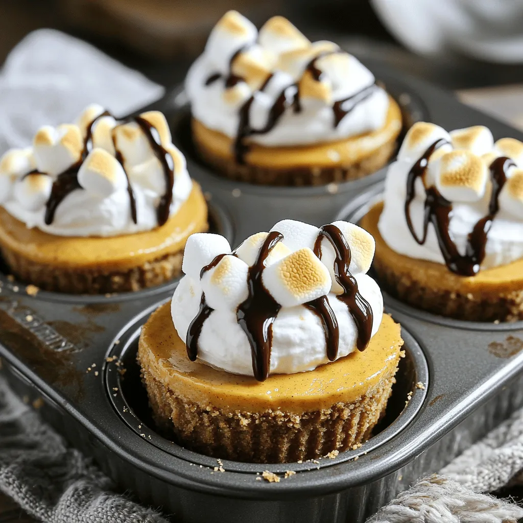 To create these tasty treats, gather the following ingredients: - 1 cup graham cracker crumbs - 4 tablespoons unsalted butter, melted - 1 cup canned pumpkin puree - 1 cup cream cheese, softened - 1/2 cup granulated sugar - 1/4 cup brown sugar - 2 teaspoons vanilla extract - 1 teaspoon pumpkin pie spice - 2 large eggs - 1 cup mini marshmallows - 1/2 cup chocolate chips - Whipped cream for topping - Chocolate syrup for drizzling These ingredients blend together to create a creamy, pumpkin-flavored cheesecake. The graham cracker crumbs act as a crunchy base. The pumpkin puree brings a rich flavor, while the cream cheese gives a smooth texture. You can customize your S'mores Pumpkin Cheesecake Cups. Here are some ideas: - Add crushed graham crackers on top for extra crunch. - Use caramel sauce instead of chocolate syrup for a different taste. - Swap mini marshmallows for larger ones or add peanut butter cups for fun. These variations let you make the dessert your own. Experiment with toppings to find your favorite mix. When selecting ingredients, freshness matters. Here are some tips: - Look for canned pumpkin with no added sugars or spices. - Choose cream cheese that is smooth and free from lumps. - Check the expiration dates on all products before buying. Fresh ingredients enhance flavor and texture. Always choose the best to make your S'mores Pumpkin Cheesecake Cups shine. First, set your oven to 325°F (163°C). Grab a muffin tin and line it with cupcake liners. In a medium bowl, mix the graham cracker crumbs with melted butter. Make sure it’s well combined. Spoon about 2 tablespoons of this mix into each muffin cup. Press down firmly. This forms a nice, sturdy crust for your cheesecake cups. Next, take a large mixing bowl. Beat the softened cream cheese with a hand mixer until it’s smooth. Add in the pumpkin puree, granulated sugar, brown sugar, vanilla extract, pumpkin pie spice, and eggs. Mix everything together until fully combined. Scrape the sides of the bowl as needed. The mixture should be creamy and smooth. Now, pour the pumpkin cheesecake mixture over the crusts in the muffin tin. Fill each cup about three-quarters full. Place the muffin tin in the oven and bake for about 25 to 30 minutes. The filling should set and have a slight jiggle in the center. After baking, sprinkle mini marshmallows on top. Return the tin to the oven for an extra 2 to 3 minutes. The marshmallows should turn golden and gooey. Once they’re done baking, take the cheesecake cups out of the oven. Let them cool at room temperature first. Then, place them in the fridge for at least 2 hours. This helps them set properly. When ready to serve, add a dollop of whipped cream on top. Drizzle with chocolate syrup and sprinkle more graham cracker crumbs for that extra touch. Enjoy your delicious treat! To get that perfect creamy texture in your cheesecake cups, mix the cream cheese first. Ensure it is soft before you add anything else. This makes mixing easier and smoother. After adding the pumpkin puree and sugars, mix well until there are no lumps. Don't overbeat the eggs; just mix until they blend in. This helps keep a nice texture without air bubbles. To get those beautiful golden marshmallows, watch them closely while they bake. After the cheesecake cups are done, sprinkle mini marshmallows on top. Then, return them to the oven for just 2-3 minutes. The goal is to melt them slightly and get that nice golden color. If they brown too fast, you can turn off the oven and let the residual heat finish the job. Cracks can be a real bummer, but there are ways to avoid them. First, make sure your ingredients are at room temperature. Cold ingredients can lead to uneven cooking. Bake at a low temperature, like 325°F, for even cooking. Once done, let them cool slowly in the oven with the door slightly open. This helps prevent sudden temperature changes, which cause cracks. {{image_2}} You can add chocolate chips for a fun twist. Just mix 1/2 cup of chocolate chips into the pumpkin cheesecake filling. This change gives your dessert extra sweetness and richness. The melted chocolate adds a nice texture too. You can also sprinkle some chocolate chips on top before baking for a more decadent treat. If you want to try a different shape, make mini s'mores cheesecake bars. Use a baking dish instead of muffin cups. Press the graham cracker mixture into the bottom and pour the filling on top. Bake it as you would the cups. Once cooled, cut into squares and top with mini marshmallows and chocolate syrup. These bars are perfect for sharing at parties. You can make these cups gluten-free by using gluten-free graham crackers. For a vegan option, swap the cream cheese for a vegan cream cheese alternative. Use flax eggs instead of regular eggs. Mix 1 tablespoon of ground flaxseed with 2.5 tablespoons of water for each egg. This change keeps the texture creamy while making it plant-based. Always check labels to ensure all ingredients fit your dietary needs. To keep your S'mores Pumpkin Cheesecake Cups fresh, store them in a sealed container. I recommend using an airtight container. This helps keep the flavors strong and the texture smooth. Place a layer of parchment paper between layers if stacking them. This will prevent sticking. When stored properly, these cheesecake cups last about 5 days in the fridge. Just make sure to keep them covered. If you notice any changes in color or smell, it’s best to toss them out. You want to enjoy them at their best! You can freeze the cheesecake cups for up to 3 months. First, make sure they are fully cool. Wrap each cup tightly in plastic wrap. Then, place them in a freezer-safe bag or container. When ready to eat, pull them out and let them thaw in the fridge. Avoid refreezing once they have thawed. Enjoy your tasty treats later! Yes, you can make these cups ahead. Prepare them up to 2 days in advance. Once baked, cool them, then chill in the fridge. This lets the flavors blend nicely. Just add toppings before serving to keep them fresh. To adjust sweetness, change the sugar amounts. You can add less granulated sugar. If you want more sweetness, add a bit more brown sugar. Taste the mixture before baking to find the right balance for you. If you don’t have mini marshmallows, use whipped cream. You can also try marshmallow fluff for a smooth texture. Another tasty option is small pieces of chocolate or even toasted coconut for a unique twist. In this post, we covered how to make S'mores Pumpkin Cheesecake Cups. We detailed essential ingredients, offered baking tips, and shared fun variations. You learned how to select fresh ingredients and get that perfect texture. Remember, small tweaks can change your dessert game. Whether you try the gluten-free option or the mini bars, have fun creating. With proper storage, you can enjoy these treats for days. Embrace your creativity and make this dessert your own!