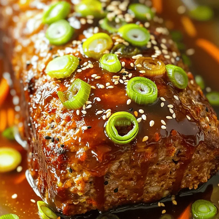 To make teriyaki glazed meatloaf, you need some basic items. Here’s what to gather: - 1 lb ground beef (or a mix of beef and pork) - 1 cup breadcrumbs - 1/2 cup finely chopped onion - 1/4 cup grated carrot - 2 cloves garlic, minced - 1 large egg - 1/4 cup milk - 1/4 teaspoon black pepper - 1/4 teaspoon salt - 1/4 cup teriyaki sauce (plus extra for glazing) These ingredients form the heart of the dish. The ground meat gives it structure, while the breadcrumbs add softness. Onions and garlic bring flavor, and the egg helps bind it all together. You can customize your meatloaf with extra ingredients. Here are some suggestions: - Add 1 tablespoon of soy sauce for more umami. - Use ginger for a fresh kick. - Mix in chopped bell peppers for crunch. - Try herbs like cilantro for a twist. If you need to adjust for diet, use ground turkey or lentils instead of meat. This keeps the dish hearty and tasty. Garnishing can elevate your dish. Here are some ideas: - Sprinkle sesame seeds on top before serving. - Add sliced green onions for freshness. For side dishes, consider serving it with: - Steamed broccoli for color and health. - Rice or quinoa to soak up the teriyaki sauce. - A simple salad for a light touch. These choices make your meal more balanced and visually appealing. Enjoy the blend of flavors and textures! First, gather all your ingredients. You will need: - 1 lb ground beef (or a mix of beef and pork) - 1 cup breadcrumbs - 1/2 cup finely chopped onion - 1/4 cup grated carrot - 2 cloves garlic, minced - 1 large egg - 1/4 cup milk - 1/4 teaspoon black pepper - 1/4 teaspoon salt - 1/4 cup teriyaki sauce (plus extra for glazing) - 1 tablespoon sesame seeds (for garnish) - 2 green onions, sliced (for garnish) Start by preheating your oven to 350°F (175°C). In a large bowl, combine the ground beef, breadcrumbs, chopped onion, grated carrot, and minced garlic. Next, add the egg and milk. Mix it all well until combined. Now, season the mixture with salt, black pepper, and 1/4 cup of teriyaki sauce. Make sure everything is evenly mixed. It should feel moist but hold together well. Shape the mixture into a loaf and place it in a greased loaf pan or on a lined baking sheet. This helps in easy removal later. Bake the meatloaf in your preheated oven. Set the timer for 45 to 55 minutes. The meatloaf should cook until it reaches an internal temperature of 160°F (70°C). To check doneness, use a meat thermometer. Insert it into the center of the loaf. If it reads 160°F, your meatloaf is done. If not, give it more time in the oven. About 10 minutes before the meatloaf finishes baking, brush the top with extra teriyaki sauce. This adds a sweet and shiny glaze. While applying the glaze, focus on covering the top evenly. This helps the flavor spread throughout the meatloaf as it cooks. Once it’s done, let it rest for 10 minutes before slicing. This keeps the juices inside and makes for a tasty meal. To keep your meatloaf moist, milk and egg are key. Milk adds creaminess, while the egg binds the mixture. This combo helps prevent a dry loaf. When mixing, avoid overworking the meat. Gently combine the ingredients to keep the texture light. A well-mixed meatloaf keeps its shape and is easy to slice. The best internal temperature for meatloaf is 160°F (70°C). Use a meat thermometer to check. This step ensures it’s fully cooked but not dry. After baking, let the meatloaf rest for 10 minutes. This resting time allows juices to settle, making each slice juicy and flavorful. Try adding spices like garlic powder or onion powder for extra depth. Fresh herbs like parsley or cilantro can brighten the taste. You can also experiment with different marinades or sauces. Soy sauce or hoisin sauce can give a unique twist to the teriyaki flavor. These small changes can make your meatloaf even more delicious. {{image_2}} You can swap out ground beef for leaner meats. Ground turkey or chicken works great. They keep the dish light while still being tasty. If you want a vegetarian option, use lentils or mushrooms. Both add great texture and flavor. To change the flavor, try adding some heat. A dash of chili flakes gives a nice kick. You can also mix in other Asian flavors. Ginger, hoisin, or even sriracha can bring new life to this dish. Don't be afraid to get creative! If you want to try something new, use a slow cooker. It makes the meatloaf super moist and tender. Just adjust the cooking time to about six hours on low. For a smoky taste, grill or smoke the meatloaf. It adds a nice char and enhances the flavor. Just remember to monitor the temperature closely! To store leftover meatloaf, let it cool first. Wrap it well or place it in an airtight container. This keeps it fresh and tasty. You can use glass or plastic containers for storage. Make sure they seal tightly to avoid air getting in. For freezing, cut the meatloaf into slices. Wrap each slice in plastic wrap, then place them in a freezer bag. This helps keep them from freezer burn. To reheat, let the slices thaw in the fridge overnight. You can warm them in the oven at 350°F until hot. The microwave works too, but be careful not to overcook them. Teriyaki glazed meatloaf lasts about 3 to 4 days in the fridge. In the freezer, it can last up to 3 months. Check for signs of spoilage before eating. If it smells bad or has a strange color, it’s best to throw it away. Always be safe with leftovers! What if I don’t have teriyaki sauce? If you lack teriyaki sauce, you can mix soy sauce with honey or brown sugar. This mix gives a sweet and salty flavor similar to teriyaki. You can also add garlic and ginger for an extra kick. Can I make meatloaf in advance? Yes, you can prepare meatloaf ahead of time. Shape it and store it in the fridge for up to 24 hours before baking. This saves time on busy days. You can also freeze it for longer storage. What’s the best way to serve leftover meatloaf? To serve leftover meatloaf, slice it and reheat in the oven or microwave. Drizzle with more teriyaki sauce for added flavor. You can also make meatloaf sandwiches with your favorite bread. Why is my meatloaf falling apart? If your meatloaf falls apart, it may be due to too few binding agents. Ensure you use enough breadcrumbs and egg. Mixing the meatloaf well helps it hold together. How do I know when the meatloaf is done? To check if meatloaf is done, use a meat thermometer. It should reach an internal temperature of 160°F (70°C). The meatloaf should also be firm and no longer pink inside. Caloric content per serving Each serving of teriyaki glazed meatloaf has about 250-300 calories. This varies based on the meat used and any added ingredients. Health benefits of the ingredients used The meat provides protein for muscle health. Onions and carrots add vitamins and minerals. Teriyaki sauce gives a nice flavor while offering some antioxidants. Overall, this dish can be part of a balanced meal. In this post, we explored making teriyaki glazed meatloaf. We discussed key ingredients, cooking steps, and tips to keep it moist. Variations offered options for everyone, from meat lovers to those on special diets. Storing and reheating leftovers helps minimize waste. With the right techniques, you can enjoy this dish in many ways. Experiment with flavors and spices, and make it your own. Enjoy making a meal that pleases everyone at the table!