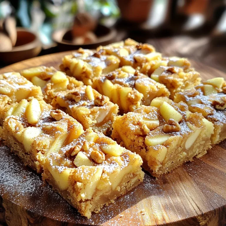 To make your apple blondies, gather these key ingredients: - 1 cup unsalted butter, melted - 1 cup brown sugar, packed - 2 large eggs - 2 teaspoons vanilla extract - 2 cups all-purpose flour - 1 teaspoon baking powder - 1/2 teaspoon baking soda - 1/2 teaspoon salt - 1 teaspoon ground cinnamon - 1 1/2 cups peeled and diced apples (about 2 medium apples) - 1/2 cup chopped walnuts (optional) These ingredients create a soft and sweet base, filled with juicy apple pieces. For the finishing touch, you will need these items for the cinnamon glaze: - 1 cup powdered sugar - 2 tablespoons milk - 1 teaspoon ground cinnamon Mix these together for a creamy and sweet glaze that adds flavor and beauty. You can add a twist to your blondies with these optional ingredients: - 1/2 cup raisins or dried cranberries - 1 teaspoon nutmeg for extra spice Feel free to get creative! These additions can enhance the texture and taste. First, set your oven to 350°F (175°C). Grease a 9x13 inch baking pan or line it with parchment paper. This makes it easy to remove the blondies later. In a large bowl, mix 1 cup of melted butter with 1 cup of packed brown sugar. Whisk them together until smooth. Next, add 2 large eggs one by one. Stir in 2 teaspoons of vanilla extract until the mixture looks fluffy. In another bowl, whisk together 2 cups of all-purpose flour, 1 teaspoon of baking powder, 1/2 teaspoon of baking soda, 1/2 teaspoon of salt, and 1 teaspoon of ground cinnamon. Gradually add this dry mix to the wet mixture. Stir gently until just combined. Be careful not to overmix! Now fold in 1 1/2 cups of peeled and diced apples, which is about 2 medium apples. If you like, add 1/2 cup of chopped walnuts for some crunch. Pour the batter into your prepared baking pan. Use a spatula to spread it evenly. Bake them for 25 to 30 minutes. To check if they are done, insert a toothpick in the center. If it comes out clean, they are ready! Once they’re done, take them out of the oven and let them cool in the pan for about 10 minutes. After that, move them to a wire rack to cool completely. While the blondies cool, prepare the cinnamon glaze. In a small bowl, mix 1 cup of powdered sugar with 2 tablespoons of milk and 1 teaspoon of ground cinnamon. Whisk until it’s smooth and pourable. Once the blondies are cool, drizzle the glaze over them. Let the glaze set a little before you cut them into squares. Enjoy this sweet treat! To keep your blondies fresh, store them in an airtight container. Place a piece of parchment paper between layers to prevent sticking. You can keep them at room temperature for up to three days. For longer storage, refrigerate them for about a week. You can also freeze blondies for up to three months. Make sure to wrap them tightly in plastic wrap and then place them in a freezer bag. For the best blondies, follow these baking tips: - Use room temperature ingredients: This helps the mixture blend smoothly. - Don’t overmix: Stir just until combined to keep them soft and chewy. - Check for doneness: Insert a toothpick in the center. It should come out clean or with a few moist crumbs. - Cool before cutting: Let them cool in the pan for at least 10 minutes. This helps them set properly. Avoid these common mistakes for great blondies: - Using cold butter: This can lead to a dense texture. - Skipping the salt: Salt enhances the flavors, so don’t leave it out. - Overbaking: Keep an eye on your blondies. They can dry out quickly if baked too long. - Not measuring ingredients correctly: Use a kitchen scale or proper measuring cups for accuracy. {{image_2}} You can make Apple Blondies healthier with easy swaps. Instead of unsalted butter, try using coconut oil. It adds a nice flavor and keeps the blondies moist. You can replace brown sugar with maple syrup or honey. Just use a little less because these sweeteners are sweeter. For the eggs, flax eggs work well. Mix one tablespoon of flaxseed meal with two and a half tablespoons of water. Let it sit for five minutes until it thickens. Want to change the flavor based on the season? In fall, add pumpkin spice to the batter. This adds warmth and a cozy taste. For winter, try adding a bit of nutmeg or ginger for a spicy kick. In spring, mix in fresh berries for a bright twist. You can also substitute apples with pears or peaches in summer. Each fruit brings a unique flavor that can change your blondies. If you need gluten-free blondies, swap all-purpose flour with gluten-free flour blends. Make sure the blend contains xanthan gum for better texture. You can also use almond flour, which gives a nutty taste. Just remember, almond flour may need a bit more liquid. Lastly, always check your baking powder and other ingredients to ensure they are gluten-free. Enjoy delicious blondies that fit your needs! To keep your apple blondies fresh, store them in an airtight container. This helps prevent drying out. If you stack them, place parchment paper between layers. This way, they won’t stick together. Keep the container in a cool, dry area. Avoid sunlight or heat, as they can spoil faster. Apple blondies stay fresh for about a week in the fridge. Make sure they are in a tight container. If you notice any change in smell or texture, it’s best to toss them. You can enjoy them cold or warm them slightly in the microwave for a cozy treat. Freezing apple blondies is easy. Here’s how: 1. Cool Completely: Let the blondies cool down completely before freezing. This prevents ice crystals. 2. Slice: Cut them into squares for easy serving later. 3. Wrap: Wrap each piece tightly in plastic wrap. 4. Bag: Place the wrapped blondies in a freezer-safe bag. 5. Label: Don’t forget to label the bag with the date. 6. Freeze: Store them in the freezer for up to three months. When you’re ready to enjoy, thaw them in the fridge overnight. You can also warm them in the oven for a few minutes to revive their delicious taste. Enjoy your treats anytime! Yes, you can use other fruits! Pears or peaches work well. You can also try berries for a twist. Just make sure to chop the fruit into small pieces. This keeps the texture nice in the blondies. Remember, the fruit you choose should be sweet and ripe for the best flavor. To check if the blondies are done, insert a toothpick in the center. If it comes out clean or with a few crumbs, they are ready. If the toothpick has wet batter, they need more time. Keep an eye on them after 25 minutes. They can bake for up to 30 minutes. If you don’t like walnuts, you have options. You can use pecans or almonds instead. If you want a nut-free version, try using chocolate chips or dried fruits. Both will add great flavor and sweetness. Just make sure to keep the same amount as the walnuts. You now have all the tools to make delicious apple blondies. We covered the key ingredients, steps for perfect baking, and some smart tips. You can even try different flavors or healthy swaps to make it your own. Remember to store your blondies right, so they stay fresh. If you're unsure about any aspect, check the FAQs to get the answers you need. Enjoy baking and experimenting with your new recipes!