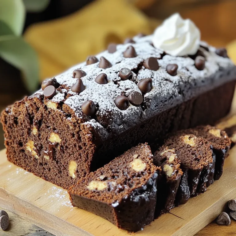 To make your Chocolate Espresso Loaf, gather these ingredients: - 1 ½ cups all-purpose flour - 1 cup granulated sugar - ½ cup unsweetened cocoa powder - 1 teaspoon baking powder - ½ teaspoon baking soda - ¼ teaspoon salt - 2 large eggs - ½ cup vegetable oil - 1 cup brewed espresso, cooled - 1 teaspoon vanilla extract - ½ cup semi-sweet chocolate chips - ¼ cup chopped walnuts (optional) You can make some changes if needed. If you run out of all-purpose flour, whole wheat flour works well. For sugar, you can use brown sugar for a deeper flavor. If you want less caffeine, try decaf espresso. For eggs, use flaxseed meal mixed with water for a vegan option. You can also substitute vegetable oil with melted coconut oil for a unique twist. Using high-quality ingredients makes a big difference in taste. Choose unbleached flour for a richer texture. Look for premium cocoa powder; it gives a bold chocolate flavor. Your espresso should be freshly brewed for the best aroma. Select chocolate chips with a high cocoa content for a deeper taste. Always use fresh eggs for the best rise and moisture in your loaf. Start by preheating your oven to 350°F (175°C). Grab a 9x5 inch loaf pan and grease it well to prevent sticking. In a large bowl, mix together the dry ingredients: 1 ½ cups flour, 1 cup sugar, ½ cup cocoa powder, 1 teaspoon baking powder, ½ teaspoon baking soda, and ¼ teaspoon salt. Whisk them until they blend nicely. In a separate bowl, beat 2 large eggs. Then, add ½ cup vegetable oil, 1 cup cooled espresso, and 1 teaspoon vanilla extract. Stir this mixture until it is smooth. Next, pour the wet mix into the dry mix. Gently fold them together until just combined. It’s key to avoid overmixing at this stage. After that, fold in ½ cup semi-sweet chocolate chips and, if you like, ¼ cup chopped walnuts. This will add a nice crunch and depth to your loaf. When pouring the batter into the loaf pan, use a spatula to smooth the top. This helps it bake evenly. Bake in your preheated oven for about 55 to 60 minutes. Each oven is a bit different, so keep an eye on your loaf. If you notice it browning too fast, you can cover it loosely with foil. To check if your loaf is done, insert a toothpick into the center. If it comes out clean or with a few crumbs, it's ready. If you see wet batter, give it a few more minutes. Once baked, take it out and let it cool in the pan for 10 minutes. This helps it firm up. After that, move it to a wire rack to cool completely. Enjoy the rich aroma while it cools! To make your Chocolate Espresso Loaf even better, you can add a few things. Try using dark chocolate chips instead of semi-sweet ones for a richer taste. You can also sprinkle some sea salt on top before baking. This adds a nice flavor contrast. If you love nuts, add more walnuts or try pecans. They give a nice crunch. One big mistake is overmixing the batter. This can make your loaf tough. Mix just until combined. Another mistake is not measuring ingredients correctly. Use a kitchen scale for accuracy. Also, make sure your espresso is cooled before adding it. Hot espresso can cook the eggs. Lastly, don't skip greasing the pan. This helps the loaf come out clean. To keep your loaf moist, use oil instead of butter. Oil keeps the loaf soft for longer. Make sure not to bake it too long. Check doneness with a toothpick. It should come out clean but not dry. Adding yogurt or sour cream can also help. Mix a little into your batter for extra moisture. {{image_2}} You can add nuts to your loaf for extra crunch. I suggest using walnuts. They add a nice flavor that pairs well with chocolate and espresso. Simply fold in ¼ cup of chopped walnuts when you mix in the chocolate chips. If you want a different nut, try pecans or hazelnuts. They will also taste great in the loaf. To change the flavor of your loaf, you can add spices or extracts. A pinch of cinnamon gives warmth and depth. For a twist, try adding a teaspoon of almond extract instead of vanilla. You can also use orange zest for a fresh, fruity note. These additions will make your loaf unique and exciting. You can make this loaf gluten-free by using a gluten-free flour blend. Make sure it includes xanthan gum to help with texture. For a vegan option, replace the eggs with flax eggs. Mix one tablespoon of ground flaxseed with three tablespoons of water. Let it sit for five minutes to thicken. Use this in place of each egg in the recipe. These swaps keep the loaf delicious and suitable for different diets. To keep your Chocolate Espresso Loaf fresh, wrap it tightly in plastic wrap. You can also use aluminum foil. Store it at room temperature for up to three days. For longer storage, place it in the fridge. Just make sure to wrap it well to avoid drying out. Freezing is a great option for long-term storage. First, let the loaf cool completely. Then, slice it into pieces. Wrap each slice in plastic wrap, then place them in a freezer bag. This way, you can enjoy a slice whenever you want! The loaf can last in the freezer for up to three months. Reheating is simple and quick. If you want a warm slice, take it out of the fridge. Place it in the microwave for about 10 to 15 seconds. For frozen slices, thaw them in the fridge overnight. Then, reheat in the microwave or toast them in a toaster oven. This brings back the fresh-baked taste! Yes, you can use instant coffee instead of brewed espresso. Just mix 1 tablespoon of instant coffee with 1 cup of hot water. Stir until the coffee dissolves. This will give your loaf a nice coffee flavor. However, brewed espresso has a richer taste. If you want a deeper flavor, stick with the espresso. To check if your loaf is fully baked, insert a toothpick into the center. If it comes out clean, the loaf is ready. If it has wet batter on it, bake for a few more minutes. Also, the loaf should spring back when gently pressed. A golden-brown top is another good sign. Chocolate Espresso Loaf is great for many occasions. Serve it at a brunch with friends. It makes a lovely dessert for a dinner party. You can also enjoy it with coffee in the afternoon. Birthdays or holidays are perfect times too. This loaf is a crowd-pleaser for any celebration. You learned how to make a delicious Chocolate Espresso Loaf. We covered the key ingredients, step-by-step instructions, and tips for success. Remember, use quality ingredients and avoid common mistakes for the best results. Variations allow you to create new flavors or cater to dietary needs. Store leftovers properly to enjoy later. This loaf suits many occasions, making it a versatile treat. Enjoy baking and share your tasty results!