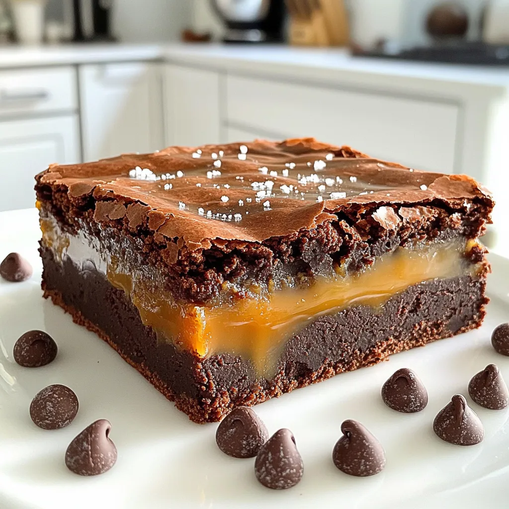 - 1 cup unsalted butter (2 sticks) - 2 cups granulated sugar - 4 large eggs - 1 teaspoon vanilla extract - 1 cup all-purpose flour - 1 cup unsweetened cocoa powder - 1 teaspoon baking powder - 1/2 teaspoon salt - 1 cup semi-sweet chocolate chips - 1 cup soft caramel candies (unwrapped) - 1/2 teaspoon sea salt (for topping) These ingredients create a rich and gooey brownie base. The butter adds moisture, while sugar gives sweetness. Eggs help bind everything together. Vanilla extract adds depth to the flavor. The dry ingredients bring balance. Flour provides structure, and cocoa powder gives that chocolatey taste. Baking powder helps the brownies rise, while salt enhances all the flavors. The chocolate chips add bursts of chocolate throughout. Soft caramel candies melt beautifully, creating a luscious layer. Topping with sea salt adds a perfect contrast to the sweetness. Each ingredient plays a role in making these salted caramel brownies truly special. Use fresh, high-quality items for the best results. Enjoy the process of gathering these ingredients; they set the stage for a tasty treat! 1. Preheat your oven to 350°F (175°C). Grease a 9x13-inch baking pan. Line it with parchment paper, letting the paper hang over the sides. This helps with easy removal later. 2. In a medium saucepan, melt 1 cup of unsalted butter over low heat. Add 2 cups of granulated sugar. Stir until the mix is smooth and combined. Remove from heat and let it cool slightly. 1. Stir in 4 large eggs, one at a time. Make sure each egg is blended well. 2. Add 1 teaspoon of vanilla extract to the mixture. 3. In a separate bowl, whisk together 1 cup of all-purpose flour, 1 cup of unsweetened cocoa powder, 1 teaspoon of baking powder, and 1/2 teaspoon of salt. 4. Gradually mix the dry ingredients into the wet mixture. Stir until just combined. Then, fold in 1 cup of semi-sweet chocolate chips. 1. Pour half of the brownie batter into the prepared pan. Spread it evenly across the bottom. 2. In a small bowl, melt 1 cup of soft caramel candies in the microwave for about 30 seconds until smooth. Drizzle this melted caramel over the brownie layer. 3. Carefully spread the remaining brownie batter on top of the caramel layer. Ensure it is evenly distributed. 1. Bake in the preheated oven for 25-30 minutes. Check for doneness by inserting a toothpick in the center. It should come out with moist crumbs, not wet batter. 2. Once baked, remove from the oven and sprinkle 1/2 teaspoon of sea salt over the top while it's warm. Let the brownies cool completely in the pan. Use the parchment paper to lift them out. 3. After cooling, cut into squares or rectangles and serve. To get the best texture in your brownies, avoid overmixing. Once you add the dry ingredients, stir just until combined. This keeps your brownies soft and chewy. If you mix too much, they can turn out tough and dry. Even baking is key for a great brownie. Make sure your oven is preheated correctly. Place the pan in the center of the oven for even heat. Rotate the pan halfway through baking for a perfect bake. For the best salted caramel taste, use high-quality caramel candies. Soft caramels melt well and create a rich flavor. You can even make your own caramel if you're feeling adventurous. Adjust the sweetness with toppings. A sprinkle of sea salt enhances the caramel taste. If you want less sweetness, use dark chocolate chips. This gives a nice contrast to the caramel. Presentation can make your brownies stand out. Serve them in a stack for a fun look. Dust them with cocoa powder or powdered sugar for extra flair. You can also add a scoop of vanilla ice cream on the side. This adds a creamy element that pairs well with the rich brownies. A drizzle of chocolate sauce can also add a nice touch. {{image_2}} You can make these brownies even more exciting! Try adding chopped nuts like walnuts or pecans for a crunchy texture. You can also mix in other types of chocolate. Dark chocolate or white chocolate chips can add a new flavor twist. You might also consider flavored caramel. Salted caramel adds richness, while vanilla caramel gives a sweet note. Want gluten-free brownies? Just use gluten-free all-purpose flour instead of regular flour. This simple swap makes a big difference! For a vegan option, replace eggs with flax eggs. Mix one tablespoon of ground flaxseed with three tablespoons of water. Let it sit for five minutes to thicken. Use coconut oil instead of butter for a rich taste. Get creative with seasonal flavors! For holidays, add peppermint extract for a festive touch. You might also fold in crushed candy canes for extra color and crunch. During fall, stir in pumpkin spice or chopped apples for a cozy feel. For summer, try a fruity twist by adding fresh berries or citrus zest. Each season brings new ways to enjoy these delicious brownies! To keep your salted caramel brownies fresh, follow these simple steps: - Cool Completely: Let the brownies cool fully in the pan. - Use Airtight Containers: Store them in a tight container. This keeps moisture in and air out. - Layer with Parchment: Place a piece of parchment paper between layers if stacking. This prevents sticking. Freezing brownies allows you to enjoy them later. Here’s how to do it: - Wrap Well: Cut brownies into squares. Wrap each piece in plastic wrap. Then, put them in a freezer bag. - Label and Date: Write the date on the bag. This helps track how long they’ve been frozen. For thawing: - Leave at Room Temperature: Take out the brownies and let them sit for about 30 minutes. They taste best this way. - Microwave Heating: If you want them warm, use the microwave for 10-15 seconds. Salted caramel brownies can last for a while if stored right: - At Room Temperature: They stay fresh for up to 5 days. - In the Fridge: They can last up to 10 days in the fridge. Watch for signs of spoilage: - Dry or Hard Texture: If they feel dry, it’s time to toss them. - Unpleasant Smell: A strange smell means they have gone bad. Enjoy these delicious brownies while they are fresh! Can I use dark chocolate instead of semi-sweet? Yes, you can use dark chocolate. It will add a richer taste. Just keep in mind that it will make the brownies less sweet. If you like dark chocolate, go for it! How do I prevent the caramel from burning? To prevent burning, melt the caramel on low heat. Stir it often and keep an eye on it. If it looks too thick, you can add a little cream to keep it smooth. What pairs well with salted caramel brownies? These brownies pair well with vanilla ice cream. The cold ice cream balances the warm, gooey brownies. You can also serve them with a drizzle of chocolate sauce for extra flavor. Can I serve them warm or cold? You can serve them either way! Warm brownies are soft and gooey. Cold brownies are fudgy and rich. It’s all about your personal choice. What can I use instead of soft caramel candies? If you cannot find soft caramel candies, try using caramel sauce. You can also use homemade caramel if you have the time. Just make sure it’s thick enough to layer. Are there alternatives to butter for a healthier option? Yes, you can use coconut oil or applesauce instead of butter. Coconut oil gives a nice flavor, while applesauce keeps the brownies moist without added fat. This blog post covered how to make delicious salted caramel brownies. We talked about the main and dry ingredients, plus tips for mixing and baking. You learned how to layer your brownies for the best flavor and texture. I shared variations to fit dietary needs and seasonal occasions. Remember to store them properly for the best taste. With these steps, you'll bake tasty brownies that impress everyone. Enjoy your baking journey and happy treating!